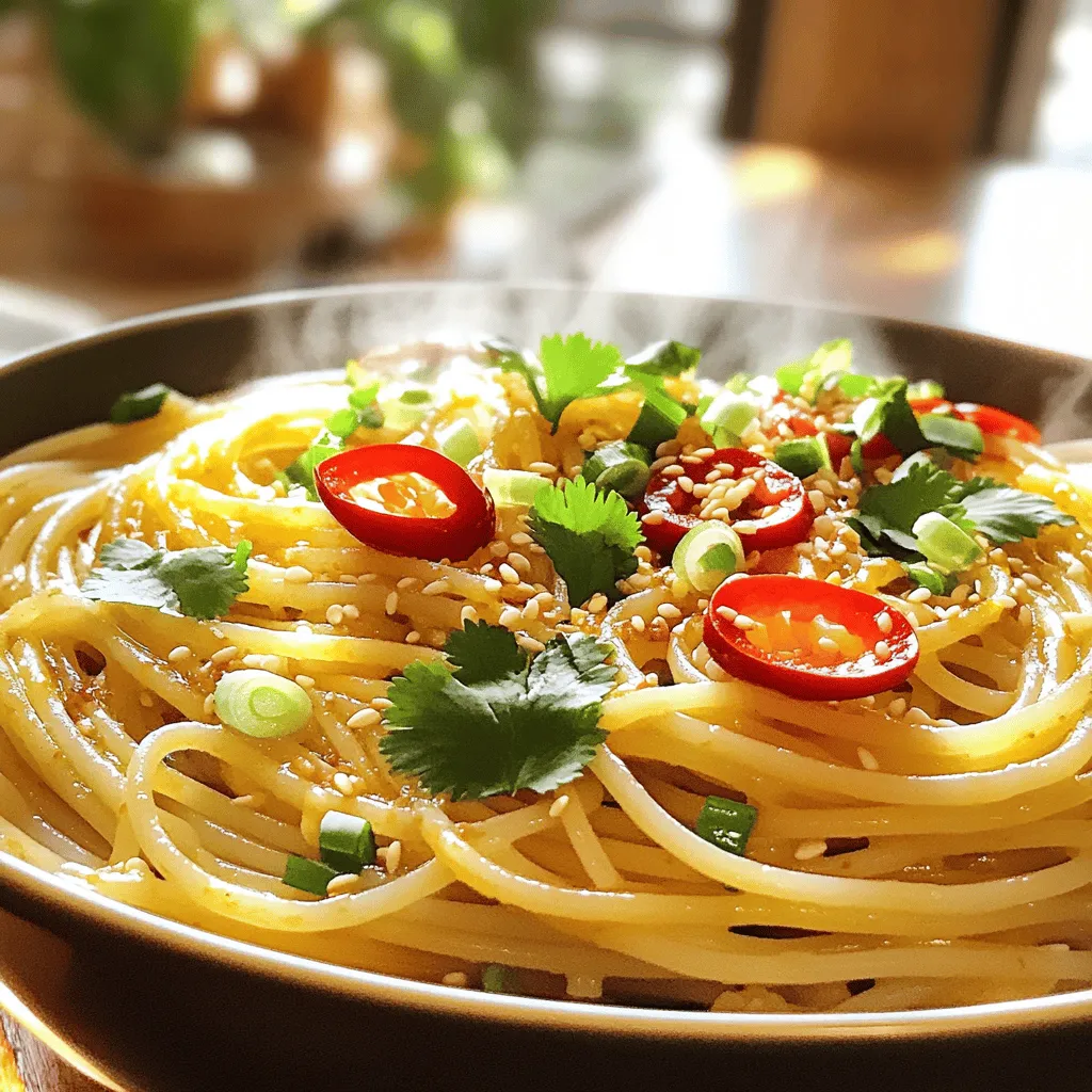- 8 oz linguine or spaghetti - 4 tablespoons extra virgin olive oil - 6 cloves garlic, finely minced - 1 red chili pepper, thinly sliced (adjust for desired heat level) - 1 tablespoon fresh ginger, grated - 2 tablespoons low-sodium soy sauce - 1 tablespoon toasted sesame oil - 1 tablespoon rice vinegar - 2 green onions, finely chopped - 1/4 cup fresh cilantro, finely chopped - Salt and freshly ground black pepper to taste - Crushed red pepper flakes (optional, for an added kick) If you need gluten-free options, use rice noodles or gluten-free spaghetti. These choices still taste great and keep the dish light. For vegan options, swap the soy sauce with tamari and skip the sesame oil. You can also add some tofu for protein. In your pantry, keep low-sodium soy sauce, ginger, and garlic on hand. These are key for many recipes. Plus, they add great flavor. Don't forget your fresh herbs. They make any dish pop with taste! For the full recipe, check the cooking details and enjoy making this dish your own. 1. Start with a big pot of water. Add a pinch of salt and bring it to a boil. 2. Once the water is bubbling, toss in 8 oz of linguine or spaghetti. 3. Cook the pasta for about 8-10 minutes, or until it is al dente. 4. Drain the noodles and keep 1/2 cup of the cooking water. Set the noodles aside. 1. Grab a large skillet and heat 4 tablespoons of extra virgin olive oil over medium heat. 2. Add 6 cloves of minced garlic and 1 red chili pepper, sliced thinly. 3. Sauté for 2-3 minutes. Stir often until the garlic smells great and turns light golden. 4. Next, stir in 1 tablespoon of grated ginger. Cook for one more minute to blend the flavors. 1. Lower the heat to a gentle simmer. Add the drained noodles to the skillet. 2. Pour in 2 tablespoons of low-sodium soy sauce, 1 tablespoon of toasted sesame oil, and 1 tablespoon of rice vinegar. 3. Toss everything together well. If the noodles seem dry, add a splash of the reserved cooking water slowly. 4. Taste the mixture and season with salt and freshly ground black pepper. For extra heat, sprinkle in crushed red pepper flakes. 5. Finally, fold in 2 chopped green onions and 1/4 cup of fresh chopped cilantro. Mix until they are evenly spread in the noodles. For the complete recipe, check out the Full Recipe. Enjoy your cooking! To make tasty spicy garlic noodles, balance heat and seasoning well. Use the right amount of red chili. A little can give a kick without being too hot. Adjust the heat by adding more or less chili pepper. Fresh ingredients matter too. Fresh garlic, ginger, and herbs give more flavor. They add brightness and aroma that dried or old items cannot match. Timing is key when sautéing garlic. Cook it just until it turns golden. If you overcook it, the garlic can taste bitter. Toss the noodles well in the sauce. Use tongs or a fork to mix them. This helps coat all the noodles evenly. If they seem dry, add a splash of reserved pasta water. This adds moisture and helps blend the flavors. Garnish your noodles for an eye-catching look. Fresh cilantro and sliced chili peppers add color and freshness. A sprinkle of sesame seeds gives a nice crunch. Serve the noodles in a large bowl for sharing or on individual plates. This makes it easy for everyone to enjoy. You can also add a drizzle of sesame oil on top for extra flavor. For a fun twist, serve with lime wedges for a zesty kick. {{image_4}} You can easily make Spicy Garlic Noodles vegetarian. Simply swap out meat for tasty veggies. - Substituting protein sources: Use tofu or tempeh instead of meat. Both absorb flavors well. - Exploring vegetable additions: Add bell peppers, snap peas, or broccoli for crunch and color. They enhance taste and nutrition. If you need a gluten-free option, don't worry! There are great noodles out there for you. - Recommended gluten-free noodles: Rice noodles or quinoa pasta work perfectly. They cook fast and taste great. - Adjusting ingredients without gluten: Use tamari instead of soy sauce. It keeps the same flavor but is gluten-free. Want more heat? You can easily amp up the spice in your noodles. - Tweaking chili types for heat levels: Try Thai bird's eye chilies for a big kick. Adjust based on your heat preference. - Experimenting with hot sauces or spices: Add sriracha or chili oil to the mix. Both add depth and fire to the dish. For the full recipe, check out the main section of this article. After enjoying your spicy garlic noodles, store leftovers right away. Place them in an airtight container. This keeps them fresh and safe. If you need to, divide them into smaller portions. This helps with quick meals later on. For refrigeration, keep your noodles in the fridge for up to three days. Make sure the container is sealed tightly. This prevents any odors from other foods from mixing in. If the noodles look dry, add a splash of water before reheating. You can reheat your noodles in two ways: the microwave or on the stovetop. Microwave: Place the noodles in a bowl. Add a little water to keep them moist. Cover the bowl with a microwave-safe lid. Heat for about one to two minutes. Stir halfway through to heat evenly. Stovetop: Heat a skillet over low heat. Add a splash of oil or water to the pan. Toss the noodles gently until they are warmed through. This method helps keep the flavor and texture intact. If you want to save your spicy garlic noodles for later, freezing is a great option. First, let the noodles cool completely. Then, place them in a freezer-safe container. Make sure you remove as much air as possible. This helps prevent freezer burn. You can freeze them for up to three months. When you are ready to eat, thaw the noodles in the fridge overnight. To reheat, follow the stovetop method above. Adding a bit of water will help revive the flavors and texture. For the full recipe, check the earlier section! Spicy garlic noodles are a flavorful dish made with noodles, garlic, and spices. This dish combines simple ingredients to create bold flavors. It is popular in many Asian cuisines, especially in Chinese and Vietnamese cooking. Spicy garlic noodles highlight the importance of garlic in cooking, which adds aroma and taste. To make spicy garlic noodles at home, cook the pasta first. Then, sauté garlic and chili in olive oil. Mix in ginger, soy sauce, and other sauces. Finally, toss the cooked noodles with the sauce for a tasty dish. You can find the full recipe above. You can serve spicy garlic noodles with many side dishes. Steamed broccoli or bok choy works well. You can also pair them with grilled chicken, shrimp, or tofu for added protein. These noodles complement a fresh salad or a side of spring rolls, adding variety to your meal. Yes, you can adjust the spice level easily. If you want it milder, use less chili pepper. You can also skip the crushed red pepper flakes. To make it spicier, add more chili or a dash of hot sauce. This way, you can customize the dish to fit your taste. Spicy Garlic Noodles are simple to make and packed with flavor. We explored key ingredients and tasty variations. You learned how to cook noodles and prepare a rich sauce. I shared tips on perfecting flavors and dipping into variations, like vegetarian and gluten-free options. These noodles are not just delicious; they're fun to customize. With the right ingredients and techniques, you can enjoy a dish that suits your taste. Give these noodles a try, and add your flair!
