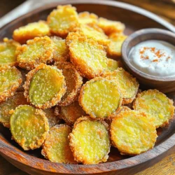 Let's gather all the tasty ingredients for crispy fried pickles. This simple snack needs just the right items to shine. - 1 jar dill pickle slices (approximately 16 oz) - 1 cup buttermilk - 1 cup all-purpose flour - 1 cup cornmeal - 1 teaspoon garlic powder - 1 teaspoon onion powder - 1 teaspoon paprika - 1 teaspoon black pepper - 1 teaspoon salt - Vegetable oil (for frying) Each ingredient serves a special purpose. The pickles provide that tangy crunch. Buttermilk helps the coating stick and adds flavor. Flour and cornmeal give the perfect crispy texture. Spices like garlic powder and paprika bring out great flavors. These ingredients come together to create a snack that is hard to resist. They are perfect for game day or any fun gathering. So, let’s make sure we have everything ready from the Full Recipe to enjoy this delightful treat! To start, drain the dill pickle slices from the jar. Lay them out on paper towels. Use another paper towel to pat them dry. This step is key. If the pickles are wet, the coating won’t stick well. A dry surface ensures a nice crunch. Next, pour the buttermilk into a shallow bowl. Place the drained pickle slices into the buttermilk. Let them soak for about 30 minutes. Soaking adds flavor and keeps the pickles moist while frying. This step makes a big difference in taste. In a separate bowl, gather your dry ingredients. Combine the all-purpose flour, cornmeal, garlic powder, onion powder, paprika, black pepper, and salt. Mix them well until all the flavors blend. This coating gives each pickle a tasty crunch that you will love. Now, heat about 2 inches of vegetable oil in a deep skillet or frying pan. Use medium-high heat for best results. To check if the oil is ready, drop in a small amount of the coating. It should sizzle and rise to the top. This means you are ready to fry. Remove the pickle slices from the buttermilk. Let any extra liquid drip off. Now, dredge each pickle slice in the coating mixture. Make sure each slice is fully coated. This step is important for achieving that perfect crispy texture. Carefully place the coated pickles into the hot oil. Do not overcrowd the pan; this can lower the oil temperature. Fry them in batches. Each side needs about 2-3 minutes until they turn golden brown. You want them crispy and delicious. Once fried, use a slotted spoon to transfer the pickles to a plate lined with paper towels. This will help absorb any extra oil. To keep them crispy, serve hot right after frying. Pair with your favorite dipping sauce, like ranch or spicy mayo, for added flavor. For the full recipe, check out the details above. To get that perfect crunch, follow these steps: - Use dry pickles: Pat the pickle slices dry. This helps the coating stick better. - Buttermilk soak: Soak the pickles in buttermilk for at least 30 minutes. This adds flavor and moisture. - Coat well: Make sure each slice is fully covered in the flour and cornmeal mix. This ensures an even crunch. - Right oil temperature: Heat the oil to 350°F. If it's too hot, the outside cooks too fast. If it's too cool, they soak up oil. Watch out for these common errors: - Overcrowding the pan: Fry in small batches. Giving each pickle room helps them crisp up. - Skipping the soak: Don’t skip the buttermilk soak. It’s key for taste and texture. - Not drying the pickles: If the pickles are wet, they won’t get crispy. Always dry them well. - Incorrect oil temperature: Use a thermometer to check the oil. This step matters a lot for crispiness. Dips can really enhance the flavor of fried pickles. Here are some ideas: - Ranch dressing: A classic choice that pairs well with fried foods. - Spicy mayo: Mix mayo with sriracha for a zesty kick. - Honey mustard: Sweet and tangy, this sauce adds a nice twist. - Barbecue sauce: Perfect for those who love smoky flavors. Try these tips and sauces to enjoy your crispy fried pickles even more! For the complete details, refer to the Full Recipe. {{image_4}} To kick things up a notch, try adding heat to your crispy fried pickles. You can slice fresh jalapeños and mix them in with the pickle slices. The jalapeños add a fun kick that pairs well with the tangy pickles. If you want more spice, sprinkle in some cayenne pepper into the coating mix. This will add a nice warmth without overpowering the dish. Don’t be afraid to experiment with different breading techniques. Instead of the classic flour and cornmeal, consider using panko breadcrumbs. They create an extra crunchy texture that makes each bite more delightful. You can also try using almond flour or chickpea flour for a gluten-free option. These alternatives add unique flavors and textures while keeping your fried pickles delicious. If you're looking for a healthier treat, consider baking your pickles instead of frying them. Preheat your oven to 425°F. After coating the pickles, place them on a baking sheet lined with parchment paper. Spray them lightly with cooking oil for added crispness. Bake for about 15-20 minutes, flipping halfway through. You still get that satisfying crunch, but with fewer calories. Enjoy this option if you're watching your oil intake. For the full recipe, check out the detailed steps above! To store leftover crispy fried pickles, place them in an airtight container. Keep them in the fridge. They taste best when used within 2-3 days. Make sure the pickles are cool before sealing the container. This practice helps keep them fresh longer. Avoid stacking them too high to prevent breakage. To reheat your fried pickles, use an oven or an air fryer. Set the oven to 375°F (190°C). Place the pickles on a baking sheet in a single layer. Heat for about 10-12 minutes until warm. This method helps maintain their crispy texture. If you use a microwave, they may turn soggy, so avoid that. You can freeze fried pickles for later use. First, let them cool completely. Then, place them in a single layer on a baking sheet. Freeze for about 1-2 hours. Once frozen, transfer them to a freezer bag. Remove as much air as possible before sealing. When ready to eat, thaw them in the fridge overnight before reheating. Yes, you can use fresh pickles. They can offer a crunchier texture. However, fresh pickles may not have the same flavor. I suggest soaking them in a brine for a few hours. This helps mimic the taste of jarred pickles. If you prefer a sweeter bite, try using bread and butter pickles. For frying, vegetable oil is a great choice. It has a high smoke point, which is perfect for frying. You can also use canola oil or peanut oil. Both provide a nice flavor and can handle high heat. Avoid using olive oil as it burns easily. To reduce saltiness, rinse the jarred pickles under cold water. This helps wash away some salt. Another method is soaking them in fresh water for about 30 minutes. Just remember to pat them dry before coating. This ensures the batter sticks well. Yes, you can prep the pickles ahead. You can soak them in buttermilk and coat them earlier in the day. Just keep them in the fridge until you're ready to fry. This makes it easy to serve them hot and fresh when guests arrive. Enjoy your crispy fried pickles as a tasty treat! For the full recipe, check out the Crispy Fried Pickles section. You now have a clear guide to making crispy fried pickles. From gathering ingredients to mastering the frying technique, each step matters. Key points include soaking the pickles and choosing the right oil for frying. Remember, avoid common mistakes for the best crunch. Try out the variations or dipping sauces to make it your own. Store leftovers properly for future tasty snacks. Whether you bake or fry, enjoy the joy of homemade fried pickles!