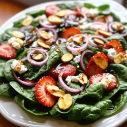 To make a delicious Spinach Strawberry Salad, gather these fresh ingredients: - 4 cups fresh spinach leaves, thoroughly washed and dried - 1 cup ripe strawberries, hulled and sliced into thin rounds - ½ cup creamy goat cheese, crumbled into small pieces - ¼ cup sliced almonds, lightly toasted until golden - ¼ red onion, thinly sliced into delicate rings - 3 tablespoons balsamic vinegar, preferably aged for extra flavor - 2 tablespoons high-quality extra virgin olive oil - 1 tablespoon pure honey, for a hint of sweetness - Fresh salt and cracked black pepper to taste This salad packs a punch of nutrition. Here’s why each ingredient shines: - Spinach is rich in iron and vitamins A, C, and K. It supports your immune system and keeps your bones strong. - Strawberries are full of antioxidants and vitamin C. They are great for skin health and may help lower blood pressure. - Goat cheese adds protein and calcium, which are essential for strong bones and muscles. - Almonds provide healthy fats, fiber, and vitamin E. They support heart health and keep you feeling full. - Balsamic vinegar has antioxidants and may aid digestion. It adds a tangy flavor without extra calories. - Olive oil is a heart-healthy fat. It helps reduce inflammation and offers rich flavor. Using fresh produce makes a big difference. Fresh fruits and veggies taste better and contain more nutrients. They keep the salad vibrant and colorful. Fresh ingredients also add texture and crunch. When you use fresh spinach and ripe strawberries, you elevate your dish. It becomes not just a meal, but an experience. Try to find local or seasonal produce. This not only supports local farms but also ensures you get the best flavor and quality. Whenever possible, opt for organic options for even more health benefits. Fresh produce is key to a memorable Spinach Strawberry Salad. Check out the Full Recipe for all the details! 1. Start with 4 cups of fresh spinach leaves. Wash them well and dry them carefully. 2. Place the dry spinach in a large bowl. This keeps the salad crisp. 3. Slice 1 cup of ripe strawberries into thin rounds. They add sweetness and color. 4. Layer the sliced strawberries on top of the spinach. Make it look pretty! 5. Thinly slice ¼ of a red onion into delicate rings. Add these on top too. 6. Crumble ½ cup of creamy goat cheese. Sprinkle it over the salad for a rich taste. 7. Toast ¼ cup of sliced almonds in a pan until golden brown. This adds crunch! 8. Sprinkle the toasted almonds over the salad. They give a nice texture contrast. 9. In a small bowl, mix 3 tablespoons of balsamic vinegar and 2 tablespoons of olive oil. 10. Add 1 tablespoon of honey for sweetness. Don’t forget a pinch of salt and pepper! 11. Whisk until the dressing is smooth and well mixed. 12. Drizzle the dressing over the salad. Toss gently to coat all ingredients evenly. 13. Serve the salad right away. You can plate it or serve it on a platter. - Always wash your spinach thoroughly. Dirt can hide in the leaves. - Use ripe strawberries for the best flavor. They should smell sweet! - Slice the red onion thinly to avoid a strong bite. - Toast almonds in a dry pan for 3-4 minutes. Watch them closely to prevent burning. - Large mixing bowl for tossing the salad. - Small bowl for mixing the dressing. - Whisk to combine the dressing ingredients smoothly. - Sharp knife for slicing the strawberries and onions. - Cutting board for safe chopping. For a complete guide, refer to the Full Recipe for Spinach Strawberry Bliss Salad. To make your spinach strawberry salad burst with flavor, balance the sweet and savory. The key is in the dressing. Use balsamic vinegar and honey to create a sweet-tart mix. This pairing enhances the strawberries' sweetness and complements the spinach's earthiness. I recommend using aged balsamic vinegar. It gives a richer taste, making each bite special. Combine the dressing right before serving to keep the salad crisp. If you want more depth, add a pinch of crushed garlic or a dash of mustard to the dressing for an extra kick. A beautiful salad is all about layering. Start with a vibrant bed of spinach. Then, add sliced strawberries and onions in a circular pattern. This arrangement creates a colorful display. Next, sprinkle the goat cheese and toasted almonds on top. This not only adds flavor but also texture. For a final touch, drizzle a little balsamic glaze over the top. This glaze adds shine and makes it look gourmet. One common mistake is using wet spinach. It can make the salad soggy and dull. Always dry your spinach well before mixing. Another pitfall is adding dressing too early. This makes the greens wilt and lose their crunch. Mix the salad right before serving. Lastly, don’t forget to taste as you go. Adjust the salt and pepper to suit your taste. Enjoy making your spinach strawberry salad fresh and flavorful! For the complete steps, check the Full Recipe. {{image_4}} You can easily switch up the fruit in your salad. Try using blueberries, raspberries, or even sliced peaches. They add bright colors and new flavors. Each fruit brings a unique taste. You can mix and match based on what you like or what is in season. Adding more color makes the salad even more appealing. If you want to turn this salad into a meal, add protein. Grilled chicken, shrimp, or tofu work great. You can also use chickpeas for a plant-based option. Just toss in your choice of protein before serving. It makes the salad heartier and more filling. You’ll enjoy the extra flavors! The dressing can change the whole vibe of your salad. Try a citrus vinaigrette made with lemon juice or orange juice. This adds a fresh twist. You can also make a creamy dressing using yogurt or a ranch mix. Experiment with different herbs and spices to find your favorite flavor. Each dressing gives a new taste to your salad. For the full recipe, check out the Spinach Strawberry Bliss Salad details above! To store leftover salad, place it in an airtight container. Make sure to keep it in the fridge. This will help maintain its freshness. If possible, keep the dressing separate. This way, the salad does not get soggy. When you want to eat it again, just add the dressing before serving. Store fresh spinach leaves in a dry, breathable bag. This keeps them crisp. For strawberries, keep them in the fridge in their original container. Avoid washing them until you are ready to eat. Goat cheese should stay in its packaging or in a sealed container in the fridge. Almonds need a cool, dry place to stay crunchy. A prepared spinach strawberry salad lasts about one day in the fridge. If you store it with dressing, it may not last as long. The spinach will wilt, and the strawberries may leak juice. For the best taste, enjoy your salad fresh. If you want to make it ahead, prepare the ingredients separately. Then, combine them right before serving. To make this salad vegan, swap the goat cheese for a plant-based cheese. You can also use avocado for creaminess. Instead of honey, use maple syrup or agave nectar for sweetness. These changes keep the flavor fresh and delicious while staying true to vegan choices. If you don’t like goat cheese, try feta or ricotta. Both add a creamy texture and tangy flavor. For a dairy-free option, use a nut-based cheese. Tofu can also work well for a soft, creamy touch. Each option will change the taste slightly but still keep the salad yummy. Yes, you can prepare parts of the salad ahead of time. Wash and dry the spinach, and slice the strawberries and onion. Store them separately in the fridge. However, mix the salad right before serving to keep it fresh. The dressing can also be made in advance. Just store it in a jar in the fridge. This way, your salad stays crisp and tasty. For the full recipe, check out Spinach Strawberry Bliss Salad. In this blog post, we explored the spinach strawberry salad, highlighting its fresh ingredients and their benefits. I shared clear steps to prepare it and listed tips for making it tasty. You learned how to avoid common mistakes and try fun variations. Storing leftovers and answering your FAQs rounded out the guide. Remember, this salad is easy to make and packs great flavor. You can change it to suit your tastes. Enjoy creating a healthy dish that pleases everyone!