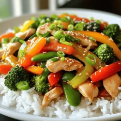 - 2 boneless, skinless chicken breasts, thinly sliced - 2 cups mixed vegetables (bell peppers, broccoli, snap peas, etc.) - 1 medium carrot, julienned - 1 tablespoon soy sauce - 1 tablespoon sesame oil - 3 cloves garlic, minced - 1 inch piece of fresh ginger, grated - 1 tablespoon cornstarch - 1/2 cup chicken broth - Salt and pepper, to taste - 2 tablespoons green onions, finely chopped (for garnish) - Steamed rice or noodles (for serving) Gathering these ingredients is the first step. The chicken gives the dish protein. The mixed vegetables add color and crunch. The carrot brings a nice sweetness. Together, they make a great base for your stir fry. Next, the seasonings and sauces play a big role in the flavor. Soy sauce adds saltiness and depth. Sesame oil adds a warm, nutty taste. Garlic and ginger bring a fresh, zesty element. These ingredients make your stir fry truly pop. Lastly, the additional ingredients help thicken the sauce and add a nice finish. Cornstarch binds everything together, while chicken broth adds richness. Don’t forget to season with salt and pepper to taste! For a lovely garnish, use green onions. Serve your stir fry over steamed rice or noodles for a complete meal. You can find the full recipe to guide you through cooking. - Marinate chicken with soy sauce and pepper - Set aside for 15 minutes First, you need to prepare the chicken. Take your thinly sliced chicken breasts and place them in a medium bowl. Add one tablespoon of soy sauce and a sprinkle of pepper. Mix it well. Let it sit for about 15 minutes. This step adds flavor to the chicken. - Heat sesame oil in skillet - Stir-fry chicken until golden brown Next, heat one tablespoon of sesame oil in a large skillet over medium-high heat. Wait until the oil shimmers. Carefully add the marinated chicken. Stir-fry it for about 5 to 7 minutes. You want the chicken to turn golden brown and cook through. Once done, take the chicken out and set it aside. - Sauté garlic and ginger until fragrant - Add mixed vegetables and cook until crisp-tender In the same skillet, add three minced garlic cloves and one inch of grated ginger. Sauté them for about 30 seconds. You will smell a lovely aroma. Then, add your two cups of mixed vegetables and one julienned carrot. Stir-fry for 4 to 5 minutes. Cook until the veggies are crisp-tender. - Whisk cornstarch and chicken broth - Pour sauce into skillet and mix Now it is time to make the sauce. In a small bowl, whisk one tablespoon of cornstarch with half a cup of chicken broth. Mix until smooth. Pour this mixture into the skillet. Stir continuously to coat the vegetables in the sauce. This will bind all the flavors together. - Return chicken to skillet and mix - Adjust seasoning and serve over rice or noodles Finally, return the cooked chicken to the skillet. Toss everything together until well mixed. Cook for another 2 to 3 minutes. This helps the sauce thicken and cling to the chicken and veggies. Taste the stir fry and adjust the seasoning with salt and pepper if needed. Serve it hot over steamed rice or noodles. For a nice touch, garnish with chopped green onions. For the complete recipe, check the Full Recipe section above. - Use high heat for a quick cook. High heat helps the chicken and veggies cook fast. This keeps them crisp and full of flavor. - Cut vegetables evenly for consistent cooking. Even cuts mean all pieces cook at the same rate. This helps avoid mushy spots in your dish. - Experiment with different sauces. Try teriyaki, hoisin, or even peanut sauce. Each sauce adds its own taste twist to the stir fry. - Add spicy elements. Red pepper flakes or sriracha can give your dish a nice kick. Adjust the amount based on your heat preference. - Pair with jasmine rice or rice noodles. Both options soak up the sauce well and make the meal more filling. - Garnish with sesame seeds. This adds extra crunch and a nutty flavor that enhances the dish. For the full recipe, check out the detailed instructions above. {{image_4}} You can easily swap the chicken for other proteins. Shrimp cooks fast and adds a sweet touch. Beef brings a hearty flavor and pairs well with stir fry sauces. Tofu is a great choice for a plant-based meal. It soaks up flavors well, making it very tasty. Feel free to mix in seasonal vegetables for fresh bites. Zucchini and asparagus are great choices in the summer. Frozen vegetables are also a smart option. They save time and still taste good in stir fry. Just add them straight from the freezer, and cook a little longer. Adding leafy greens boosts nutrients. Spinach or kale works well; they soften quickly in the heat. Nuts can also add healthy fats and a nice crunch. Try cashews or peanuts for extra flavor and texture. These small changes make your meal even better. For the full recipe, check out the section above. Store your stir fry in an airtight container in the fridge. This keeps it fresh and safe. Enjoy it within 3-4 days for the best taste and quality. If you wait too long, the food may lose its flavor and texture. You can freeze the stir fry in portions for later use. This is a great way to save time. Make sure to place it in freezer-safe containers. When ready to eat, thaw it overnight in the fridge. This helps it maintain its taste and texture. For the best results, reheat your stir fry on the stovetop. This method keeps the food crispy. Add a splash of water or broth while reheating. This step prevents the stir fry from drying out and keeps it juicy and flavorful. Yes, prepare the ingredients in advance and store them separately until ready to cook. This makes meal prep easy. Common choices include bell peppers, broccoli, snap peas, carrots, and zucchini. You can mix and match based on what you like. Adding cornstarch mixed with liquid will help achieve a thicker sauce. You can find this step in the Full Recipe. Use gluten-free soy sauce to make this dish suitable for a gluten-free diet. Always check labels to ensure safety. Prepare and portion the stir fry in advance for quick meals throughout the week. This saves time and helps with healthy eating. You can easily make a delicious Chicken and Veggie Stir Fry with just a few steps. Start by marinating the chicken, then stir-fry it with fresh vegetables and aromatics. Remember to use high heat for that perfect texture. Feel free to swap out ingredients to match your tastes and needs. Store leftovers properly for quick meals later. This recipe is both easy and versatile, making it great for any night. Enjoy your cooking adventure, and create a dish everyone will love!