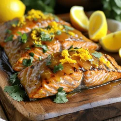 - 4 salmon fillets (6 oz each) - Zest and juice of 1 orange - Zest and juice of 1 lemon - 2 tablespoons olive oil - 2 cloves garlic, finely minced - 1 tablespoon fresh ginger, finely grated - 1 tablespoon honey - Salt and freshly cracked pepper to taste Citrus grilled salmon shines with its bright flavors. The salmon fillets provide a rich, buttery taste. The orange and lemon add a refreshing zing. This combination makes each bite delightful. - Olive oil - Garlic and ginger - Honey and seasonings The marinade is key to this dish. Olive oil keeps the salmon moist while grilling. Garlic and ginger infuse a warm, fragrant touch. Honey brings a hint of sweetness to balance the tangy citrus. A pinch of salt and pepper rounds out the flavors. - Fresh herbs (cilantro or parsley) - Lemon wedges for presentation Serving is an art. Fresh herbs like cilantro or parsley add color and freshness. Lemon wedges enhance the citrus notes. Together, they create an inviting plate that is hard to resist. For the full recipe, check out the detailed instructions above. To start, gather your ingredients. You need fresh orange and lemon zest, plus their juice. This adds bright flavor to the salmon. In a medium bowl, mix these juices and zests together. Next, add two tablespoons of olive oil. This oil helps the marinade stick to the fish and adds richness. Then, stir in two minced garlic cloves and one tablespoon of grated ginger. These add depth and warmth to the mix. Finally, include one tablespoon of honey for sweetness. Season with a pinch of salt and freshly cracked pepper. Whisk all these ingredients until they blend well. Now, it’s time to marinate the salmon. Place four salmon fillets in a shallow glass dish or a resealable plastic bag. Pour the marinade over the salmon. Make sure each fillet is covered well. Seal the bag or cover the dish with plastic wrap. You should let the salmon marinate in the fridge for at least 30 minutes. This allows the flavors to soak in deeply. While the salmon marinates, preheat your grill to medium-high heat. This is key for getting that perfect sear. After marinating, take the salmon out of the fridge. Let the excess marinade drip off each fillet. Reserve about a quarter of the marinade in a small bowl for basting later. Place the salmon fillets skin-side down on the grill. Close the lid and cook them for about 5-6 minutes. This gives them a nice char. After that, use tongs to flip the fillets carefully. Baste them with the reserved marinade. Cook for another 4-5 minutes until the salmon flakes easily with a fork. Once the salmon is done, remove it from the grill. Let it rest for 3-5 minutes. This step allows the juices to redistribute, making the fish juicy. For serving, garnish with freshly chopped herbs like cilantro or parsley. Add lemon wedges for a burst of citrus. This presentation not only looks great but also adds flavor. Enjoy your Citrus Grilled Salmon! For the complete recipe, refer to the Full Recipe section. To prevent sticking, always oil your grill grates. Use a paper towel soaked in oil. This helps create a non-stick surface. You can also brush olive oil on the salmon fillets before placing them on the grill. To check for doneness, look for the color change. The salmon should turn from translucent to opaque. You can also use a fork. If the fish flakes easily, it’s done. Aim for an internal temperature of 145°F for perfect results. To boost flavor, try adding fresh herbs like dill or basil. These herbs pair well with citrus. You can also sprinkle in red pepper flakes for a touch of heat. They add a nice contrast to the sweet citrus. To elevate the citrus flavor, consider using different citrus fruits. Lime or grapefruit juice can add a unique twist. You can also mix in a splash of soy sauce for added depth. This gives your dish a savory element. For grilling salmon, a gas grill works well. It heats evenly and is easy to control. A charcoal grill can also give a nice smoky flavor. Choose the grill that suits your taste. Using grill mats or baskets can make grilling easier. They help prevent the fish from falling apart. A basket keeps the salmon in place and allows even cooking. It’s a great tool for beginners and experts alike. {{image_4}} You can switch up the flavors by using lime or grapefruit in this dish. Lime adds a sharp zing that brightens the salmon. Grapefruit gives a sweet and slightly bitter taste that pairs well with the fish. Feel free to experiment with other citrus fruits too, like tangerines or blood oranges. Each fruit brings its own unique flavor, making your dish special every time. If you want to try cooking methods beyond grilling, baking or broiling are great options. Preheat your oven to 400°F (200°C) for baking. Place the salmon on a lined baking sheet and bake for about 12-15 minutes. Broiling is similar; you get a nice, crispy top. Set the oven to broil, place the salmon on the top rack, and cook for 8-10 minutes. Pan-searing is another method. Heat oil in a skillet over medium-high heat, then cook the salmon skin-side down for about 5-6 minutes. Flip and cook for another 4-5 minutes. Making this dish gluten-free is easy! All the ingredients are naturally gluten-free. For low-carb options, skip the honey or use a sugar substitute. You can also make it dairy-free by using olive oil for basting instead of butter. These simple swaps keep the dish tasty while meeting your dietary needs. You can enjoy this flavorful salmon dish while sticking to your preferred diet. Store any leftover salmon in the fridge. First, let it cool down. Place it in an airtight container. This helps keep the fish fresh and safe to eat later. You can also wrap it tightly in plastic wrap. Avoid letting air in to prevent drying. When you reheat salmon, you want it moist, not dry. Heat your oven to 275°F. Place the salmon on a baking sheet. Cover it with foil to keep moisture in. Heat for about 15 minutes. You can also use a microwave. Put the salmon on a plate. Cover it with a damp paper towel. Heat in short bursts of 30 seconds. You can freeze grilled salmon if you want to save it for later. Wrap each piece tightly in plastic wrap. Then, place the wrapped salmon in a freezer bag. This keeps it from getting freezer burn. When you’re ready to eat it, take it out. Put it in the fridge to thaw overnight. For quicker thawing, place it in cold water for a few hours. This way, your salmon stays tasty and juicy. For a full recipe, check out the Citrus Grilled Salmon Delight. I recommend marinating salmon for at least 30 minutes. This time allows the fish to soak up the citrus flavors. If you want a deeper taste, you can marinate it for up to two hours. Just keep an eye on it. Too long can make the fish mushy. The best grill temperature for salmon is medium-high heat. Aim for around 375°F to 400°F. This heat cooks the salmon evenly, giving it a nice sear. You want a crispy skin and tender fish inside. Yes, you can use frozen salmon. Just make sure to thaw it first. The best way to thaw salmon is in the fridge overnight. If you're short on time, you can place it in a sealed bag and run it under cold water. Once thawed, follow the recipe as usual. Citrus grilled salmon goes great with many sides. Here are a few ideas: - Steamed asparagus - Roasted vegetables - Quinoa salad - Garlic mashed potatoes These sides balance the flavors and make your meal complete. Citrus grilled salmon is very healthy. Salmon is rich in omega-3 fatty acids, which are good for your heart. It also has high-quality protein and important vitamins. The citrus adds vitamin C and enhances the flavor without extra calories. This dish is a tasty way to eat well. You can find the full recipe in the main article. Citrus grilled salmon is a simple yet tasty dish. We covered key ingredients, marinade steps, and grilling techniques. You learned about storage and the best side dishes too. Grilling salmon enhances its flavor while keeping it healthy. Try different citrus fruits for unique twists. This dish is easy to make and enjoyable for all. Now, go ahead and savor the bright flavors of your grilled salmon!