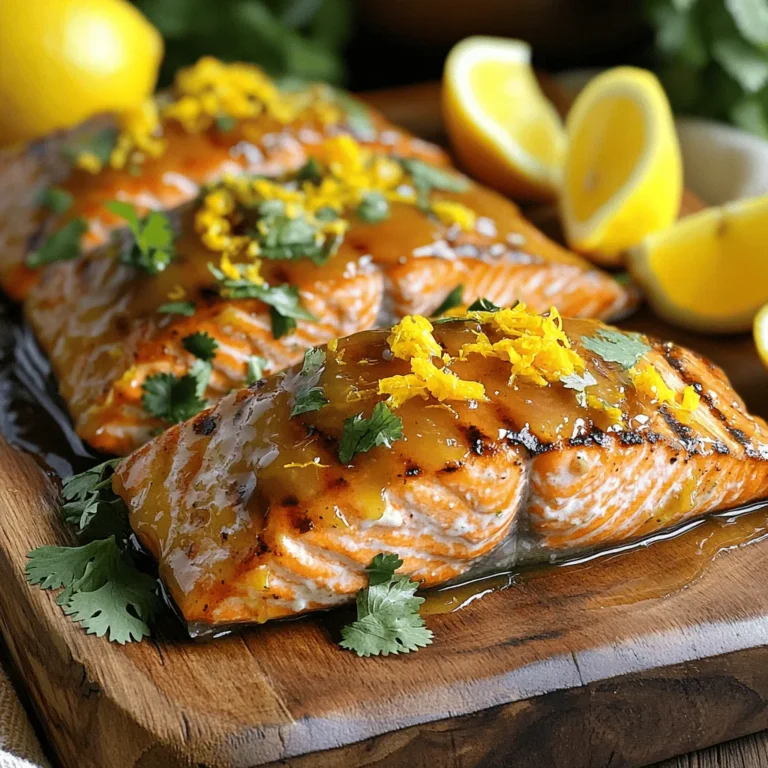 - 4 salmon fillets (6 oz each) - Zest and juice of 1 orange - Zest and juice of 1 lemon - 2 tablespoons olive oil - 2 cloves garlic, finely minced - 1 tablespoon fresh ginger, finely grated - 1 tablespoon honey - Salt and freshly cracked pepper to taste Citrus grilled salmon shines with its bright flavors. The salmon fillets provide a rich, buttery taste. The orange and lemon add a refreshing zing. This combination makes each bite delightful. - Olive oil - Garlic and ginger - Honey and seasonings The marinade is key to this dish. Olive oil keeps the salmon moist while grilling. Garlic and ginger infuse a warm, fragrant touch. Honey brings a hint of sweetness to balance the tangy citrus. A pinch of salt and pepper rounds out the flavors. - Fresh herbs (cilantro or parsley) - Lemon wedges for presentation Serving is an art. Fresh herbs like cilantro or parsley add color and freshness. Lemon wedges enhance the citrus notes. Together, they create an inviting plate that is hard to resist. For the full recipe, check out the detailed instructions above. To start, gather your ingredients. You need fresh orange and lemon zest, plus their juice. This adds bright flavor to the salmon. In a medium bowl, mix these juices and zests together. Next, add two tablespoons of olive oil. This oil helps the marinade stick to the fish and adds richness. Then, stir in two minced garlic cloves and one tablespoon of grated ginger. These add depth and warmth to the mix. Finally, include one tablespoon of honey for sweetness. Season with a pinch of salt and freshly cracked pepper. Whisk all these ingredients until they blend well. Now, it’s time to marinate the salmon. Place four salmon fillets in a shallow glass dish or a resealable plastic bag. Pour the marinade over the salmon. Make sure each fillet is covered well. Seal the bag or cover the dish with plastic wrap. You should let the salmon marinate in the fridge for at least 30 minutes. This allows the flavors to soak in deeply. While the salmon marinates, preheat your grill to medium-high heat. This is key for getting that perfect sear. After marinating, take the salmon out of the fridge. Let the excess marinade drip off each fillet. Reserve about a quarter of the marinade in a small bowl for basting later. Place the salmon fillets skin-side down on the grill. Close the lid and cook them for about 5-6 minutes. This gives them a nice char. After that, use tongs to flip the fillets carefully. Baste them with the reserved marinade. Cook for another 4-5 minutes until the salmon flakes easily with a fork. Once the salmon is done, remove it from the grill. Let it rest for 3-5 minutes. This step allows the juices to redistribute, making the fish juicy. For serving, garnish with freshly chopped herbs like cilantro or parsley. Add lemon wedges for a burst of citrus. This presentation not only looks great but also adds flavor. Enjoy your Citrus Grilled Salmon! For the complete recipe, refer to the Full Recipe section. To prevent sticking, always oil your grill grates. Use a paper towel soaked in oil. This helps create a non-stick surface. You can also brush olive oil on the salmon fillets before placing them on the grill. To check for doneness, look for the color change. The salmon should turn from translucent to opaque. You can also use a fork. If the fish flakes easily, it’s done. Aim for an internal temperature of 145°F for perfect results. To boost flavor, try adding fresh herbs like dill or basil. These herbs pair well with citrus. You can also sprinkle in red pepper flakes for a touch of heat. They add a nice contrast to the sweet citrus. To elevate the citrus flavor, consider using different citrus fruits. Lime or grapefruit juice can add a unique twist. You can also mix in a splash of soy sauce for added depth. This gives your dish a savory element. For grilling salmon, a gas grill works well. It heats evenly and is easy to control. A charcoal grill can also give a nice smoky flavor. Choose the grill that suits your taste. Using grill mats or baskets can make grilling easier. They help prevent the fish from falling apart. A basket keeps the salmon in place and allows even cooking. It’s a great tool for beginners and experts alike. {{image_4}} You can switch up the flavors by using lime or grapefruit in this dish. Lime adds a sharp zing that brightens the salmon. Grapefruit gives a sweet and slightly bitter taste that pairs well with the fish. Feel free to experiment with other citrus fruits too, like tangerines or blood oranges. Each fruit brings its own unique flavor, making your dish special every time. If you want to try cooking methods beyond grilling, baking or broiling are great options. Preheat your oven to 400°F (200°C) for baking. Place the salmon on a lined baking sheet and bake for about 12-15 minutes. Broiling is similar; you get a nice, crispy top. Set the oven to broil, place the salmon on the top rack, and cook for 8-10 minutes. Pan-searing is another method. Heat oil in a skillet over medium-high heat, then cook the salmon skin-side down for about 5-6 minutes. Flip and cook for another 4-5 minutes. Making this dish gluten-free is easy! All the ingredients are naturally gluten-free. For low-carb options, skip the honey or use a sugar substitute. You can also make it dairy-free by using olive oil for basting instead of butter. These simple swaps keep the dish tasty while meeting your dietary needs. You can enjoy this flavorful salmon dish while sticking to your preferred diet. Store any leftover salmon in the fridge. First, let it cool down. Place it in an airtight container. This helps keep the fish fresh and safe to eat later. You can also wrap it tightly in plastic wrap. Avoid letting air in to prevent drying. When you reheat salmon, you want it moist, not dry. Heat your oven to 275°F. Place the salmon on a baking sheet. Cover it with foil to keep moisture in. Heat for about 15 minutes. You can also use a microwave. Put the salmon on a plate. Cover it with a damp paper towel. Heat in short bursts of 30 seconds. You can freeze grilled salmon if you want to save it for later. Wrap each piece tightly in plastic wrap. Then, place the wrapped salmon in a freezer bag. This keeps it from getting freezer burn. When you’re ready to eat it, take it out. Put it in the fridge to thaw overnight. For quicker thawing, place it in cold water for a few hours. This way, your salmon stays tasty and juicy. For a full recipe, check out the Citrus Grilled Salmon Delight. I recommend marinating salmon for at least 30 minutes. This time allows the fish to soak up the citrus flavors. If you want a deeper taste, you can marinate it for up to two hours. Just keep an eye on it. Too long can make the fish mushy. The best grill temperature for salmon is medium-high heat. Aim for around 375°F to 400°F. This heat cooks the salmon evenly, giving it a nice sear. You want a crispy skin and tender fish inside. Yes, you can use frozen salmon. Just make sure to thaw it first. The best way to thaw salmon is in the fridge overnight. If you're short on time, you can place it in a sealed bag and run it under cold water. Once thawed, follow the recipe as usual. Citrus grilled salmon goes great with many sides. Here are a few ideas: - Steamed asparagus - Roasted vegetables - Quinoa salad - Garlic mashed potatoes These sides balance the flavors and make your meal complete. Citrus grilled salmon is very healthy. Salmon is rich in omega-3 fatty acids, which are good for your heart. It also has high-quality protein and important vitamins. The citrus adds vitamin C and enhances the flavor without extra calories. This dish is a tasty way to eat well. You can find the full recipe in the main article. Citrus grilled salmon is a simple yet tasty dish. We covered key ingredients, marinade steps, and grilling techniques. You learned about storage and the best side dishes too. Grilling salmon enhances its flavor while keeping it healthy. Try different citrus fruits for unique twists. This dish is easy to make and enjoyable for all. Now, go ahead and savor the bright flavors of your grilled salmon!