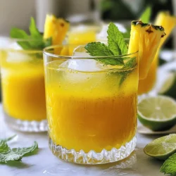 - Fresh pineapple juice - Ground turmeric - Honey or agave syrup - Fresh lime juice - Sparkling water - Ice cubes - Fresh mint leaves for decoration - Lime slices for decoration The main stars of this drink are fresh pineapple juice and ground turmeric. Pineapple juice gives a sweet and tangy taste. It also packs vitamins and minerals. Turmeric adds a warm and earthy flavor. It has health benefits too. Honey or agave syrup sweetens the mix. Lime juice adds a zesty kick. - Mixing bowl - Serving glasses - Stirring spoon - Juicer (optional for fresh pineapple juice) To make this drink, gather a mixing bowl and a stirring spoon. You need serving glasses for the final touch. If you want fresh juice, use a juicer. This simple gear helps you whip up a tasty drink quickly. For the full recipe, check the earlier section. Enjoy creating your refreshing Turmeric Pineapple Fizz! 1. First, grab a mixing bowl. Combine 2 cups of fresh pineapple juice, 1 teaspoon of ground turmeric, 1 tablespoon of honey (or agave syrup), and 1 tablespoon of fresh lime juice. Stir well until the honey dissolves and the turmeric blends in. 2. Next, fill your serving glasses halfway with ice cubes. 3. Pour the mixture over the ice. Each glass should be about two-thirds full. 4. Finally, top each glass with sparkling water. Give it a gentle stir to mix everything together. - Garnish each drink with fresh mint leaves and a slice of lime for a pop of color. - For a fun look, use large, clear glasses to show off the drink’s vibrant yellow color. Stack two lime slices on the side for extra flair. Add a straw for easy sipping! - When handling turmeric, be careful. It can stain hands and surfaces. Use gloves if needed. - To protect your clothes, avoid spills. Wear an apron or old shirt when working with turmeric. To make your Turmeric Pineapple Fizz taste just right, adjust the sweetness. Use honey or agave syrup to suit your taste. Start with one tablespoon, then add more if needed. Honey adds a nice floral note, while agave is milder. Next, balance the flavors with fresh lime juice. Lime brings a zesty kick that lifts the drink. The citrus cuts through the sweetness and enhances the pineapple's natural flavor. Chilling your ingredients is key for a refreshing drink. Before mixing, chill the pineapple juice and sparkling water in the fridge for an hour. This keeps your drink frosty and enjoyable. When serving, use large, clear glasses. These showcase the bright yellow color of the drink. Plus, they give room for ice and bubbles, making it fun to drink. You can boost the health benefits of your drink. Adding fresh ginger or mint can enhance the flavor and nutrition. Ginger adds warmth and aids digestion. Mint gives a fresh aroma and taste. Turmeric and pineapple are powerhouses too. Turmeric has anti-inflammatory properties, while pineapple is rich in vitamins and enzymes. Together, they support your immune system and improve digestion. Enjoy your healthy and tasty Turmeric Pineapple Fizz! For the full recipe, check the recipe section. {{image_4}} You can add many fruit juices to your Turmeric Pineapple Fizz. Try mixing in orange juice for a bright twist. Apple juice can add a sweet note. You can also use mango juice for a tropical vibe. Using frozen fruit is another fun option. Frozen pineapple or berries can change the drink’s texture. Blending in frozen fruit gives a slushy feel. It also makes the drink extra cold and refreshing. Want to turn your fizz into a cocktail? You can easily make a fun version! Adding vodka or rum works great. Just mix in one to two ounces of your chosen spirit. Stir it gently so you keep the fizz. You could also try gin for a herbal taste. Each spirit will change the drink's flavor. Experiment to find your favorite blend! If you're looking to cut sugar, try using sugar substitutes. Stevia is a popular choice. It adds sweetness without calories. You can also use monk fruit sweetener. For natural options, consider using ripe bananas or dates. Both can add sweetness and flavor. They also keep the drink healthy and tasty. To keep your Turmeric Pineapple Fizz fresh, store any leftovers in the fridge. Use a glass jar or a bottle with a tight lid. This helps keep the fizz and flavor intact. You can reuse the ingredients for the next serving. If you have extra pineapple juice, use it in smoothies or dressings. Ground turmeric can spice up soups and stews. This drink can last up to three days in the fridge. After that, the fresh taste fades. Look for signs of spoilage, like changes in color or smell. If it smells off or looks cloudy, it's best to toss it. You can freeze the mixture if you'd like to save some for later. Pour it into an ice cube tray. This way, you can use small amounts in drinks. To reconstitute later, just blend the frozen cubes with fresh sparkling water. This keeps the drink refreshing and bubbly. For the full recipe, check the earlier section! To cut the sweetness, you can try a few simple tricks: - Use less honey or agave syrup. - Add more fresh lime juice for a tart flavor. - Mix in extra sparkling water to dilute the drink. - Use a sugar-free sweetener if you prefer. These changes help you enjoy the drink's taste without too much sweetness. Yes, Turmeric Pineapple Fizz is packed with health benefits. - Turmeric has curcumin, which fights inflammation and boosts immunity. - Pineapple is full of vitamins, minerals, and antioxidants. - Together, they help digestion and support your overall health. Drinking this fizzy delight can be a tasty way to stay healthy. You can use canned pineapple juice, but fresh juice is best. - Fresh juice tastes brighter and has more nutrients. - Canned juice can have added sugar, which may change the flavor. - If using canned juice, check the label for ingredients. In the end, fresh juice gives the drink a vibrant taste. For the complete recipe, check the Full Recipe section. This article covered how to make a refreshing Turmeric Pineapple Fizz. We went through the essential ingredients like pineapple juice and turmeric. I shared easy steps for preparation and serving, plus tips for enhancing the drink. Variations for cocktails and storage ideas were also included. In conclusion, enjoy exploring this fun recipe. You can adjust flavors and even freeze it! Dive into your kitchen and make your own tasty sip.