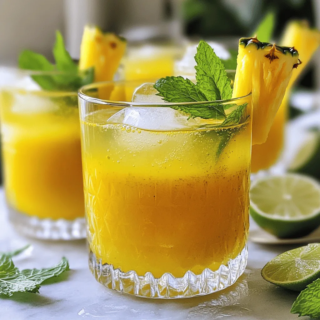 - Fresh pineapple juice - Ground turmeric - Honey or agave syrup - Fresh lime juice - Sparkling water - Ice cubes - Fresh mint leaves for decoration - Lime slices for decoration The main stars of this drink are fresh pineapple juice and ground turmeric. Pineapple juice gives a sweet and tangy taste. It also packs vitamins and minerals. Turmeric adds a warm and earthy flavor. It has health benefits too. Honey or agave syrup sweetens the mix. Lime juice adds a zesty kick. - Mixing bowl - Serving glasses - Stirring spoon - Juicer (optional for fresh pineapple juice) To make this drink, gather a mixing bowl and a stirring spoon. You need serving glasses for the final touch. If you want fresh juice, use a juicer. This simple gear helps you whip up a tasty drink quickly. For the full recipe, check the earlier section. Enjoy creating your refreshing Turmeric Pineapple Fizz! 1. First, grab a mixing bowl. Combine 2 cups of fresh pineapple juice, 1 teaspoon of ground turmeric, 1 tablespoon of honey (or agave syrup), and 1 tablespoon of fresh lime juice. Stir well until the honey dissolves and the turmeric blends in. 2. Next, fill your serving glasses halfway with ice cubes. 3. Pour the mixture over the ice. Each glass should be about two-thirds full. 4. Finally, top each glass with sparkling water. Give it a gentle stir to mix everything together. - Garnish each drink with fresh mint leaves and a slice of lime for a pop of color. - For a fun look, use large, clear glasses to show off the drink’s vibrant yellow color. Stack two lime slices on the side for extra flair. Add a straw for easy sipping! - When handling turmeric, be careful. It can stain hands and surfaces. Use gloves if needed. - To protect your clothes, avoid spills. Wear an apron or old shirt when working with turmeric. To make your Turmeric Pineapple Fizz taste just right, adjust the sweetness. Use honey or agave syrup to suit your taste. Start with one tablespoon, then add more if needed. Honey adds a nice floral note, while agave is milder. Next, balance the flavors with fresh lime juice. Lime brings a zesty kick that lifts the drink. The citrus cuts through the sweetness and enhances the pineapple's natural flavor. Chilling your ingredients is key for a refreshing drink. Before mixing, chill the pineapple juice and sparkling water in the fridge for an hour. This keeps your drink frosty and enjoyable. When serving, use large, clear glasses. These showcase the bright yellow color of the drink. Plus, they give room for ice and bubbles, making it fun to drink. You can boost the health benefits of your drink. Adding fresh ginger or mint can enhance the flavor and nutrition. Ginger adds warmth and aids digestion. Mint gives a fresh aroma and taste. Turmeric and pineapple are powerhouses too. Turmeric has anti-inflammatory properties, while pineapple is rich in vitamins and enzymes. Together, they support your immune system and improve digestion. Enjoy your healthy and tasty Turmeric Pineapple Fizz! For the full recipe, check the recipe section. {{image_4}} You can add many fruit juices to your Turmeric Pineapple Fizz. Try mixing in orange juice for a bright twist. Apple juice can add a sweet note. You can also use mango juice for a tropical vibe. Using frozen fruit is another fun option. Frozen pineapple or berries can change the drink’s texture. Blending in frozen fruit gives a slushy feel. It also makes the drink extra cold and refreshing. Want to turn your fizz into a cocktail? You can easily make a fun version! Adding vodka or rum works great. Just mix in one to two ounces of your chosen spirit. Stir it gently so you keep the fizz. You could also try gin for a herbal taste. Each spirit will change the drink's flavor. Experiment to find your favorite blend! If you're looking to cut sugar, try using sugar substitutes. Stevia is a popular choice. It adds sweetness without calories. You can also use monk fruit sweetener. For natural options, consider using ripe bananas or dates. Both can add sweetness and flavor. They also keep the drink healthy and tasty. To keep your Turmeric Pineapple Fizz fresh, store any leftovers in the fridge. Use a glass jar or a bottle with a tight lid. This helps keep the fizz and flavor intact. You can reuse the ingredients for the next serving. If you have extra pineapple juice, use it in smoothies or dressings. Ground turmeric can spice up soups and stews. This drink can last up to three days in the fridge. After that, the fresh taste fades. Look for signs of spoilage, like changes in color or smell. If it smells off or looks cloudy, it's best to toss it. You can freeze the mixture if you'd like to save some for later. Pour it into an ice cube tray. This way, you can use small amounts in drinks. To reconstitute later, just blend the frozen cubes with fresh sparkling water. This keeps the drink refreshing and bubbly. For the full recipe, check the earlier section! To cut the sweetness, you can try a few simple tricks: - Use less honey or agave syrup. - Add more fresh lime juice for a tart flavor. - Mix in extra sparkling water to dilute the drink. - Use a sugar-free sweetener if you prefer. These changes help you enjoy the drink's taste without too much sweetness. Yes, Turmeric Pineapple Fizz is packed with health benefits. - Turmeric has curcumin, which fights inflammation and boosts immunity. - Pineapple is full of vitamins, minerals, and antioxidants. - Together, they help digestion and support your overall health. Drinking this fizzy delight can be a tasty way to stay healthy. You can use canned pineapple juice, but fresh juice is best. - Fresh juice tastes brighter and has more nutrients. - Canned juice can have added sugar, which may change the flavor. - If using canned juice, check the label for ingredients. In the end, fresh juice gives the drink a vibrant taste. For the complete recipe, check the Full Recipe section. This article covered how to make a refreshing Turmeric Pineapple Fizz. We went through the essential ingredients like pineapple juice and turmeric. I shared easy steps for preparation and serving, plus tips for enhancing the drink. Variations for cocktails and storage ideas were also included. In conclusion, enjoy exploring this fun recipe. You can adjust flavors and even freeze it! Dive into your kitchen and make your own tasty sip.