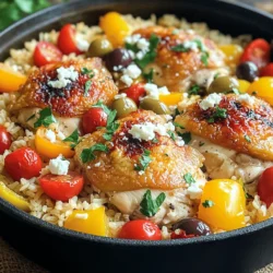 - 4 boneless skinless chicken thighs - 1 cup basmati rice - 1 medium onion, finely diced - 3 cloves garlic, minced - 1 bell pepper (red or yellow), diced - 1 cup cherry tomatoes, halved The main ingredients create a tasty base for this dish. Chicken thighs add rich flavor and stay juicy. Basmati rice absorbs all the wonderful juices from the chicken and vegetables. The fresh vegetables, like onion, garlic, and bell pepper, bring color and taste. Cherry tomatoes add a pop of sweetness and brightness to every bite. - 1 teaspoon dried oregano - 1 teaspoon dried thyme - ¼ cup Kalamata olives, pitted and sliced - ¼ cup feta cheese, crumbled - 2 tablespoons olive oil - Juice of 1 lemon - Salt and freshly ground black pepper to taste For seasonings, oregano and thyme add an authentic Greek taste. Kalamata olives provide a briny kick, while feta cheese adds creaminess. Olive oil enhances flavors and adds richness. Lemon juice brightens the entire dish, making it feel fresh and vibrant. Adjust salt and pepper to your taste for a perfect balance. - Fresh parsley, chopped for garnish - Extra feta cheese, crumbled on top - Lime wedges for extra zest - Accompaniments like crusty bread, a fresh salad, or a glass of wine Garnish with parsley and feta for a beautiful finish. Lime wedges add a zesty touch that elevates the meal. Pair this dish with crusty bread to soak up the flavorful juices. A light salad or a glass of wine can round out your meal, making it even more enjoyable. For the full recipe, check out the detailed instructions in the Mediterranean Bliss section! - Searing the chicken thighs: Start by heating olive oil in your pot over medium-high heat. Season the chicken thighs with salt and pepper. Place them in the pot and sear for 5-7 minutes on each side. You want a nice golden crust. - Setting aside the chicken: Once the chicken is seared, take it out and set it on a plate. This keeps it warm while you cook the veggies. - Cooking the vegetables: Without cleaning the pot, add the diced onion and bell pepper. Sauté these for 3-4 minutes until soft. Then, add minced garlic and cook for one more minute to bring out its flavor. - Toasting the rice: Next, add the basmati rice to the pot. Toast it for about 2 minutes while stirring. This step enhances the rice's taste. - Adding broth and seasonings: Pour in the chicken broth. Sprinkle in the dried oregano, thyme, and lemon juice. Stir everything well and bring it to a gentle simmer. - Nestling the chicken back into the pot: Now, put the seared chicken thighs back into the pot. Make sure they are mostly covered by the liquid. Add halved cherry tomatoes and sliced Kalamata olives on top. - Cooking time and cover method: Cover the pot with a lid. Lower the heat and let everything cook for about 20 minutes. The rice should be tender, and the chicken fully cooked. - Fluffing the rice: After cooking, remove the pot from heat. Let it rest for 5 minutes while covered. This helps the rice absorb extra liquid. Fluff the rice with a fork to separate the grains. - Serving recommendations: Serve the dish right from the pot. You can garnish with crumbled feta cheese and fresh parsley. For extra zest, add lime wedges on the side. Enjoy your meal! - Best practices for searing chicken: Start by heating olive oil in your pot. Season the chicken well with salt and pepper. Place it in the pot and let it sear for 5-7 minutes. This step gives the chicken a nice crust and adds flavor. - Importance of toasting rice: Toast the basmati rice in the pot for about 2 minutes before adding broth. This step enhances the rice's flavor, making each bite taste better. - Allowing the dish to rest after cooking: After cooking, let the dish sit for 5 minutes with the lid on. This allows the rice to absorb any remaining liquid, achieving the perfect texture. - Suggestions for adjusting seasonings: Taste your dish before serving. You can add more oregano, thyme, or lemon juice for extra flavor. This gives you control over the taste. - Adding extra vegetables or proteins: Feel free to toss in other veggies like zucchini or spinach. You can also add shrimp or chickpeas for more protein. This keeps the dish fresh and exciting. - Suggested dressings or dips: A drizzle of tzatziki sauce or a sprinkle of fresh lemon zest can brighten the dish. These add a creamy or zesty touch that pairs well with the flavors. - Recommended pot or Dutch oven: Use a heavy pot or dutch oven for even cooking. A good pot holds heat well and helps to prevent burning. - Kitchen tools for ease: Have a sharp knife and a sturdy cutting board ready for quick prep. Measuring cups will help you get the right amounts for your ingredients. These tools make cooking smoother and more enjoyable. {{image_4}} You can easily modify this dish to fit your needs. For a vegetarian option, replace the chicken with chickpeas or tofu. This keeps the meal hearty and nutritious. If you want a gluten-free choice, swap the basmati rice for cauliflower rice. This change makes the dish lower in carbs and adds a fresh taste. Changing the spices can add new layers of flavor. Try adding a teaspoon of cumin or paprika for a warm, earthy touch. If you enjoy cheese, consider mixing in some goat cheese or mozzarella. These will melt beautifully and offer a creamy texture. Explore Mediterranean flavors by adding artichokes or capers. These ingredients bring a unique and tangy taste to your dish. You can also take inspiration from other cuisines. For example, adding curry powder or soy sauce can give the dish an Asian twist, making it even more versatile. To keep your One Pot Greek Chicken Rice fresh, store it in the fridge. Use an airtight container. It stays good for up to three days. When you reheat, use the stove for best results. Add a splash of broth to keep it moist. To freeze this dish, let it cool completely. Then, portion it into freezer-safe bags or containers. It can last up to three months in the freezer. To thaw, move it to the fridge overnight. Reheat it on the stove, adding a bit of liquid for moisture. Refrigerated leftovers last about three days. Frozen leftovers stay safe for about three months. Signs of spoilage include an off smell or a change in color. If you notice these, it's best to discard it. For the full recipe, check out the Mediterranean Bliss: One Pot Greek Chicken Rice. One Pot Greek Chicken Rice is a hearty dish. It combines chicken, rice, and veggies in one pot. You get tender chicken thighs and fluffy rice. The flavors come from herbs and spices like oregano and thyme. The dish is brightened by lemon juice and fresh veggies like tomatoes and olives. You can serve it warm and colorful, making dinner easy and delicious. Making this dish takes about 40 minutes. You need around 10 minutes for prep and 30 minutes to cook. This recipe makes enough for four servings, perfect for a family meal. You can enjoy a tasty dinner in no time! Absolutely! You can change some ingredients. If you prefer, use chicken breasts instead of thighs. Want it meatless? Try chickpeas or tofu for protein. You can also swap basmati rice for jasmine or brown rice. Add extra veggies like zucchini or spinach for more nutrition. The choice is yours! This dish pairs well with many sides. Fresh salad complements the meal nicely. You can serve crusty bread to soak up the flavors. For a drink, try a light white wine or sparkling water. These sides enhance the Greek theme and make your dinner even more special. This blog post covered everything you need to know about One Pot Greek Chicken Rice. We explored the key ingredients, from chicken thighs to fresh veggies. You learned how to prepare and combine each element for a flavorful dish. Tips for perfecting the recipe and storage information were also shared. Take this dish as your base for creativity. Feel free to try different flavors and ingredients. Enjoy crafting your unique version of this delicious meal!