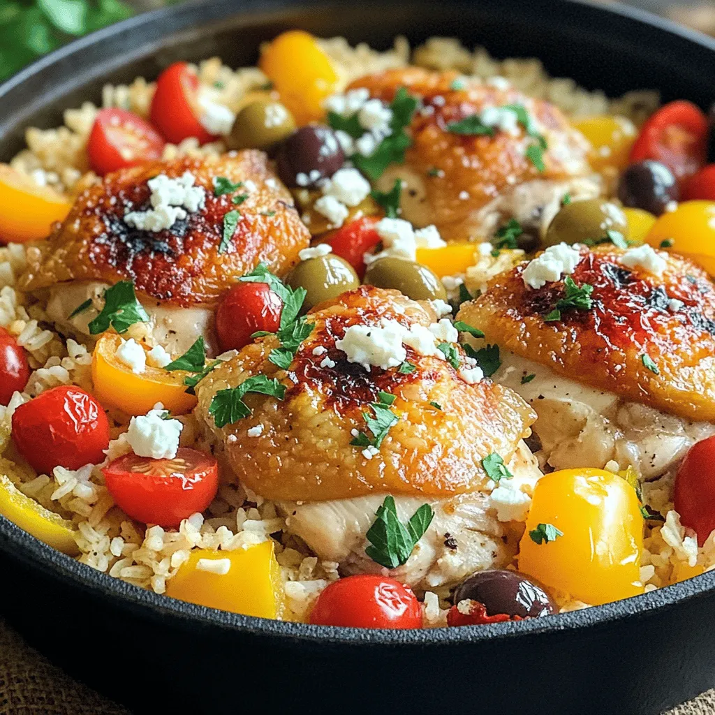 - 4 boneless skinless chicken thighs - 1 cup basmati rice - 1 medium onion, finely diced - 3 cloves garlic, minced - 1 bell pepper (red or yellow), diced - 1 cup cherry tomatoes, halved The main ingredients create a tasty base for this dish. Chicken thighs add rich flavor and stay juicy. Basmati rice absorbs all the wonderful juices from the chicken and vegetables. The fresh vegetables, like onion, garlic, and bell pepper, bring color and taste. Cherry tomatoes add a pop of sweetness and brightness to every bite. - 1 teaspoon dried oregano - 1 teaspoon dried thyme - ¼ cup Kalamata olives, pitted and sliced - ¼ cup feta cheese, crumbled - 2 tablespoons olive oil - Juice of 1 lemon - Salt and freshly ground black pepper to taste For seasonings, oregano and thyme add an authentic Greek taste. Kalamata olives provide a briny kick, while feta cheese adds creaminess. Olive oil enhances flavors and adds richness. Lemon juice brightens the entire dish, making it feel fresh and vibrant. Adjust salt and pepper to your taste for a perfect balance. - Fresh parsley, chopped for garnish - Extra feta cheese, crumbled on top - Lime wedges for extra zest - Accompaniments like crusty bread, a fresh salad, or a glass of wine Garnish with parsley and feta for a beautiful finish. Lime wedges add a zesty touch that elevates the meal. Pair this dish with crusty bread to soak up the flavorful juices. A light salad or a glass of wine can round out your meal, making it even more enjoyable. For the full recipe, check out the detailed instructions in the Mediterranean Bliss section! - Searing the chicken thighs: Start by heating olive oil in your pot over medium-high heat. Season the chicken thighs with salt and pepper. Place them in the pot and sear for 5-7 minutes on each side. You want a nice golden crust. - Setting aside the chicken: Once the chicken is seared, take it out and set it on a plate. This keeps it warm while you cook the veggies. - Cooking the vegetables: Without cleaning the pot, add the diced onion and bell pepper. Sauté these for 3-4 minutes until soft. Then, add minced garlic and cook for one more minute to bring out its flavor. - Toasting the rice: Next, add the basmati rice to the pot. Toast it for about 2 minutes while stirring. This step enhances the rice's taste. - Adding broth and seasonings: Pour in the chicken broth. Sprinkle in the dried oregano, thyme, and lemon juice. Stir everything well and bring it to a gentle simmer. - Nestling the chicken back into the pot: Now, put the seared chicken thighs back into the pot. Make sure they are mostly covered by the liquid. Add halved cherry tomatoes and sliced Kalamata olives on top. - Cooking time and cover method: Cover the pot with a lid. Lower the heat and let everything cook for about 20 minutes. The rice should be tender, and the chicken fully cooked. - Fluffing the rice: After cooking, remove the pot from heat. Let it rest for 5 minutes while covered. This helps the rice absorb extra liquid. Fluff the rice with a fork to separate the grains. - Serving recommendations: Serve the dish right from the pot. You can garnish with crumbled feta cheese and fresh parsley. For extra zest, add lime wedges on the side. Enjoy your meal! - Best practices for searing chicken: Start by heating olive oil in your pot. Season the chicken well with salt and pepper. Place it in the pot and let it sear for 5-7 minutes. This step gives the chicken a nice crust and adds flavor. - Importance of toasting rice: Toast the basmati rice in the pot for about 2 minutes before adding broth. This step enhances the rice's flavor, making each bite taste better. - Allowing the dish to rest after cooking: After cooking, let the dish sit for 5 minutes with the lid on. This allows the rice to absorb any remaining liquid, achieving the perfect texture. - Suggestions for adjusting seasonings: Taste your dish before serving. You can add more oregano, thyme, or lemon juice for extra flavor. This gives you control over the taste. - Adding extra vegetables or proteins: Feel free to toss in other veggies like zucchini or spinach. You can also add shrimp or chickpeas for more protein. This keeps the dish fresh and exciting. - Suggested dressings or dips: A drizzle of tzatziki sauce or a sprinkle of fresh lemon zest can brighten the dish. These add a creamy or zesty touch that pairs well with the flavors. - Recommended pot or Dutch oven: Use a heavy pot or dutch oven for even cooking. A good pot holds heat well and helps to prevent burning. - Kitchen tools for ease: Have a sharp knife and a sturdy cutting board ready for quick prep. Measuring cups will help you get the right amounts for your ingredients. These tools make cooking smoother and more enjoyable. {{image_4}} You can easily modify this dish to fit your needs. For a vegetarian option, replace the chicken with chickpeas or tofu. This keeps the meal hearty and nutritious. If you want a gluten-free choice, swap the basmati rice for cauliflower rice. This change makes the dish lower in carbs and adds a fresh taste. Changing the spices can add new layers of flavor. Try adding a teaspoon of cumin or paprika for a warm, earthy touch. If you enjoy cheese, consider mixing in some goat cheese or mozzarella. These will melt beautifully and offer a creamy texture. Explore Mediterranean flavors by adding artichokes or capers. These ingredients bring a unique and tangy taste to your dish. You can also take inspiration from other cuisines. For example, adding curry powder or soy sauce can give the dish an Asian twist, making it even more versatile. To keep your One Pot Greek Chicken Rice fresh, store it in the fridge. Use an airtight container. It stays good for up to three days. When you reheat, use the stove for best results. Add a splash of broth to keep it moist. To freeze this dish, let it cool completely. Then, portion it into freezer-safe bags or containers. It can last up to three months in the freezer. To thaw, move it to the fridge overnight. Reheat it on the stove, adding a bit of liquid for moisture. Refrigerated leftovers last about three days. Frozen leftovers stay safe for about three months. Signs of spoilage include an off smell or a change in color. If you notice these, it's best to discard it. For the full recipe, check out the Mediterranean Bliss: One Pot Greek Chicken Rice. One Pot Greek Chicken Rice is a hearty dish. It combines chicken, rice, and veggies in one pot. You get tender chicken thighs and fluffy rice. The flavors come from herbs and spices like oregano and thyme. The dish is brightened by lemon juice and fresh veggies like tomatoes and olives. You can serve it warm and colorful, making dinner easy and delicious. Making this dish takes about 40 minutes. You need around 10 minutes for prep and 30 minutes to cook. This recipe makes enough for four servings, perfect for a family meal. You can enjoy a tasty dinner in no time! Absolutely! You can change some ingredients. If you prefer, use chicken breasts instead of thighs. Want it meatless? Try chickpeas or tofu for protein. You can also swap basmati rice for jasmine or brown rice. Add extra veggies like zucchini or spinach for more nutrition. The choice is yours! This dish pairs well with many sides. Fresh salad complements the meal nicely. You can serve crusty bread to soak up the flavors. For a drink, try a light white wine or sparkling water. These sides enhance the Greek theme and make your dinner even more special. This blog post covered everything you need to know about One Pot Greek Chicken Rice. We explored the key ingredients, from chicken thighs to fresh veggies. You learned how to prepare and combine each element for a flavorful dish. Tips for perfecting the recipe and storage information were also shared. Take this dish as your base for creativity. Feel free to try different flavors and ingredients. Enjoy crafting your unique version of this delicious meal!