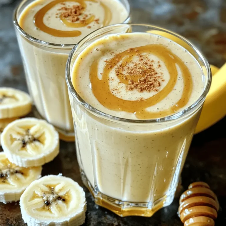 Creating a Peanut Butter Banana Smoothie is simple and fun! Here’s what you need to get started: - 2 ripe bananas, frozen - 2 tablespoons peanut butter (creamy or crunchy) - 1 cup almond milk (or any milk of your choice) - 1 tablespoon honey or maple syrup (adjust to taste) - 1/2 teaspoon pure vanilla extract - 1/4 cup Greek yogurt (optional) - 1/2 teaspoon ground cinnamon (optional) - A pinch of sea salt Each ingredient plays a key role. The frozen bananas give the smoothie its creamy base and chill factor. Peanut butter adds a rich flavor and protein. Almond milk keeps it light and smooth. Honey or maple syrup allows you to customize the sweetness. Vanilla extract brings an extra layer of flavor. Greek yogurt can make it creamier, while cinnamon gives warmth. The pinch of sea salt balances the sweetness. These ingredients make a protein-packed delight that’s both satisfying and nutritious. For the full recipe, you can refer to the Peanut Butter Banana Bliss Smoothie section. Enjoy blending! First, gather your ingredients. Peel and slice the frozen bananas into coins. This helps them blend better. Place the sliced bananas on a baking sheet. Freeze them for at least 2 hours. This step gives your smoothie a creamy texture. Next, add all your ingredients to a blender. Include the frozen banana slices, peanut butter, and almond milk. You can also add honey or maple syrup, vanilla extract, Greek yogurt, ground cinnamon, and a pinch of sea salt. Start blending on high. Blend for about 30 seconds. You want everything to mix smoothly. After blending, check the thickness. If it's too thick, add more almond milk. Blend again until you reach the right consistency. Taste your smoothie. If you want it sweeter, add more honey or maple syrup. Pour the smoothie into glasses. Enjoy it right away or chill it for a bit before drinking. Frozen bananas are key. They give your smoothie a creamy and thick feel. If you use fresh bananas, your smoothie may turn out runny. So, freeze your bananas before blending! You can slice them and freeze them for about 2 hours. Adjusting the milk is also important. If you want a thicker smoothie, use less milk. For a thinner smoothie, add more milk slowly. Blend after each addition to find your perfect texture. You can sweeten your smoothie with honey or maple syrup. Honey has a rich flavor, while maple syrup is light and sweet. Both work well! To adjust sweetness, start with one tablespoon. Taste your smoothie, then add more if you want. This lets you control how sweet your drink is. Presentation matters! You can sprinkle some cinnamon on top for warmth. This adds a nice touch. You can also add banana slices for a fresh look. Choose the right glassware too. A clear glass shows off the creamy color. Serve with a straw for easy sipping. Enjoy the beauty of your delicious smoothie! For the complete recipe, see the Full Recipe above. {{image_4}} You can boost your smoothie with some easy add-ins. First, try adding spinach. It blends well and packs nutrients without changing the taste. Just a small handful works great. Next, consider protein powder. It gives your smoothie a post-workout punch. Choose a flavor you like, such as vanilla or chocolate. Mix it in with the other ingredients to help fuel your body. Get creative with flavors by adding chocolate or cocoa powder. A tablespoon can make your smoothie taste like dessert. It adds richness and pairs perfectly with banana and peanut butter. You can also switch up the nut butter. Try almond or cashew butter for a different taste. Each nut butter has unique flavors that can change your smoothie game. For a dairy-free or vegan version, swap Greek yogurt for plant-based yogurt. This keeps your smoothie creamy without dairy. Look for options made from coconut or almond. You can also change the sweetener. Instead of honey, use agave or date syrup. These options offer a different sweetness that can fit your diet. For the full recipe, check out the Peanut Butter Banana Bliss Smoothie. You might have some smoothie left after your meal. Storing it is easy. Just pour the smoothie into an airtight container. Make sure to seal it well to keep air out. You can refrigerate it for up to 24 hours. The cold will help keep it fresh. To enjoy later, give it a good shake or stir before drinking. If it separates, that’s normal. Just mix it back up. Try to drink it soon for the best taste. Want to save some for later? Freezing is a great option. Pour the smoothie into ice cube trays or freezer-safe bags. This way, you can grab just the right amount when you want it. When you’re ready to enjoy it, thaw it in the fridge overnight. If you're in a hurry, you can also use the microwave. Just be careful not to overheat it. After thawing, blend it again for the best texture. Enjoy your peanut butter banana smoothie anytime! To create this popular smoothie, follow these simple steps: 1. Gather your ingredients. You need frozen bananas, peanut butter, almond milk, honey, a vanilla extract, and Greek yogurt. 2. Start by blending the frozen banana slices and peanut butter in a high-speed blender. 3. Add almond milk, honey, and vanilla extract to the blender. 4. If you want it creamier, add Greek yogurt. 5. Blend on high for about 30 seconds until smooth. 6. Taste it! If you want it sweeter, add a bit more honey. 7. Pour into glasses and enjoy right away or chill for a refreshing treat. You can boost your smoothie with many ingredients. Here are some ideas: - Spinach: Adds greens without changing the flavor. - Protein powder: Great for post-workout recovery. - Chia seeds: Packed with fiber and healthy fats. - Flaxseeds: Good for extra omega-3s. - Berries: They add antioxidants and a sweet flavor. - Oats: For added fiber and a thicker texture. Yes, a Peanut Butter Banana Smoothie is healthy! It offers many benefits: - Bananas provide potassium and energy. - Peanut butter is rich in protein and healthy fats. - Almond milk is low in calories and dairy-free. - Greek yogurt adds protein and probiotics. - Honey gives a natural sweetness without refined sugar. However, watch the portion sizes, especially with peanut butter. Enjoy it as part of a balanced diet! To recap, we explored how to make a delicious peanut butter banana smoothie. You learned about the ingredients and step-by-step instructions for preparation. We also discussed tips for texture, sweetness, and serving ideas. Plus, we covered fun variations and storage options. In summary, this smoothie is not just tasty; it's also flexible and nutritious. Enjoy experimenting with flavors and make this recipe your own! You'll love how quick and simple it is to create a healthy treat.