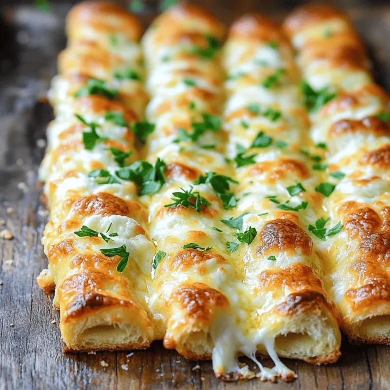 To make cheesy garlic breadsticks, gather these simple ingredients: - 2 cups all-purpose flour - 1 teaspoon baking powder - 1/2 teaspoon salt - 3/4 cup warm water - 1 tablespoon olive oil - 2 cloves garlic, minced - 1 cup shredded mozzarella cheese - 1/2 cup grated Parmesan cheese - 1 teaspoon dried oregano - 1/2 teaspoon red pepper flakes (optional) - Fresh parsley, chopped (for garnish) These ingredients blend together to create that irresistible cheesy flavor. The flour forms the base, while the baking powder helps the dough rise. Warm water and olive oil add moisture and richness. Minced garlic infuses each bite with bold flavor. Mozzarella lends its gooey stretchiness, and Parmesan adds a salty kick. Oregano enhances the taste with its earthy notes, and red pepper flakes give a little heat if you like. Top it all with fresh parsley for a pop of color. For the full recipe, check out the detailed instructions. 1. Mixing dry ingredients First, grab a large mixing bowl. Add 2 cups of all-purpose flour, 1 teaspoon of baking powder, and 1/2 teaspoon of salt. Stir well until everything is blended. This mix sets the base for your breadsticks. 2. Adding wet ingredients Next, pour in 3/4 cup of warm water and 1 tablespoon of olive oil. Stir as you add the liquids. You want to mix until a dough starts forming. If the dough feels too dry, add a bit more water. If it's too sticky, add a little more flour. 3. Kneading the dough Lightly flour a clean surface and put the dough on it. Knead the dough for about 2 to 3 minutes. You want it to feel soft and a bit elastic. This step helps develop the dough's structure. 1. Rolling out the dough Now, use a rolling pin to flatten the dough. Roll it into a rectangle about 1/2 inch thick. Once done, carefully transfer it to a baking sheet lined with parchment paper. 2. Preparing the cheese and garlic mixture In a small bowl, mix 2 cloves of minced garlic, 1 cup of shredded mozzarella cheese, and 1/2 cup of grated Parmesan cheese. Add 1 teaspoon of dried oregano and optional red pepper flakes for a kick. Stir until all the ingredients blend well together. 3. Cutting the dough into strips Spread the cheese and garlic mix evenly over the rolled-out dough. Use a pizza cutter or a sharp knife to slice the dough into strips. Cut nearly through but leave the base intact. This keeps the breadsticks connected. 1. Preheating the oven While you shape your breadsticks, preheat your oven to 400°F (200°C). This step is vital. A hot oven ensures a nice rise and golden edges. 2. Baking time and temperature Place the baking sheet in the oven. Bake the breadsticks for 15 to 20 minutes. They should turn golden brown, and the cheese will bubble and melt. 3. Cooling and garnishing Once they look perfect, take them out of the oven. Let the breadsticks cool for a couple of minutes. Just before serving, sprinkle chopped fresh parsley on top for color and flavor. For the complete recipe, you can refer back to the Full Recipe. Enjoy every cheesy bite! To get that perfect texture for your cheesy garlic breadsticks, you may need to adjust the flour or water amounts. If your dough feels too sticky, add a bit more flour. If it feels too dry, add a splash of warm water. Each kitchen is different, and you want to find the right balance. Kneading is key for elasticity. Knead the dough gently for about 2-3 minutes. This helps develop the gluten, which gives your breadsticks that nice chew. Always remember, a well-kneaded dough will rise better and taste great. Want to take the flavor up a notch? Try adding spices like garlic powder or Italian seasoning to the dough. These small additions can make a big difference. You can also play with cheese variations for creaminess. Cheddar or gouda can add a nice twist to the classic mozzarella and Parmesan mix. If you love a little heat, consider adding crushed red pepper flakes to your cheese blend. This will give your breadsticks a kick that pairs well with the garlic. Serving is just as important as cooking. For a great presentation, serve your cheesy garlic breadsticks warm and fresh. Arrange them on a rustic wooden board or a colorful platter. This makes the dish look inviting and fun. Pair your breadsticks with dips like marinara sauce or a creamy ranch. Place these in small bowls on the side. This adds both flavor and visual appeal. A sprinkle of fresh parsley on top adds a pop of color, making your dish even more appetizing. {{image_4}} You can mix up the cheese in your breadsticks. I love using cheddar or feta. These cheeses add a unique flavor twist. Cheddar gives a sharp taste, while feta adds a creamy touch. If you want a vegan option, try vegan cheese. Many brands offer great melting options. Just look for dairy-free mozzarella or cheddar. Want to add some kick? Toss in herbs like basil or thyme. These herbs make the breadsticks smell amazing. You can also add jalapeños or chili flakes for heat. I suggest starting with a little, then adding more if you like spice. This way, you can find your perfect heat level. You can even transform these breadsticks into a sweet treat! Just add a cinnamon sugar topping. Mix sugar with cinnamon, then sprinkle it on top before baking. This creates a sweet, warm flavor that is great for dessert. You can serve these sweet breadsticks with a scoop of ice cream for a fun twist. For the complete method, check out the Full Recipe. To keep your cheesy garlic breadsticks fresh, store them in an airtight container. This helps keep them soft. You can also wrap them in foil or parchment paper before placing them in the container. For reheating, the oven works best. Preheat it to 350°F (175°C). Place the breadsticks on a baking sheet and heat for about 5-10 minutes. This warms them up and keeps the cheese melty. If you want to save some for later, freezing is a great option. First, let the breadsticks cool completely. Then, wrap each stick in plastic wrap. Place them in a freezer bag or container. This helps prevent freezer burn. When you’re ready to enjoy them, take out as many as you need. Thaw them in the fridge overnight. To reheat, follow the same steps as for short-term storage. Enjoy your cheesy garlic breadsticks anytime! For the full recipe, check out the detailed instructions above. To make your breadsticks chewy, focus on dough hydration. Use warm water when mixing. This helps the flour absorb moisture and creates a soft texture. Knead the dough until it feels elastic. This process builds gluten, which makes the breadsticks chewy. You can also let the dough rise for about 30 minutes. This gives the yeast time to work, adding air and chewiness. Lastly, bake at a high temperature to get a crispy outside while keeping the inside soft. Yes, you can prepare the dough ahead of time. After making the dough, wrap it tightly in plastic wrap. Place it in the fridge for up to 24 hours. When you’re ready to bake, take it out and let it sit at room temperature for about 30 minutes before rolling it out. This relaxes the gluten and makes it easier to shape. You can also freeze the dough. Just shape it into a log, wrap it well, and store it in the freezer. When you want to use it, thaw in the fridge overnight. You can find cheesy garlic breadsticks at many local restaurants and pizzerias. Many places offer them as appetizers. Check out Italian restaurants, as they often have great versions. You can also buy frozen breadsticks at your local grocery store. Look for brands that focus on quality ingredients. Some stores even have fresh-baked options in the bakery section. For a quick meal, you can grab these and bake them at home. For a delicious homemade option, try my full recipe for cheesy garlic breadsticks. You now have all the steps to make delicious cheesy garlic breadsticks at home. Start with fresh ingredients and follow the steps carefully. Don't forget to add your favorite spices for extra flavor. You can also try different cheese types or even make sweet breadsticks! Store any leftovers properly to keep them tasty. Enjoy making and sharing these treats with family and friends. Your kitchen will be full of great smells and smiles. Happy baking!