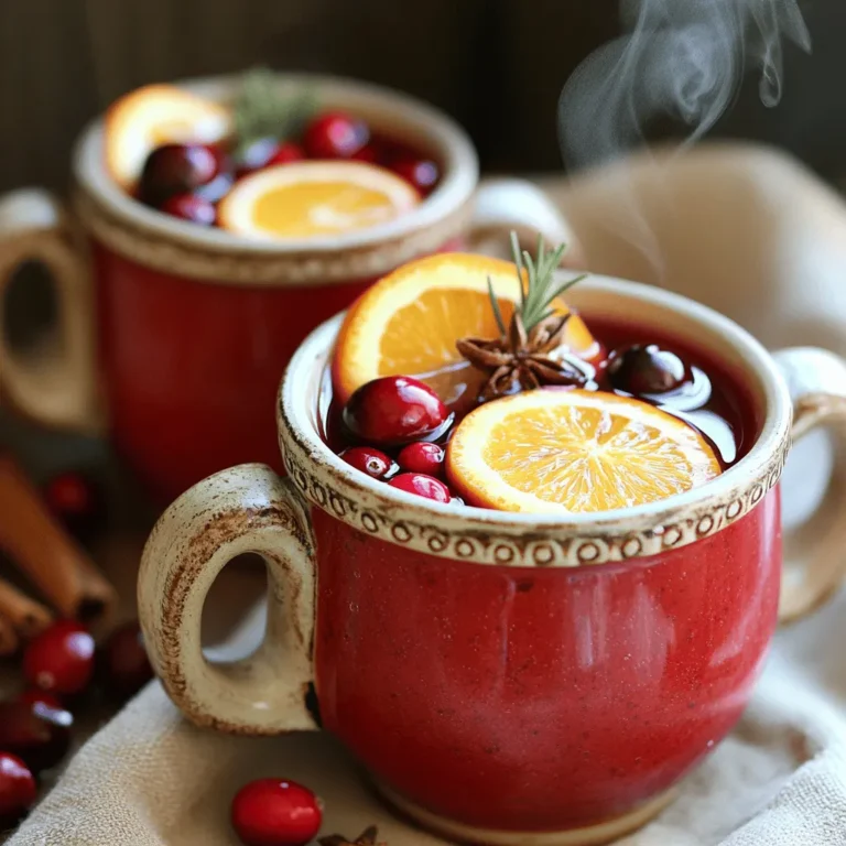 - 4 cups apple cider - 2 cups pure cranberry juice - 2 oranges, thinly sliced When making Spiced Cranberry Apple Cider, I always start with the main ingredients. Apple cider gives it a sweet base. Pure cranberry juice adds a nice tartness. Fresh oranges bring a bright flavor, making the drink festive. - 1/2 cup fresh cranberries - Fresh rosemary sprigs Garnishing is where you can get creative. Fresh cranberries look pretty in the cup. A sprig of rosemary adds a lovely aroma and a touch of elegance. - 1 tablespoon whole cloves - 2-3 cinnamon sticks - 1/2 tablespoon allspice berries - 1/4 cup packed brown sugar - 1 teaspoon pure vanilla extract Now, let’s talk spices. Whole cloves give a warm, cozy flavor. Cinnamon sticks add sweetness and warmth. Allspice berries enhance the spice mix. Brown sugar balances the tartness of the cranberry juice. Vanilla extract rounds out the flavors, making it all come together. For the full recipe and to see how all these elements come together, check out the [Full Recipe]. - Begin by taking a large pot and pouring in 4 cups apple cider and 2 cups pure cranberry juice. Stir gently to combine. - Next, add 2 cups water to the mix. Stir well to ensure everything blends evenly. This step creates a balanced base for your drink. - Now, introduce 2 thinly sliced oranges, 1 tablespoon whole cloves, 2-3 cinnamon sticks, 1/2 tablespoon allspice berries, 1/4 cup packed brown sugar, and 1 teaspoon pure vanilla extract into the pot. Mix everything together thoroughly. - Bring this mixture to a gentle boil over medium heat. Once it reaches a boil, reduce the heat to low. Let it simmer for 15-20 minutes. This step infuses the rich flavors and aromas into the cider. - If you are using 1/2 cup fresh cranberries, lightly mash them with a spoon during cooking. This helps release their natural juices into the cider. - After simmering, taste the cider. If you want it sweeter, gradually add more brown sugar until it reaches your desired sweetness. - Once the cider is aromatic and flavorful, strain out the spices using a fine mesh sieve. This ensures a smooth drink. - Finally, serve the hot cider in cozy mugs. Garnish with fresh cranberries and a sprig of rosemary for an added touch of elegance. Enjoy your festive drink! For the complete recipe, check out the [Full Recipe]. To make your spiced cranberry apple cider shine, adjust the simmer time. If you want stronger flavors, let it simmer longer. I often simmer for about 20 to 30 minutes. This extra time allows the spices to release their rich notes fully. Always use fresh, organic ingredients when possible. They add vibrant flavors and aromas. Before you serve, taste the cider. This step is key to getting the flavor just right. If it's not sweet enough, gradually add brown sugar. Start with a little and mix well. Keep tasting until you find your perfect level of sweetness. Presentation can elevate your drink. Garnish creatively with cranberries and rosemary. Place a few cranberries on top of each mug. A sprig of rosemary adds a festive touch. Serve in decorative mugs to make it feel special. Use mugs that match the holiday spirit for an extra festive look. {{image_4}} You can mix up your drink by adding different fruits. Try pear and cranberry cider for a sweet and tart twist. The pear adds a nice smoothness to the cider. You can also make spiced apple peach cider. The peach brings a juicy flavor that complements the spices well. If you want to change the sweetness, consider using honey or maple syrup. Both options give a unique taste. You can also cut down on sugar for a healthier drink. This way, you still get a delicious flavor without too much sweetness. For adult gatherings, consider making a spiked version. Adding rum or whiskey can elevate the drink. This adds warmth and depth to the flavor. A splash of alcohol makes it festive for holiday parties. Try these easy variations to keep your spiced cranberry apple cider exciting and fun! For the full recipe, check out the details above. To keep your spiced cranberry apple cider fresh, store it in the fridge. Use a clean glass jar or airtight container. This will help preserve its great taste. You can keep it for up to a week. When you reheat the cider, do it slowly on low heat. This helps keep the flavors intact. Avoid boiling it again, as that can change the taste. If you want to save cider for a long time, freezing is a great option. Pour the cooled cider into freezer-safe containers. Leave some space at the top, as liquids expand when frozen. You can freeze it for up to three months. When you're ready to enjoy it, move the container to the fridge. Let it thaw overnight for the best quality. Before serving, give your cider a good stir. This helps refresh the flavors after storage. If you want to enhance the taste, you can add a bit more cinnamon or brown sugar. Always check for any signs of spoilage before drinking. If it smells off or looks strange, it’s best to throw it away. Enjoy your warm cider safely! Spiced Cranberry Apple Cider is a warm, cozy drink. It blends apple cider with tart cranberry juice and spices. This drink is perfect for chilly days and holiday gatherings. People love it for its rich flavor and festive aroma. The combination of cinnamon, cloves, and orange makes it special. You can serve it hot, garnished with fresh cranberries and rosemary. This drink warms the heart and brings people together. Yes, you can make this cider in a slow cooker. Start by pouring in 4 cups of apple cider and 2 cups of cranberry juice. Add 2 cups of water to the mix. Next, toss in sliced oranges, whole cloves, cinnamon sticks, and allspice berries. Don’t forget the brown sugar and vanilla extract. Stir everything gently. Set your slow cooker on low for 4 to 6 hours. This method gives the spices time to blend deeply. Serve hot when ready! Yes, this recipe is great for kids. It is non-alcoholic and full of warm flavors. You can serve it at family gatherings or playdates. If you want a sweeter drink, add a little more brown sugar. The spices give it warmth without being too spicy for kids. You can even make a fun version by serving it in colorful mugs. Everyone will enjoy this festive drink! You can find commercial Spiced Cranberry Apple Cider at local grocery stores. Look for brands like Simply or Ocean Spray. Many stores offer seasonal flavors, especially around the holidays. Check the beverage aisle or the juice section. Some farms or specialty shops may sell homemade versions. These can be a tasty treat if you want to save time. This blog post shared a simple, delicious recipe for Spiced Cranberry Apple Cider. We covered essential ingredients like apple cider and cranberry juice, and added spices for flavor. I shared step-by-step instructions and tips for best results. You can even try fun variations or store leftovers easily. Enjoy making this warm drink with family and friends. It’s perfect for any gathering or cozy night in. Your kitchen will smell wonderful, and your taste buds will thank you.