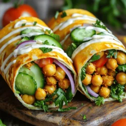 To make chickpea shawarma wraps, you will need these fresh ingredients: - 1 can (15 oz) chickpeas, drained and rinsed - 2 tablespoons olive oil - 2 teaspoons ground cumin - 2 teaspoons ground coriander - 1 teaspoon smoked paprika - 1 teaspoon garlic powder - 1/2 teaspoon cayenne pepper (adjust to your preferred spiciness) - Salt and black pepper to taste - 4 large whole wheat wraps or pita breads - 1 cup mixed greens (such as spinach, arugula, or your choice) - 1/2 cucumber, sliced into thin rounds - 1 medium tomato, diced into small pieces - 1/4 red onion, sliced paper-thin - 1/2 cup tahini sauce (either store-bought or homemade) - Fresh parsley, finely chopped (for garnish) Each ingredient in the chickpea shawarma wraps offers unique health benefits: - Chickpeas: High in protein and fiber, they help keep you full. - Olive oil: Rich in healthy fats, it supports heart health. - Cumin and coriander: These spices aid digestion and add flavor. - Smoked paprika: It provides antioxidants and a delicious smoky taste. - Garlic powder: Known for its immune-boosting properties. - Cayenne pepper: It may boost metabolism and add heat. - Whole wheat wraps: Provide whole grains for better digestion. - Mixed greens: Packed with vitamins and minerals, they add crunch. - Cucumber: Hydrating and low in calories, it adds freshness. - Tomato: Full of vitamins and antioxidants, it supports skin health. - Red onion: Offers anti-inflammatory benefits and adds flavor. - Tahini sauce: Made from sesame seeds, it’s rich in calcium. - Parsley: High in vitamins A, C, and K, it adds color and taste. When shopping for ingredients, look for these tips: - Buy seasonal: Seasonal produce is fresher and tastier. - Check for firmness: Choose cucumbers and tomatoes that feel firm. - Look for vibrant colors: Bright greens often mean fresher greens. - Visit local markets: Farmers' markets often have high-quality, local produce. - Read labels: For canned chickpeas, choose those without added sugars or preservatives. - Buy organic: For the best taste and fewer chemicals, choose organic when possible. These tips will help you find the best ingredients for your delicious chickpea shawarma wraps. For the full recipe, check [Full Recipe]. 1. Preheat the oven to 400°F (200°C). This step helps the chickpeas get crispy. 2. In a bowl, combine the drained chickpeas with olive oil. Add ground cumin, ground coriander, smoked paprika, garlic powder, cayenne pepper, and a pinch of salt and pepper. Mix until each chickpea is coated. 3. Line a baking sheet with parchment paper. Spread the seasoned chickpeas in a single layer. 4. Roast them for 25-30 minutes. Shake the pan halfway through to cook evenly. The chickpeas should be golden and crispy. 1. While the chickpeas roast, prepare the wrap ingredients. Slice the cucumber into thin rounds. Dice the tomato and slice the red onion very thin. 2. Once the chickpeas are done, let them cool for a few minutes. 3. Take a large whole wheat wrap or pita bread. Place a handful of mixed greens in the center. 4. Add a generous spoonful of the crispy chickpeas. Layer on the sliced cucumber, diced tomato, and red onion. 5. Drizzle with tahini sauce and sprinkle with fresh parsley. 6. Fold the sides of the wrap in first. Then roll tightly from the bottom up to hold everything inside. 7. Repeat these steps for the remaining wraps. Consider using a video or images to show each step. This can help you understand the process better. If you want to see the full recipe with pictures, check the [Full Recipe]. Visuals can make cooking more fun and ensure you get it just right! When making chickpea shawarma wraps, watch out for a few common mistakes. First, do not skip the rinsing of chickpeas. This step removes excess salt and helps them roast better. Second, be careful not to over-season the chickpeas. Balance is key! Too much spice can overpower the dish. Lastly, make sure to fold your wraps tightly, but not too tightly. You want all those great flavors to stay inside without tearing the wrap. Crispy chickpeas make all the difference in your wraps. To achieve the best crunch, start by drying the chickpeas well after rinsing. Use a kitchen towel to pat them dry. Then, toss them with olive oil and spices. This helps the heat circulate around each chickpea. Roast them on a parchment-lined baking sheet in a single layer. This ensures they cook evenly. Shake the pan halfway through for even crisping. The result is a crunchy texture that adds a delightful bite to your wraps. Chickpea shawarma wraps are versatile. Serve them with a side of fresh veggies or a light salad. You can also pair them with a zesty lemon dill sauce or a cooling yogurt dip. For an extra kick, add sliced jalapeños on top. If you want to add some crunch, serve with crispy pita chips. Don’t forget about drinks! A refreshing mint lemonade or a light iced tea complements the meal perfectly. For more ideas, check out the Full Recipe for inspiration. {{image_4}} You can easily change the ingredients in chickpea shawarma wraps to fit many diets. If you want a gluten-free option, try using corn tortillas instead of whole wheat wraps. For a low-carb version, you can use lettuce leaves as wraps. If you need more protein, add grilled chicken or tofu. For a vegan touch, use a plant-based yogurt instead of tahini sauce. These swaps keep the dish tasty and nutritious while meeting your needs. To mix things up, add some fun spices or sauces. Try adding ground cinnamon or turmeric for warmth. You can also sprinkle on some za'atar for a Middle Eastern flair. If you love heat, drizzle some hot sauce over your wraps. For a creamy touch, consider adding a dollop of hummus inside the wrap. These small changes can take your wraps to a new level of flavor. Meal prep makes weeknight dinners quick and easy. You can roast the chickpeas in advance and store them in an airtight container. They stay crispy for about three days. Prepare your veggies ahead of time, too. Cut the cucumber, tomato, and onion, then keep them in the fridge. When you're ready to eat, just assemble the wraps. This way, you enjoy a fresh, wholesome meal without the fuss. For the full recipe, check out the detailed instructions above. To keep your chickpea shawarma wraps fresh, wrap them tightly in plastic wrap or foil. This helps prevent air from getting in and keeps them from drying out. Store them in the fridge for up to three days. If you want to save them for longer, consider freezing. Just make sure to wrap them well to avoid freezer burn. When you’re ready to enjoy your wraps again, remove them from the fridge. You can reheat them in a few ways. The oven works best for crispiness. Preheat your oven to 350°F (175°C). Place the wraps on a baking sheet and heat for about 10-15 minutes. If you prefer a quicker method, use the microwave. Heat them in 30-second intervals until warm, but they may lose some crispiness. For storing wraps, I recommend using airtight containers. Glass containers with lids or BPA-free plastic containers work well. They keep moisture out and help maintain freshness. If you have leftover chickpeas, store them in a separate container to avoid sogginess. Always label your containers with dates to keep track of freshness. Shawarma is a Middle Eastern dish. It usually uses meat that cooks slowly on a vertical rotisserie. The chef slices the meat thinly and serves it in a wrap. Chickpea shawarma swaps meat for chickpeas, making it plant-based. This gives it a unique flavor while still being hearty. Unlike other wraps, shawarma has a mix of spices that create a warm and rich taste. You will love the blend of cumin, coriander, and paprika in every bite. Yes, chickpea shawarma wraps are naturally vegan! The main ingredients are chickpeas, fresh veggies, and spices. For the sauce, use tahini, which is made from sesame seeds. This sauce is creamy and delicious. You can make your own tahini or buy it at the store. These wraps are filling, tasty, and perfect for anyone who loves plant-based meals. The spice level of chickpea shawarma wraps can vary. I use cayenne pepper in the recipe. It adds a nice kick, but you can adjust the amount. If you like it mild, use less cayenne. If you love spice, feel free to add more! The great thing about these wraps is that you can customize them to your taste. Enjoy experimenting with the flavor until you find your perfect balance. For the full recipe, check out the details I shared earlier. Chickpea shawarma wraps are tasty, fun, and good for you. We explored the key ingredients and their health benefits. We discussed making these wraps step-by-step, with tips to avoid mistakes. You learned fun variations to please any palate and the best ways to store leftovers. Enjoy experimenting with flavors and sharing these wraps. They are not just easy to make but also a great meal for everyone. Dive into this healthy choice and enjoy every bite!
