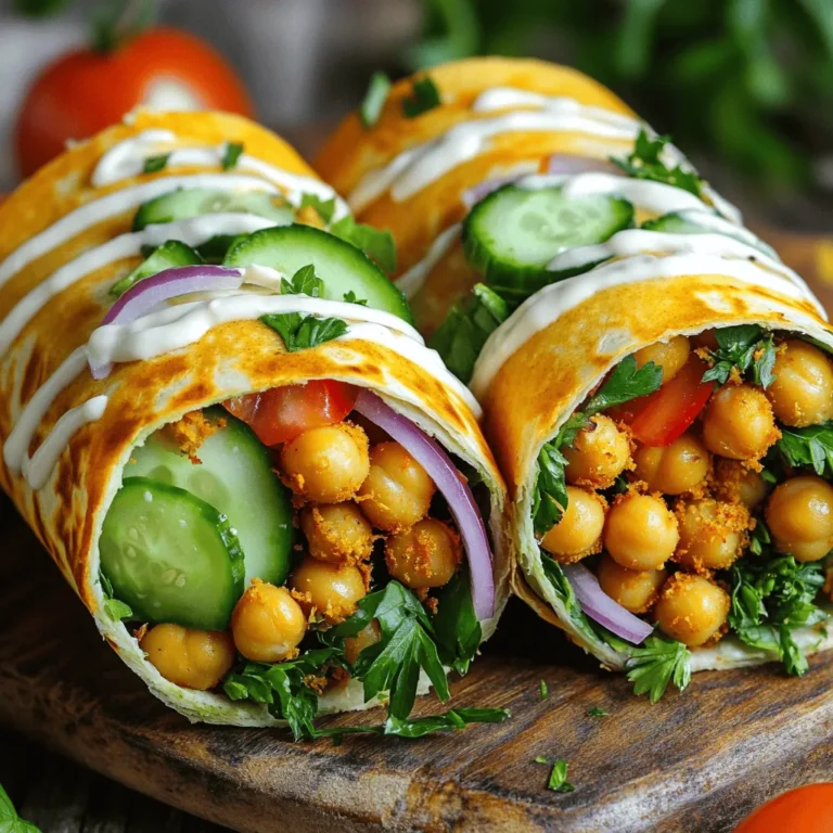 To make chickpea shawarma wraps, you will need these fresh ingredients: - 1 can (15 oz) chickpeas, drained and rinsed - 2 tablespoons olive oil - 2 teaspoons ground cumin - 2 teaspoons ground coriander - 1 teaspoon smoked paprika - 1 teaspoon garlic powder - 1/2 teaspoon cayenne pepper (adjust to your preferred spiciness) - Salt and black pepper to taste - 4 large whole wheat wraps or pita breads - 1 cup mixed greens (such as spinach, arugula, or your choice) - 1/2 cucumber, sliced into thin rounds - 1 medium tomato, diced into small pieces - 1/4 red onion, sliced paper-thin - 1/2 cup tahini sauce (either store-bought or homemade) - Fresh parsley, finely chopped (for garnish) Each ingredient in the chickpea shawarma wraps offers unique health benefits: - Chickpeas: High in protein and fiber, they help keep you full. - Olive oil: Rich in healthy fats, it supports heart health. - Cumin and coriander: These spices aid digestion and add flavor. - Smoked paprika: It provides antioxidants and a delicious smoky taste. - Garlic powder: Known for its immune-boosting properties. - Cayenne pepper: It may boost metabolism and add heat. - Whole wheat wraps: Provide whole grains for better digestion. - Mixed greens: Packed with vitamins and minerals, they add crunch. - Cucumber: Hydrating and low in calories, it adds freshness. - Tomato: Full of vitamins and antioxidants, it supports skin health. - Red onion: Offers anti-inflammatory benefits and adds flavor. - Tahini sauce: Made from sesame seeds, it’s rich in calcium. - Parsley: High in vitamins A, C, and K, it adds color and taste. When shopping for ingredients, look for these tips: - Buy seasonal: Seasonal produce is fresher and tastier. - Check for firmness: Choose cucumbers and tomatoes that feel firm. - Look for vibrant colors: Bright greens often mean fresher greens. - Visit local markets: Farmers' markets often have high-quality, local produce. - Read labels: For canned chickpeas, choose those without added sugars or preservatives. - Buy organic: For the best taste and fewer chemicals, choose organic when possible. These tips will help you find the best ingredients for your delicious chickpea shawarma wraps. For the full recipe, check [Full Recipe]. 1. Preheat the oven to 400°F (200°C). This step helps the chickpeas get crispy. 2. In a bowl, combine the drained chickpeas with olive oil. Add ground cumin, ground coriander, smoked paprika, garlic powder, cayenne pepper, and a pinch of salt and pepper. Mix until each chickpea is coated. 3. Line a baking sheet with parchment paper. Spread the seasoned chickpeas in a single layer. 4. Roast them for 25-30 minutes. Shake the pan halfway through to cook evenly. The chickpeas should be golden and crispy. 1. While the chickpeas roast, prepare the wrap ingredients. Slice the cucumber into thin rounds. Dice the tomato and slice the red onion very thin. 2. Once the chickpeas are done, let them cool for a few minutes. 3. Take a large whole wheat wrap or pita bread. Place a handful of mixed greens in the center. 4. Add a generous spoonful of the crispy chickpeas. Layer on the sliced cucumber, diced tomato, and red onion. 5. Drizzle with tahini sauce and sprinkle with fresh parsley. 6. Fold the sides of the wrap in first. Then roll tightly from the bottom up to hold everything inside. 7. Repeat these steps for the remaining wraps. Consider using a video or images to show each step. This can help you understand the process better. If you want to see the full recipe with pictures, check the [Full Recipe]. Visuals can make cooking more fun and ensure you get it just right! When making chickpea shawarma wraps, watch out for a few common mistakes. First, do not skip the rinsing of chickpeas. This step removes excess salt and helps them roast better. Second, be careful not to over-season the chickpeas. Balance is key! Too much spice can overpower the dish. Lastly, make sure to fold your wraps tightly, but not too tightly. You want all those great flavors to stay inside without tearing the wrap. Crispy chickpeas make all the difference in your wraps. To achieve the best crunch, start by drying the chickpeas well after rinsing. Use a kitchen towel to pat them dry. Then, toss them with olive oil and spices. This helps the heat circulate around each chickpea. Roast them on a parchment-lined baking sheet in a single layer. This ensures they cook evenly. Shake the pan halfway through for even crisping. The result is a crunchy texture that adds a delightful bite to your wraps. Chickpea shawarma wraps are versatile. Serve them with a side of fresh veggies or a light salad. You can also pair them with a zesty lemon dill sauce or a cooling yogurt dip. For an extra kick, add sliced jalapeños on top. If you want to add some crunch, serve with crispy pita chips. Don’t forget about drinks! A refreshing mint lemonade or a light iced tea complements the meal perfectly. For more ideas, check out the Full Recipe for inspiration. {{image_4}} You can easily change the ingredients in chickpea shawarma wraps to fit many diets. If you want a gluten-free option, try using corn tortillas instead of whole wheat wraps. For a low-carb version, you can use lettuce leaves as wraps. If you need more protein, add grilled chicken or tofu. For a vegan touch, use a plant-based yogurt instead of tahini sauce. These swaps keep the dish tasty and nutritious while meeting your needs. To mix things up, add some fun spices or sauces. Try adding ground cinnamon or turmeric for warmth. You can also sprinkle on some za'atar for a Middle Eastern flair. If you love heat, drizzle some hot sauce over your wraps. For a creamy touch, consider adding a dollop of hummus inside the wrap. These small changes can take your wraps to a new level of flavor. Meal prep makes weeknight dinners quick and easy. You can roast the chickpeas in advance and store them in an airtight container. They stay crispy for about three days. Prepare your veggies ahead of time, too. Cut the cucumber, tomato, and onion, then keep them in the fridge. When you're ready to eat, just assemble the wraps. This way, you enjoy a fresh, wholesome meal without the fuss. For the full recipe, check out the detailed instructions above. To keep your chickpea shawarma wraps fresh, wrap them tightly in plastic wrap or foil. This helps prevent air from getting in and keeps them from drying out. Store them in the fridge for up to three days. If you want to save them for longer, consider freezing. Just make sure to wrap them well to avoid freezer burn. When you’re ready to enjoy your wraps again, remove them from the fridge. You can reheat them in a few ways. The oven works best for crispiness. Preheat your oven to 350°F (175°C). Place the wraps on a baking sheet and heat for about 10-15 minutes. If you prefer a quicker method, use the microwave. Heat them in 30-second intervals until warm, but they may lose some crispiness. For storing wraps, I recommend using airtight containers. Glass containers with lids or BPA-free plastic containers work well. They keep moisture out and help maintain freshness. If you have leftover chickpeas, store them in a separate container to avoid sogginess. Always label your containers with dates to keep track of freshness. Shawarma is a Middle Eastern dish. It usually uses meat that cooks slowly on a vertical rotisserie. The chef slices the meat thinly and serves it in a wrap. Chickpea shawarma swaps meat for chickpeas, making it plant-based. This gives it a unique flavor while still being hearty. Unlike other wraps, shawarma has a mix of spices that create a warm and rich taste. You will love the blend of cumin, coriander, and paprika in every bite. Yes, chickpea shawarma wraps are naturally vegan! The main ingredients are chickpeas, fresh veggies, and spices. For the sauce, use tahini, which is made from sesame seeds. This sauce is creamy and delicious. You can make your own tahini or buy it at the store. These wraps are filling, tasty, and perfect for anyone who loves plant-based meals. The spice level of chickpea shawarma wraps can vary. I use cayenne pepper in the recipe. It adds a nice kick, but you can adjust the amount. If you like it mild, use less cayenne. If you love spice, feel free to add more! The great thing about these wraps is that you can customize them to your taste. Enjoy experimenting with the flavor until you find your perfect balance. For the full recipe, check out the details I shared earlier. Chickpea shawarma wraps are tasty, fun, and good for you. We explored the key ingredients and their health benefits. We discussed making these wraps step-by-step, with tips to avoid mistakes. You learned fun variations to please any palate and the best ways to store leftovers. Enjoy experimenting with flavors and sharing these wraps. They are not just easy to make but also a great meal for everyone. Dive into this healthy choice and enjoy every bite!