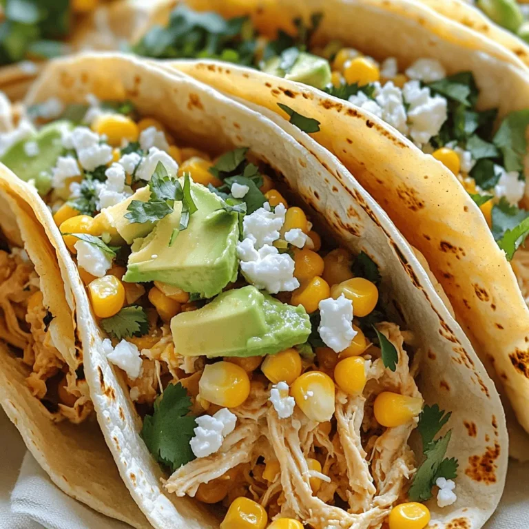 - 2 cups cooked and shredded chicken - 1 cup corn kernels (fresh or frozen) - 1/2 cup mayonnaise - 1/4 cup sour cream The main ingredients create a hearty base. Shredded chicken gives protein. Corn adds sweetness and texture. Mayonnaise and sour cream blend to form a creamy sauce. Together, they make a delicious mix. - 1/2 teaspoon chili powder - 1/4 teaspoon cayenne pepper (adjust for heat preference) - Juice of 1 lime Spices bring out flavors in your dish. Chili powder adds warmth and depth. Cayenne pepper adds heat, which you can adjust. Lime juice brightens the taste and balances richness. - 1/2 cup crumbled feta cheese - 2 tablespoons fresh cilantro, finely chopped - 1 avocado, sliced Toppings add freshness and crunch. Feta cheese gives a salty contrast. Fresh cilantro adds a burst of herbal flavor. Slices of avocado add creaminess. These toppings elevate each bite. Use this list for a tasty taco night. For the complete dish, check the Full Recipe. To start, gather your ingredients. In a mixing bowl, whisk together the mayonnaise, sour cream, chili powder, cayenne pepper, and lime juice. Mix until smooth. This creamy dressing adds great flavor. Once mixed, taste it. Adjust the salt and pepper to your liking. You want it to complement the chicken and corn. Next, heat a skillet over medium-high heat. Add the corn kernels. If you use frozen corn, thaw it and pat it dry first. Cook the corn for about five minutes. You want it to get slightly charred and fragrant. Charring the corn is key. It adds a nice smoky flavor that makes the tacos special. Now it’s time to mix the chicken and corn. In a large bowl, combine the shredded chicken with the charred corn. Pour in half of the creamy dressing. Toss everything gently. Make sure the chicken is well-coated with the dressing. This step makes each bite full of flavor. To warm corn tortillas without breaking, heat a clean skillet. Place each tortilla in the pan for about 30 seconds on each side. This warms them up and makes them soft. You can also wrap them in a damp paper towel and microwave them for 20 seconds. Choose small tortillas, about 6 inches wide. They hold the filling well and fit nicely in your hand. You can add different proteins or veggies to make your tacos unique. Try beef, shrimp, or black beans for a twist. If you like it hot, add jalapeños or hot sauce. For milder tacos, skip the spicy toppings. Adjust spice levels based on your taste. Pair your tacos with simple sides like rice or beans. A fresh salad adds crunch and color. Serve with dipping sauces like salsa or guacamole. This makes your meal feel complete. Serve the tacos with lime wedges to squeeze on top for extra flavor. Check out the Full Recipe for all the tasty details! {{image_4}} You can easily make these tacos vegetarian. Simply swap the chicken for plant-based protein. Options like tofu or tempeh work great. For more texture, add black beans or grilled vegetables. Grilled zucchini or bell peppers add a nice touch. These swaps keep the dish fun and flavorful. Want to kick it up a notch? Add jalapeños for a spicy kick. You can also drizzle some hot sauce on top. For a sweet twist, try a sweet chili glaze. This blend of heat and sweet makes every bite exciting. Experiment with different heat levels to find your favorite. Toppings can change the game. Instead of feta, try queso fresco or goat cheese. Fresh herbs like mint or dill add a unique flavor. You can also use pickled red onions for a tangy crunch. These small changes make a big difference in taste and presentation. For the full recipe, refer back to the earlier section. Enjoy exploring these variations! To keep your tacos fresh, let them cool first. Place the leftovers in an airtight container. Store them in the fridge for up to three days. If the corn and chicken mixture is separate, it will last longer. This method helps keep the ingredients fresh and tasty. When ready to eat, warm the filling in a skillet over low heat. Stir it gently to avoid drying it out. For the tortillas, heat them briefly in a dry skillet. This keeps them soft. You can also wrap them in a damp paper towel and microwave for about 15 seconds. This method preserves the flavor and texture. You can freeze the chicken and corn filling for later. Make sure it cools completely. Place it in a freezer-safe bag, and remove as much air as possible. Label the bag with the date. When you're ready to eat, thaw it overnight in the fridge. Reheat it gently on the stove to enjoy. You can enjoy many sides with these tacos. Here are some great options: - Black beans: They add protein and a hearty texture. - Mexican rice: A flavorful side that complements the tacos. - Chips and salsa: Perfect for crunch and a bit of spice. - Grilled vegetables: Add color and a smoky taste to your meal. For drinks, consider: - Classic margaritas: Their tangy flavor matches well. - Fresh limeade: A cool and refreshing choice. - Light beers: They balance the spice nicely. Yes, you can prep these tacos in advance. Here’s how: - Cook the chicken and corn: You can do this a day ahead. - Make the creamy dressing: Store it in the fridge for up to 3 days. - Warm the tortillas: Do this right before serving to keep them soft. For storage, keep: - Shredded chicken: In an airtight container for up to 4 days. - Corn mixture: Store for 2-3 days in the fridge. Customizing your tacos makes them your own. Here are some ideas: - Change the protein: Try beef, shrimp, or even beans for a veggie option. - Add spices: Sprinkle in some cumin or smoked paprika for depth. - Toppings: - Sliced jalapeños: For extra heat. - Pico de gallo: For fresh flavor and crunch. - Hot sauce: A drizzle for those who love spice. Feel free to mix and match these ideas to create your perfect taco! For the full recipe, check out the [Full Recipe]. Street Corn Chicken Tacos blend bold flavors and fresh ingredients. You learned how to prepare a creamy dressing and char corn for maximum taste. Remember to customize your tacos to fit your mood or dietary needs. From spices to toppings, the options are endless. Store any leftovers properly to enjoy them later. Simplifying meal prep will save you time and effort. I hope you are excited to try these delicious tacos for your next meal! Enjoy the flavors and make them your own.