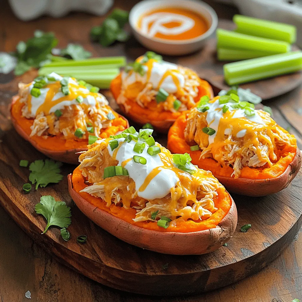 - 4 medium-sized sweet potatoes - 2 cups shredded cooked chicken - ½ cup buffalo sauce - 1 cup shredded sharp cheddar cheese - ½ cup Greek yogurt or sour cream - 2 green onions, thinly sliced - Salt and pepper to taste - Celery sticks - Crumbled blue cheese In this dish, sweet potatoes shine. Their natural sweetness balances the spicy buffalo chicken. You can use shredded chicken from a rotisserie for ease. The buffalo sauce adds heat, so adjust it to your taste. For cheese lovers, sharp cheddar provides a creamy, rich finish. Greek yogurt or sour cream gives a cooling touch. Sliced green onions add a fresh crunch. Salt and pepper enhance all the flavors. For extra flair, consider garnishing with celery sticks and crumbled blue cheese. These add crunch and tang, making each bite even better. If you want the full experience, check out the Full Recipe! - Preheat your oven to 400°F (200°C). This ensures the sweet potatoes bake evenly. - Rinse the sweet potatoes under running water. This removes dirt and makes them clean. - Prick each sweet potato all over with a fork. This lets steam escape while baking. - Place the sweet potatoes on a baking sheet. Drizzle them with olive oil. - Season with salt and pepper. Make sure each potato is well coated. - Bake for 45-60 minutes. They are done when a fork goes in easily. - In a bowl, mix the shredded chicken and buffalo sauce. Stir until the chicken is well coated. - Adjust the amount of buffalo sauce to your taste. More sauce means more heat! You can find the full recipe for Buffalo Chicken Stuffed Sweet Potatoes above. Enjoy making this dish! - Use rotisserie chicken for convenience: It saves time and adds great flavor. Just shred it and mix it with your buffalo sauce. - Test doneness of sweet potatoes: You want them soft. A fork should pierce easily. If they feel hard, bake a little longer. - Presentation suggestions: Serve the stuffed sweet potatoes on a wooden platter. This adds a rustic feel. This makes the dish more inviting. You can also add bowls of extra buffalo sauce and Greek yogurt on the side for dipping. - Side dish recommendations: Pair with a simple salad or crunchy veggies. These add freshness and balance to the meal. - Customizing spice levels: Adjust the buffalo sauce to your taste. Use less for a milder dish. Add more for a spicy kick. - Alternatives for ingredients: If you don’t have Greek yogurt, sour cream works well. You can also swap out cheddar for your favorite cheese. {{image_4}} You can switch up the protein in this dish. Ground turkey or beef works great if you crave something different. Just cook the meat with the buffalo sauce until it's nice and hot. If you want a vegetarian option, black beans are perfect. They give a hearty texture and absorb the sauce well. Just mash them a bit before mixing in the buffalo sauce for even more flavor. Cheese can change the whole dish. If sharp cheddar isn't your thing, try mozzarella or pepper jack. Mozzarella melts beautifully and adds a creamy texture. Pepper jack brings a spicy kick. Experiment with cheese blends for a unique taste. Buffalo sauce isn't the only option. You can use BBQ sauce for a sweeter flavor. A spicy ranch or a honey mustard sauce can also work well. If you want to tone down the heat, mix the buffalo sauce with ranch dressing. This creates a milder version that still tastes amazing. For the full recipe, check out the details above! To keep your buffalo chicken stuffed sweet potatoes fresh, store them in the fridge. Place leftovers in an airtight container. They will stay tasty for up to three days. If you want to save them for longer, freeze them! Wrap each stuffed potato tightly in plastic wrap. Then, place them in a freezer-safe bag. This way, they can last for up to three months. When it’s time to eat your leftovers, reheating is key. The best way is to use the oven. Preheat it to 350°F (175°C). Place the stuffed sweet potatoes on a baking sheet. Heat for about 15-20 minutes or until warm. This keeps the texture nice and fluffy. You can use the microwave too, but it may make the potatoes a bit soggy. If you choose this method, heat for 1-2 minutes. Check to see if they are warm, and add more time if needed. In the fridge, your buffalo chicken stuffed sweet potatoes will last for about three days. After that, they may spoil. Look for signs like a change in color or a sour smell. If you see any mold or if it smells off, it’s best to toss them. Keeping an eye on your leftovers helps you enjoy every delicious bite of this dish. For the full recipe, be sure to check out the earlier sections! Bake sweet potatoes at 400°F (200°C) for 45 to 60 minutes. They should be soft enough to pierce easily with a fork. The size of the sweet potatoes can change the baking time. Larger potatoes may take longer, while smaller ones will bake faster. Always check for doneness by inserting a fork to see if they feel tender. Yes, you can prep these stuffed sweet potatoes ahead of time. Cook the sweet potatoes and mix the buffalo chicken filling. Store them separately in the fridge for up to three days. When you're ready to eat, stuff the sweet potatoes and bake until heated through. This method helps save time during busy weeknights. Buffalo chicken stuffed sweet potatoes pair well with a fresh salad. Try a simple side salad with mixed greens, cherry tomatoes, and a light vinaigrette. You can also add celery sticks or carrot sticks for a crunchy side. These add a nice balance to the spicy flavors of the dish. Yes, this recipe can be gluten-free. Use gluten-free buffalo sauce and ensure your shredded chicken is also gluten-free. Most ingredients in the recipe, like sweet potatoes and cheese, are naturally gluten-free. Always check labels to avoid any hidden gluten in sauces and seasonings. To adjust the spice level, change the amount of buffalo sauce. For a milder dish, use less sauce or choose a mild version. If you want more heat, add extra buffalo sauce or mix in some hot sauce. You can also serve with ranch or blue cheese dressing to help cool down the spice. Buffalo chicken stuffed sweet potatoes offer a tasty blend of flavors and nutrition. We talked about key ingredients like sweet potatoes, chicken, and sauces. I shared simple steps for baking and filling them. You can also customize these with various proteins and cheeses. Don’t forget to check storage tips for leftovers. Experiment with flavors to suit your taste. I hope you enjoy making this dish as much as I do. Dive in and get creative!