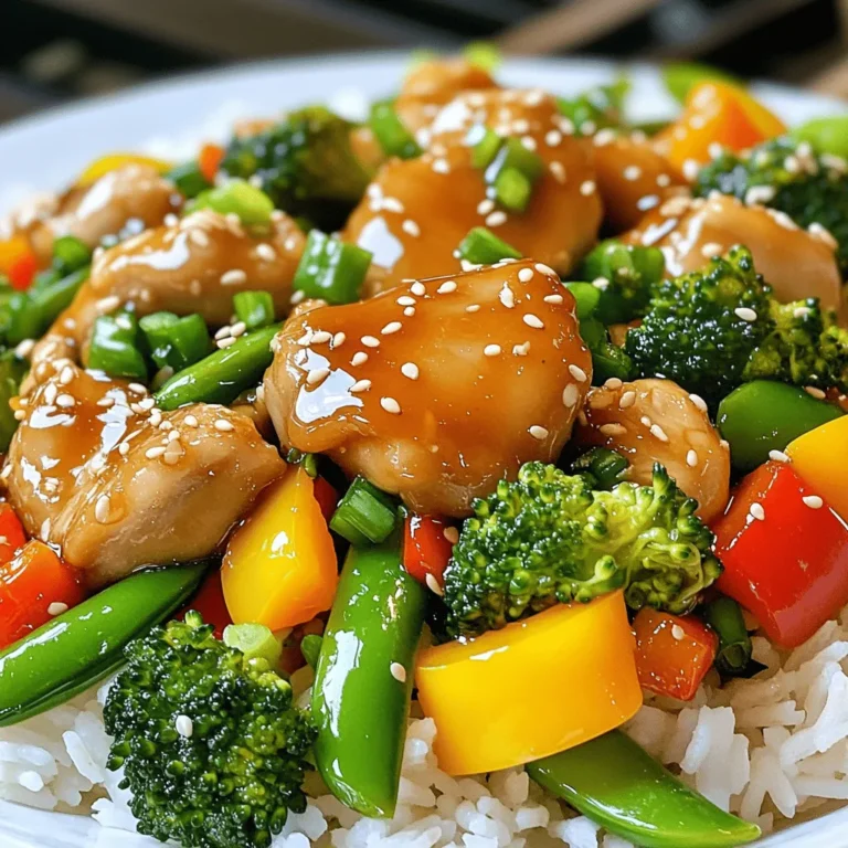 - Chicken: 1 lb boneless chicken thighs, sliced into bite-sized pieces - Sauce Components: 2 tablespoons honey, 3 tablespoons low-sodium soy sauce, 2 tablespoons fresh garlic, 1 tablespoon fresh ginger - Vegetables: 1 bell pepper (red or yellow), sliced into strips, 1 cup broccoli florets, 1 cup snap peas, trimmed - Cooking Essentials: 2 tablespoons vegetable oil, 1 teaspoon cornstarch mixed with 2 tablespoons water - Garnishes: Sesame seeds, chopped green onions - Serving Suggestions: Cooked rice or noodles When you gather your ingredients, make sure everything is fresh. The chicken thighs add richness. The honey brings sweetness, while the soy sauce gives depth. Fresh garlic and ginger add a punch of flavor. Colorful bell peppers, broccoli, and snap peas make the dish pop. Using high-quality veggies keeps the nutrients high. I love using low-sodium soy sauce because it lets the honey shine. The cornstarch helps thicken the sauce for a nice coating on the chicken and veggies. Don't forget the garnishes! Sesame seeds and green onions add flair. They make your dish look fun and inviting. You can use cooked rice or noodles as a base. This meal is quick to make and perfect for busy weeknights. For the full recipe, check out the detailed instructions to get started! - Combine honey, soy sauce, garlic, and ginger in a bowl. - Whisk until smooth and set aside. Making the sauce is simple. You start by mixing honey with soy sauce, minced garlic, and ginger. This mix gives a sweet and savory flavor. Whisk it well to blend everything. Setting it aside keeps the flavors ready for later. - Heat vegetable oil in a skillet over medium-high heat. - Add chicken, season with salt and pepper, and cook until golden brown. Next, let’s cook the chicken. Heat vegetable oil in a skillet. Once hot, add your sliced chicken. Don’t forget to season it with salt and pepper for taste. Cook the chicken until it turns golden brown. This takes about 5-7 minutes. You want it to be cooked through and not pink inside. - Add remaining oil and vegetables to the skillet. - Stir-fry for 3-4 minutes until vibrant and tender. Now it’s time for the veggies! Add a bit more oil to the skillet. Toss in the sliced bell pepper, broccoli, and snap peas. Stir-fry these for about 3-4 minutes. You want them to look bright and colorful but still tender. This step adds crunch and freshness to your dish. - Return chicken to skillet, pour in sauce, and stir to combine. - Add cornstarch slurry and cook until sauce thickens. Finally, bring it all together. Add the cooked chicken back into the skillet. Pour your prepared sauce over everything and stir well. Make sure all the chicken and vegetables get coated in that yummy sauce. Then, mix in the cornstarch slurry. This will help thicken the sauce. Cook for an extra 1-2 minutes. Your dish is now ready to serve! You can find the full recipe for Honey Garlic Chicken Stir Fry to guide you through these steps. - Use high heat for quick cooking and better texture. High heat helps your chicken get crispy. - Don’t overcrowd the skillet for even cooking. This way, each piece cooks well and stays juicy. - Add crushed red pepper for heat. A little spice can make this dish exciting. - Incorporate sesame oil for an extra depth of flavor. It adds nuttiness and makes every bite special. - Serve over rice or noodles with a drizzle of honey. This adds sweetness and looks beautiful. - Garnish with fresh herbs for visual appeal. Fresh cilantro or parsley brightens the plate and the dish. These tips can help you create a stunning and tasty Honey Garlic Chicken Stir Fry. For the full recipe, check out the detailed instructions above. {{image_4}} You can change the protein in this dish easily. Substitute chicken with tofu or shrimp for a tasty twist. Tofu absorbs flavors well, making it a good choice for this stir-fry. If you want a leaner option, use chicken breast instead of thighs. It cooks up nice and keeps the dish healthy. Want to mix things up? Swap out broccoli for bok choy or zucchini. Both add different tastes and textures. Carrots or mushrooms are great additions too. They bring a nice crunch and extra color to your stir-fry. You can adjust the sweetness of the sauce by changing the amount of honey. If you prefer a different flavor, try using teriyaki sauce instead. It adds a unique taste while keeping the dish delicious. For the full recipe, check out the complete instructions in the earlier sections. Refrigerate your Honey Garlic Chicken Stir Fry in an airtight container for up to 3 days. Make sure it cools down before you seal it. This step helps avoid moisture buildup, which can make your dish soggy. To reheat, use a skillet over medium heat. This method gives the best results. If the sauce has thickened too much, add a splash of water. This tip keeps the dish moist and tasty. If you want to save some for later, freeze it in portioned containers. It can stay good for up to one month. When you're ready to eat, thaw it in the fridge before reheating. This way, your Honey Garlic Chicken Stir Fry stays flavorful and fresh. Yes, chicken breast can be used for a leaner version. Chicken thighs offer tenderness and flavor, but breast works well too. Use gluten-free soy sauce to make it gluten-free. This simple swap keeps the dish delicious and safe for those with gluten allergies. Yes, you can prep ingredients and cook closer to serving time. Cut the chicken and vegetables earlier in the day for easy cooking later. Serve with steamed rice, noodles, or a fresh salad. These sides complement the stir-fry and add texture to your meal. Add crushed red pepper or sriracha to the sauce for heat. Adjust the amount to match your spice level preference. Prep time is 15 minutes, total cook time is around 25 minutes. In just 40 minutes, you can have a tasty meal ready. The full recipe includes all ingredients listed and detailed instructions for preparation. You can find it at the beginning of the article. This blog post showed how to create a delicious Honey Garlic Chicken Stir Fry. We covered key ingredients, step-by-step cooking methods, and valuable tips. You can swap proteins or veggies to suit your taste. Make sure to store any leftovers properly for future meals. I hope you feel excited to try this recipe. Enjoy your cooking and share this meal with family or friends!