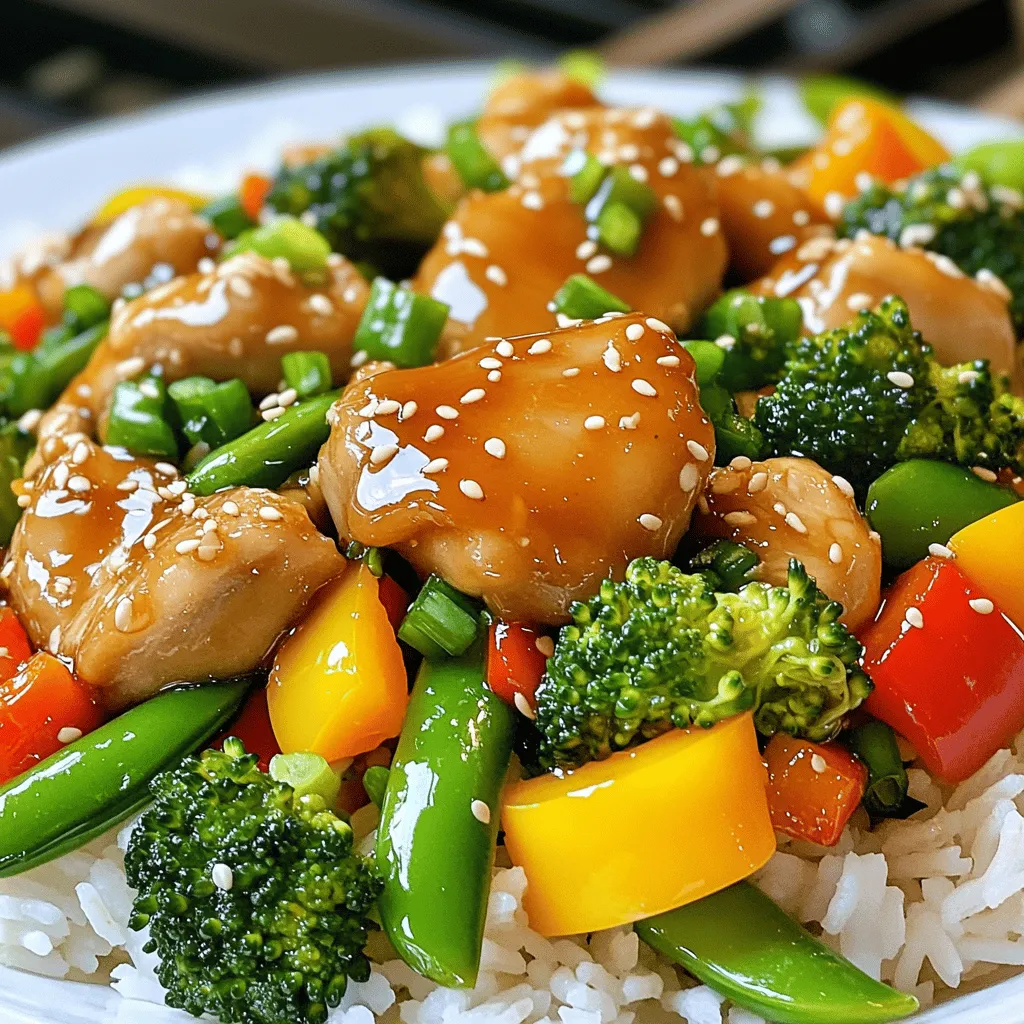 - Chicken: 1 lb boneless chicken thighs, sliced into bite-sized pieces - Sauce Components: 2 tablespoons honey, 3 tablespoons low-sodium soy sauce, 2 tablespoons fresh garlic, 1 tablespoon fresh ginger - Vegetables: 1 bell pepper (red or yellow), sliced into strips, 1 cup broccoli florets, 1 cup snap peas, trimmed - Cooking Essentials: 2 tablespoons vegetable oil, 1 teaspoon cornstarch mixed with 2 tablespoons water - Garnishes: Sesame seeds, chopped green onions - Serving Suggestions: Cooked rice or noodles When you gather your ingredients, make sure everything is fresh. The chicken thighs add richness. The honey brings sweetness, while the soy sauce gives depth. Fresh garlic and ginger add a punch of flavor. Colorful bell peppers, broccoli, and snap peas make the dish pop. Using high-quality veggies keeps the nutrients high. I love using low-sodium soy sauce because it lets the honey shine. The cornstarch helps thicken the sauce for a nice coating on the chicken and veggies. Don't forget the garnishes! Sesame seeds and green onions add flair. They make your dish look fun and inviting. You can use cooked rice or noodles as a base. This meal is quick to make and perfect for busy weeknights. For the full recipe, check out the detailed instructions to get started! - Combine honey, soy sauce, garlic, and ginger in a bowl. - Whisk until smooth and set aside. Making the sauce is simple. You start by mixing honey with soy sauce, minced garlic, and ginger. This mix gives a sweet and savory flavor. Whisk it well to blend everything. Setting it aside keeps the flavors ready for later. - Heat vegetable oil in a skillet over medium-high heat. - Add chicken, season with salt and pepper, and cook until golden brown. Next, let’s cook the chicken. Heat vegetable oil in a skillet. Once hot, add your sliced chicken. Don’t forget to season it with salt and pepper for taste. Cook the chicken until it turns golden brown. This takes about 5-7 minutes. You want it to be cooked through and not pink inside. - Add remaining oil and vegetables to the skillet. - Stir-fry for 3-4 minutes until vibrant and tender. Now it’s time for the veggies! Add a bit more oil to the skillet. Toss in the sliced bell pepper, broccoli, and snap peas. Stir-fry these for about 3-4 minutes. You want them to look bright and colorful but still tender. This step adds crunch and freshness to your dish. - Return chicken to skillet, pour in sauce, and stir to combine. - Add cornstarch slurry and cook until sauce thickens. Finally, bring it all together. Add the cooked chicken back into the skillet. Pour your prepared sauce over everything and stir well. Make sure all the chicken and vegetables get coated in that yummy sauce. Then, mix in the cornstarch slurry. This will help thicken the sauce. Cook for an extra 1-2 minutes. Your dish is now ready to serve! You can find the full recipe for Honey Garlic Chicken Stir Fry to guide you through these steps. - Use high heat for quick cooking and better texture. High heat helps your chicken get crispy. - Don’t overcrowd the skillet for even cooking. This way, each piece cooks well and stays juicy. - Add crushed red pepper for heat. A little spice can make this dish exciting. - Incorporate sesame oil for an extra depth of flavor. It adds nuttiness and makes every bite special. - Serve over rice or noodles with a drizzle of honey. This adds sweetness and looks beautiful. - Garnish with fresh herbs for visual appeal. Fresh cilantro or parsley brightens the plate and the dish. These tips can help you create a stunning and tasty Honey Garlic Chicken Stir Fry. For the full recipe, check out the detailed instructions above. {{image_4}} You can change the protein in this dish easily. Substitute chicken with tofu or shrimp for a tasty twist. Tofu absorbs flavors well, making it a good choice for this stir-fry. If you want a leaner option, use chicken breast instead of thighs. It cooks up nice and keeps the dish healthy. Want to mix things up? Swap out broccoli for bok choy or zucchini. Both add different tastes and textures. Carrots or mushrooms are great additions too. They bring a nice crunch and extra color to your stir-fry. You can adjust the sweetness of the sauce by changing the amount of honey. If you prefer a different flavor, try using teriyaki sauce instead. It adds a unique taste while keeping the dish delicious. For the full recipe, check out the complete instructions in the earlier sections. Refrigerate your Honey Garlic Chicken Stir Fry in an airtight container for up to 3 days. Make sure it cools down before you seal it. This step helps avoid moisture buildup, which can make your dish soggy. To reheat, use a skillet over medium heat. This method gives the best results. If the sauce has thickened too much, add a splash of water. This tip keeps the dish moist and tasty. If you want to save some for later, freeze it in portioned containers. It can stay good for up to one month. When you're ready to eat, thaw it in the fridge before reheating. This way, your Honey Garlic Chicken Stir Fry stays flavorful and fresh. Yes, chicken breast can be used for a leaner version. Chicken thighs offer tenderness and flavor, but breast works well too. Use gluten-free soy sauce to make it gluten-free. This simple swap keeps the dish delicious and safe for those with gluten allergies. Yes, you can prep ingredients and cook closer to serving time. Cut the chicken and vegetables earlier in the day for easy cooking later. Serve with steamed rice, noodles, or a fresh salad. These sides complement the stir-fry and add texture to your meal. Add crushed red pepper or sriracha to the sauce for heat. Adjust the amount to match your spice level preference. Prep time is 15 minutes, total cook time is around 25 minutes. In just 40 minutes, you can have a tasty meal ready. The full recipe includes all ingredients listed and detailed instructions for preparation. You can find it at the beginning of the article. This blog post showed how to create a delicious Honey Garlic Chicken Stir Fry. We covered key ingredients, step-by-step cooking methods, and valuable tips. You can swap proteins or veggies to suit your taste. Make sure to store any leftovers properly for future meals. I hope you feel excited to try this recipe. Enjoy your cooking and share this meal with family or friends!