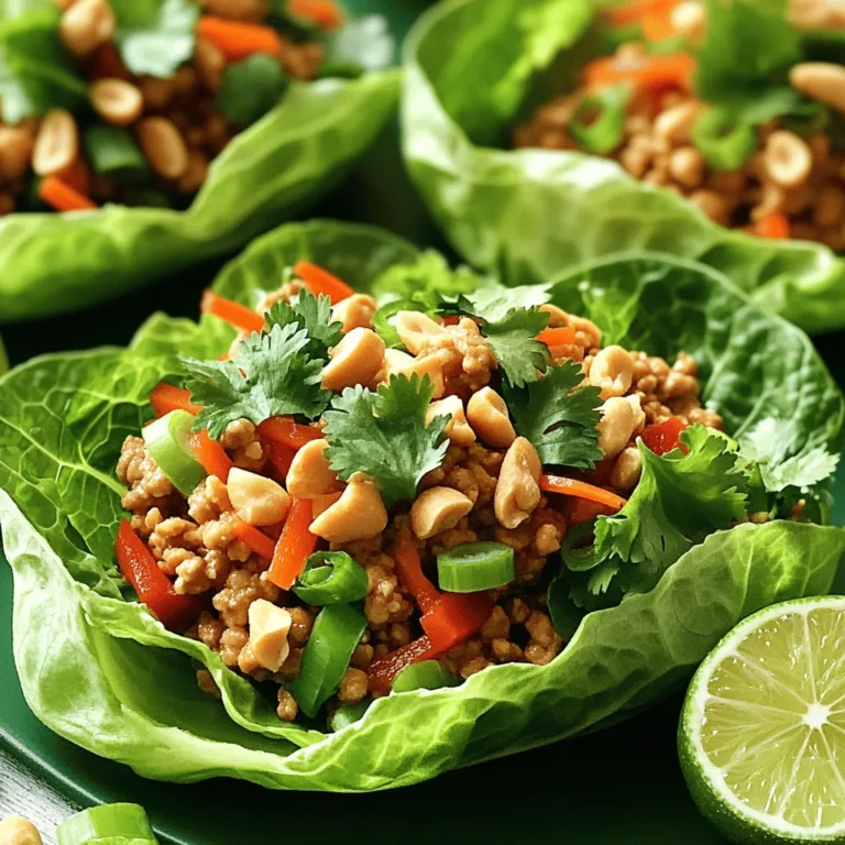 - 1 lb ground chicken - 12 large lettuce leaves (butter or romaine) - 3 tablespoons soy sauce - 2 tablespoons creamy peanut butter - 1 red bell pepper, diced - 1 cup green onions, sliced (divided) When you gather your ingredients, focus on quality. Fresh veggies make a big difference. You will need one pound of ground chicken. This will be the heart of your dish. You also want twelve large lettuce leaves. Butter or romaine lettuce works best. These leaves serve as your wrap and add a nice crunch. Now, for the sauce, grab three tablespoons of soy sauce. This adds salt and umami flavor. You will also need two tablespoons of creamy peanut butter. This helps create that rich and nutty taste. Next, let’s talk about the veggies. You need one red bell pepper diced into small pieces. This adds color and sweetness. Finally, slice up one cup of green onions. You will use half in the filling and save half for garnish later. This mix of ingredients creates a flavorful and simple dish. Check the [Full Recipe] for more on how to prepare it! First, you need to heat the vegetable oil in a large skillet over medium heat. Once the oil is hot, add the minced garlic and grated ginger. Sauté them for about one minute. This will help release their wonderful flavors. Be careful not to burn the garlic, as it can turn bitter. Next, increase the heat slightly and add the ground chicken to the skillet. Use a spatula to break the chicken apart. Cook it until it is well-browned and fully cooked, which will take around five to seven minutes. The chicken should be nice and crumbly. Once the chicken is cooked, stir in the diced red bell pepper, shredded carrot, and half of the sliced green onions. Cook this mixture for another three to four minutes. You want the vegetables to be tender but still colorful and crunchy. They add great texture and flavor to your dish. While the chicken and vegetables cook, prepare the sauce. In a small bowl, combine the soy sauce, creamy peanut butter, fresh lime juice, honey, and sriracha if you like a bit of heat. Whisk everything together until it is smooth and well-blended. This sauce ties all the flavors together. Pour the sauce over the chicken and vegetable mixture in the skillet. Stir to ensure everything is coated evenly. Let it cook for an additional two to three minutes. This allows the sauce to warm through and meld with the other flavors. Remove the skillet from the heat. Gently fold in the chopped roasted peanuts and fresh cilantro. These add a nice crunch and a burst of freshness. To serve, take a generous spoonful of the chicken mixture and place it onto each lettuce leaf. Top with a sprinkle of the remaining sliced green onions for extra crunch. For the full recipe, check out the details above. Enjoy your tasty Thai Peanut Chicken Lettuce Wraps! Using fresh ingredients makes a big difference. Fresh chicken and bright veggies boost flavor and texture. When you choose the best quality, your wraps taste better. Look for crisp lettuce and vibrant peppers for a colorful dish. Adjust the heat with sriracha to match your taste. If you like it mild, skip it or use less. For a spicy kick, add more. A little heat pairs well with the peanut sauce. It brings out the flavors and makes each bite exciting. For a great presentation, arrange the filled lettuce wraps on a colorful platter. This makes your dish pop! Add extra chopped peanuts and fresh cilantro on top for a crunchy look. Lime wedges on the side let guests add fresh juice to their wraps. This touch brightens the flavors. Pair your wraps with a light side, like a cucumber salad or jasmine rice. These dishes complement the wraps well and create a balanced meal. You can also serve some fresh fruit for dessert to keep things light and refreshing. If you have leftover filling, get creative! Use it in a stir-fry or mix it into a salad for lunch. You can also make a quick rice bowl by adding the filling on top of cooked rice. It’s a tasty way to enjoy your leftovers. To store wraps for later, keep the filling separate from the lettuce. This prevents the leaves from wilting. Use an airtight container for the filling and refrigerate it. Enjoy your delicious Thai Peanut Chicken Lettuce Wraps again in just a few days! For the full recipe, check out the cooking instructions above. {{image_4}} You can easily make this dish vegetarian. Instead of ground chicken, use tofu or tempeh. Both options add protein and soak up flavors well. Just press the tofu to remove excess water. Crumble it before cooking to get that nice texture. Tempeh can be crumbled too, or you can slice it thinly. You might also want to add more vegetables to the filling. Try mushrooms, zucchini, or snap peas. These veggies give a nice crunch and colorful look. Plus, they boost the nutrition in your wraps. Feel free to get creative with nuts or seeds. Instead of peanuts, try cashews or sunflower seeds. Each nut brings a different taste and texture. You can even toast them for a richer flavor. Experimenting with sauces can also change the overall taste. Swap the peanut butter for almond or cashew butter. Try different types of soy sauce too, like low-sodium or tamari. You can also sprinkle in some sesame oil for a nutty kick. If you need a gluten-free option, use tamari instead of soy sauce. This small change keeps the dish safe for those avoiding gluten. To cut back on sugar, use alternative sweeteners like agave or stevia. These options add sweetness without the calories. You can adjust the amount based on your taste preference. Make sure to check the *Full Recipe* for all the details! Store any leftover filling in an airtight container. Keep it in the refrigerator. This helps the chicken stay fresh and tasty. Use the filling within three days for the best flavor. To maintain freshness, let the filling cool before sealing it. This prevents condensation. Always label the container with the date. You’ll know when to use it. You can freeze the chicken mixture for future meals. To do this, put the cooled filling in a freezer-safe bag. Remove as much air as possible. This helps prevent freezer burn. For reheating, first, thaw the mixture in the fridge overnight. Then, heat it in a skillet over medium heat. Stir until it's warm all the way through. You can also microwave it in short bursts, stirring in between. This keeps the filling moist and delicious. Enjoy your meal again! If you want a tasty wrap but don’t have lettuce, try these options: - Collard greens: They are sturdy and can hold a lot of filling. - Cabbage leaves: These add a crunch and work well with the filling. - Nori sheets: Perfect for a sushi twist on wraps. - Tortillas: Use whole grain or gluten-free for a different flavor. These alternatives can give you different textures and tastes while still being fun to eat. Yes, you can make the sauce ahead! Here’s how: - Mix the sauce: Combine soy sauce, peanut butter, lime juice, honey, and sriracha. - Store it: Place it in an airtight container in the fridge. - Use within a week: This keeps the flavors fresh. Making the sauce in advance saves time and ensures you are ready to cook. To keep your wraps crisp, follow these tips: - Dry the leaves: Wash and dry your lettuce well before using. - Serve right away: Assemble the wraps just before you eat. - Avoid too much sauce: Add just enough sauce to coat the filling, but not drown it. By following these steps, you can enjoy your wraps without the sogginess! In this blog post, we explored a tasty recipe for chicken lettuce wraps. We covered the main ingredients, including chicken and fresh veggies. You learned how to prepare the filling and make a delicious sauce. We shared tips for serving and storing leftovers, plus creative variations. These lettuce wraps offer fun flavors and healthy options. Enjoy making them any time for a quick meal! Happy cooking!