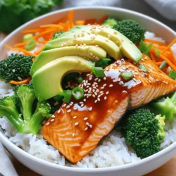 - 2 salmon fillets (approximately 6 ounces each) - 1/4 cup low-sodium soy sauce - 2 tablespoons honey - 1 tablespoon rice vinegar - 1 tablespoon freshly grated ginger - 2 cloves garlic, finely minced - 1 tablespoon sesame oil - 2 cups cooked jasmine rice or brown rice - 1 cup broccoli florets, steamed until tender - 1 cup shredded carrots - 1/2 ripe avocado, thinly sliced - Sesame seeds for garnish - 2 green onions, finely chopped for garnish Gathering these ingredients is key to making your teriyaki salmon bowls shine. Fresh salmon gives the best flavor, so pick good fillets. The low-sodium soy sauce keeps the dish balanced. Honey adds a nice sweetness, while rice vinegar brightens the taste. Grated ginger and minced garlic bring bold flavors. For the bowls, jasmine or brown rice serves as a great base. Steamed broccoli and shredded carrots add color and crunch. Sliced avocado gives a creamy texture. Don’t forget the sesame seeds and green onions for garnish. They add a lovely finish and extra flavor. If you want the full recipe, check out the Teriyaki Salmon Bowls 🥗 section. To make the teriyaki sauce, start by whisking together these ingredients: - 1/4 cup low-sodium soy sauce - 2 tablespoons honey - 1 tablespoon rice vinegar - 1 tablespoon freshly grated ginger - 2 cloves garlic, finely minced Mix them well in a bowl. Set this sauce aside for later use. It adds a sweet and savory flavor to your dish. Heat 1 tablespoon of sesame oil in a non-stick skillet over medium heat. Once hot, carefully place the salmon fillets skin-side down in the skillet. Cook them for about 4 to 5 minutes until the skin is crispy. Now, gently flip the salmon fillets over. Pour half of the teriyaki sauce over the top. Cook for another 3 to 4 minutes. Spoon the sauce over the salmon to add flavor. The fish should flake easily when done. Remove it from heat and set aside. Start with 2 cups of cooked jasmine or brown rice as the base for each bowl. Add a cup of steamed broccoli florets and a cup of shredded carrots on top of the rice. Place one salmon fillet on each bowl. Drizzle the remaining teriyaki sauce over the salmon and veggies. Garnish with sesame seeds and chopped green onions for a fresh crunch. This method ensures a tasty and colorful meal. Enjoy every bite of your teriyaki salmon bowl! - Use a non-stick skillet for even cooking. This helps the fish not stick. - Avoid overcooking to maintain tenderness. A few minutes too long makes it dry. - Adjust sweetness with more or less honey. Taste as you go for best flavor. - Add chili flakes for a spicy kick. This makes it exciting and vibrant. - Use colorful bowls for an appealing setup. Bright colors make the dish pop. - Consider adding a lime wedge per serving for extra flavor. A squeeze adds zest. {{image_4}} You can easily turn this meal vegetarian. Just swap out the salmon for tofu or tempeh. Both of these choices soak up flavor well. For best results, marinate them in the same teriyaki sauce. This will give you a rich, tasty dish. If you want to switch up your base grain, there are great options. Quinoa and farro are both healthy and hearty choices. They add a nice texture to your bowl. For a low-carb option, try cauliflower rice. It’s light and packed with nutrients. Want to boost the nutrition? Add more veggies! Bell peppers, snap peas, and edamame are all delicious. They add color and crunch. You can also mix in leafy greens like spinach or kale. This not only enhances flavor but also makes your bowl more vibrant. Store leftovers in an airtight container. This keeps your food fresh. It is best to eat them within 2-3 days. After that, the taste might fade. If you want to save some for later, freeze teriyaki salmon fillets separately from the veggies. This helps keep flavors intact. Remember, you can reheat them gently to avoid drying out the salmon. To reheat, use a microwave or a skillet on low heat. This way, your meal warms evenly. Add a splash of water to retain moisture. This simple step helps keep your salmon tasty and juicy. - Prep time: 10 minutes - Total time: 20 minutes Cooking teriyaki salmon bowls is quick and simple. You will need about 10 minutes to prepare the ingredients. Cooking the salmon and assembling the bowls takes another 10 minutes. In just 20 minutes, you can enjoy a tasty meal. - Yes, options like tuna or trout can work well If you want to switch things up, you can use other fish. Tuna and trout are great alternatives. Both have a nice flavor and cook well with teriyaki sauce. Feel free to explore different fish based on your taste. - Consider miso soup, Asian slaw, or grilled vegetables Looking for side dishes? Miso soup is warm and comforting. Asian slaw adds crunch and freshness. Grilled vegetables make a colorful and tasty addition. These sides work well to complement the flavors of the teriyaki salmon bowls. - For the complete recipe, please refer to the Teriyaki Salmon Bowls 🥗 section. You can find the full recipe with all the details in the Teriyaki Salmon Bowls 🥗 section. It includes everything you need for this delicious dish. This blog post guides you in making tasty Teriyaki Salmon Bowls. You learned about the key ingredients, easy steps, and helpful tips. Customizing your bowl with different veggies or substitutes offers new flavors. When you store and reheat leftovers, you maintain the taste, extending your meal’s life. Experimenting with alternatives keeps your meals exciting. Now, you are ready to create a healthy, delicious dish that fits your taste! Enjoy your cooking!
