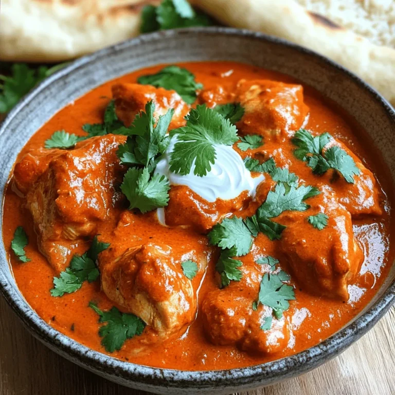 - 500g boneless chicken thighs, cut into bite-sized pieces - 1 cup plain yogurt - 2 tablespoons fresh lemon juice - 2 tablespoons garam masala - 1 tablespoon ground cumin - 1 tablespoon ground coriander - 1 teaspoon turmeric powder - 1 teaspoon red chili powder (adjust for spice preference) - 4 cloves garlic, finely minced - 1 inch piece of ginger, freshly grated - 2 tablespoons vegetable oil - 1 large onion, finely chopped - 1 can (400g) crushed tomatoes - 1 cup heavy cream - Salt, to taste - Fresh cilantro, chopped, for garnish When preparing Chicken Tikka Masala, gathering the right ingredients is key. You start with chicken thighs. They stay juicy during cooking. You also need plain yogurt and fresh lemon juice for the marinade. The yogurt adds creaminess and the lemon gives a nice zing. The spices are where the magic happens. Garam masala, cumin, and coriander bring warmth and depth. Turmeric adds a bright color, and red chili powder gives it a kick. You can adjust the chili powder to fit your taste. Garlic and ginger add great flavor. Finely mince the garlic and grate the ginger to release their aroma. For cooking, vegetable oil and a large onion are the base. The oil helps to sauté the onion until it's golden brown. This step builds the dish's flavor. Next, crushed tomatoes are vital. They create a rich sauce that makes this dish special. Heavy cream gives the sauce a luxurious texture. Finally, season with salt to enhance all the flavors. Don’t forget fresh cilantro for a fresh touch when you serve. This combination of ingredients will help you create a delicious Chicken Tikka Masala. Check out the Full Recipe for detailed instructions! First, grab a medium bowl. In this bowl, mix 1 cup of plain yogurt and 2 tablespoons of fresh lemon juice. Next, add your spices: 2 tablespoons of garam masala, 1 tablespoon of ground cumin, 1 tablespoon of ground coriander, 1 teaspoon of turmeric powder, and 1 teaspoon of red chili powder. You can adjust the chili powder to fit your spice level. Then, add 4 cloves of finely minced garlic and 1 inch of freshly grated ginger. Stir until smooth. Now, take your 500g of boneless chicken thighs and cut them into bite-sized pieces. Coat each piece well in the marinade. Make sure every piece is fully covered. Cover the bowl with plastic wrap and refrigerate for at least 1 hour. For the best flavor, marinate the chicken overnight. In a large skillet, heat 2 tablespoons of vegetable oil over medium heat. Once it is hot, add 1 large finely chopped onion. Sauté the onion for about 5-7 minutes. You want it to turn golden brown and smell great. Carefully add the marinated chicken to the skillet, including all the marinade. Cook the chicken for 10-12 minutes. Stir it occasionally. You want the chicken to be fully cooked and tender. Now, pour 1 can (400g) of crushed tomatoes into the skillet. Stir well to mix everything. Let the mixture simmer for about 10 minutes. This helps the flavors blend together. After simmering, lower the heat to low. Gradually stir in 1 cup of heavy cream. Cook for another 5 minutes. This makes the dish creamy and rich. Finally, add salt to taste. When serving, garnish with fresh chopped cilantro. You can find the full recipe details above with all the ingredients and preparation steps. Enjoy your delicious Chicken Tikka Masala! Marinating chicken is key for great flavor. I recommend marinating overnight. This allows the spices to soak in deeply. Use a clean bowl and mix yogurt, lemon juice, and spices well. Make sure each chicken piece is fully coated. Cover it well and refrigerate. To get tender chicken, cook on medium heat. This helps keep it juicy. Avoid high heat, as it can dry out the meat. Stir occasionally while cooking. For spice levels, start with less chili powder. You can always add more later. Taste as you go to find your perfect balance. Chicken Tikka Masala pairs well with fluffy rice or warm naan. These sides soak up the sauce nicely. For a lovely presentation, serve in a shallow bowl. Add a sprinkle of cilantro and a swirl of cream. This makes the dish look inviting and tasty! {{image_4}} You can easily make Chicken Tikka Masala vegetarian. Just swap the chicken for paneer or tofu. Paneer adds a rich texture. Tofu absorbs flavors well. Adjust the spices slightly for these proteins. Use less chili powder for a milder taste. Different parts of India enjoy unique spice levels. Northern regions often use more cream and spices. Southern regions may prefer a hotter dish. You can choose between curd or cream for a lighter version. Curd gives a tangy taste, while cream adds richness. Want a dairy-free version? Coconut cream is a great substitute. It makes the sauce creamy and adds a hint of sweetness. If you like milder flavors, reduce the acidity by using less tomato. This helps balance the dish for those who prefer gentler tastes. Check the Full Recipe for more details on making Chicken Tikka Masala. To store leftovers, let the Chicken Tikka Masala cool down. After that, place it in an airtight container. This helps keep the dish fresh. You can store it in the fridge for up to three days. Always check for any signs of spoilage before eating. Want to save some for later? You can freeze Chicken Tikka Masala. First, let it cool completely. Then, use freezer-safe containers. Make sure to leave some space at the top, as the sauce may expand. This dish can last in the freezer for up to three months. When you're ready to eat, thaw it in the fridge overnight. Reheat it on the stove over low heat. Stir often to keep it creamy and delicious. To make weeknight dinners simple, consider meal prepping. You can cook a big batch of Chicken Tikka Masala ahead of time. Store it in single servings. This way, you only take out what you need. Use glass or BPA-free plastic containers for easy storage. Label each container with the date to keep track of freshness. This makes dinner stress-free and quick! Chicken Tikka Masala is a famous dish from India. It features marinated chicken in a rich, spiced sauce. The flavors come from yogurt, spices, and fresh ingredients. This dish has roots in Indian cuisine but gained fame in Britain. It symbolizes the blend of cultures and tastes. People enjoy it for its depth of flavor and warmth. You can find it in many restaurants and homes around the world. Yes, you can use a slow cooker for Chicken Tikka Masala. Start by marinating the chicken as usual. After marinating, place the chicken and sauce ingredients in the slow cooker. Cook on low for 4 to 6 hours. This method allows the flavors to deepen. Stir in the cream at the end. This makes it creamy and rich, just like the traditional way. If you want lighter options, you have a few choices. You can use coconut cream for a dairy-free option. Greek yogurt also works well for a tangy flavor. Another option is half-and-half, which is lighter than heavy cream. Just remember to adjust the cooking time if needed. These substitutes will keep your dish creamy and delicious. Adjusting the spice level is easy! For mild flavors, reduce the red chili powder. You can also use sweet paprika for color without heat. For medium spice, stick to the original recipe. If you love heat, add more chili powder or fresh chilies. Taste as you go to find your perfect balance. Enjoy creating a dish that suits your taste! This blog post showed you how to make Chicken Tikka Masala, step by step. We covered the marinade, cooking instructions, and tips to enhance flavor and texture. You can even try vegetarian options or adjust the recipe to suit your taste. Don’t forget to store leftovers properly for future meals. Now it’s time to cook up a delicious dish that is sure to impress! Happy cooking, and enjoy your flavorful journey!