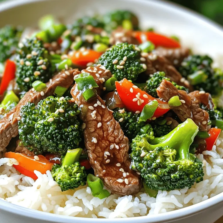 To make a great Beef and Broccoli Stir Fry, gather these fresh ingredients: - 1 lb flank steak, thinly sliced against the grain - 2 cups broccoli florets - 1 red bell pepper, sliced into thin strips - 3 cloves garlic, finely minced - 1 tablespoon fresh ginger, finely minced - 1/4 cup low-sodium soy sauce - 2 tablespoons oyster sauce - 1 tablespoon cornstarch - 2 tablespoons vegetable oil, divided - 1 tablespoon sesame oil - 1 teaspoon crushed red pepper flakes (optional, for heat) - Cooked jasmine rice or noodles for serving - Sesame seeds, for garnish - Chopped green onions, for garnish These ingredients combine to create a delicious mix of flavors and textures. The flank steak gives a tender bite, while broccoli adds crunch. Red bell pepper brings sweetness, and garlic and ginger add depth to the taste. The sauces create a savory coating that makes each bite pop. Don't forget to serve over jasmine rice or noodles, topped with sesame seeds and green onions for that extra touch. For the full recipe, check out the detailed steps to bring this dish to life! - Combine flank steak, soy sauce, oyster sauce, and cornstarch in a bowl. - Cover and let marinate for 15-20 minutes. Marinating the beef adds flavor and tenderness. The soy sauce gives a salty taste, while oyster sauce adds a hint of sweetness. Cornstarch helps to create a nice coating that keeps the beef juicy during cooking. - Bring a pot of water to a rapid boil. - Blanch broccoli florets for 2 minutes. - Transfer to ice water to stop cooking. Blanching brightens the broccoli's color and keeps it crisp. The ice water quickly halts the cooking process. This step ensures your broccoli remains vibrant and crunchy in the stir fry. - Heat vegetable oil in a skillet or wok. - Stir-fry marinated beef for 3-4 minutes until browned. - Remove and set aside. Using high heat is key when cooking the beef. It helps to sear the meat quickly, locking in juices. Make sure to stir constantly for even cooking. - Add garlic, ginger, and red bell pepper to skillet. - Stir-fry for 1-2 minutes until fragrant. Garlic and ginger bring a strong aroma to the dish. They add depth to the flavor. The red bell pepper adds a sweet crunch, balancing the savory beef. - Return beef and add blanched broccoli. - Drizzle with sesame oil and add crushed red pepper flakes. - Stir-fry for 2-3 minutes. This step melds all the flavors together. Sesame oil adds a nutty taste. If you like spice, the red pepper flakes will kick it up a notch. - Taste the dish. - Adjust seasoning or add more sauce if desired. - Serve hot over jasmine rice or noodles. - Garnish with sesame seeds and green onions before serving. Always taste before serving! You can adjust the saltiness or add more sauce as needed. Serving over jasmine rice or noodles makes it a complete meal. The sesame seeds and green onions add a beautiful finish. For the full recipe, see the instructions provided earlier. For a great stir fry, choose flank steak or sirloin. These cuts are tender and full of flavor. Slice the beef against the grain. This makes it easier to chew. Look for the lines in the meat. Cut across those lines. This simple step makes a big difference in texture. Want to kick up the taste? Add more garlic or ginger. These two ingredients bring a fresh zing. You can also use hoisin sauce for a twist. This sauce adds sweetness and depth. Experiment with flavors to find your favorite mix. High heat is key when stir-frying. It cooks the food quickly and keeps it crisp. A wok is best for this type of cooking. It allows for even heat and easy stirring. If you don’t have a wok, a skillet works too. Just make sure it’s heavy and heats well. For the full recipe, check out the link. {{image_4}} You can change the veggies in this dish. If you want to switch from broccoli, try snow peas or bell peppers. They add color and crunch. You can also add carrots, mushrooms, or baby corn. Each veggie brings its own taste. Mixing different vegetables can keep it exciting. If you prefer a different protein, you can use chicken, shrimp, or tofu instead of beef. Each protein has its own cooking time, so adjust as needed. For chicken, cook it until no pink shows. Shrimp cooks fast, about 2-3 minutes, and tofu should be crispy. This way, you can enjoy a new twist on the dish. If you need a gluten-free choice, use tamari instead of soy sauce. Tamari has a similar taste, but it's gluten-free. Check that all sauces and ingredients are gluten-free too. This makes the dish safe for everyone while keeping the great flavors intact. To store leftovers from your Beef and Broccoli Stir Fry, place them in an airtight container. This keeps the dish fresh. Store it in the fridge for up to three days. Make sure to let it cool before sealing. You can freeze Beef and Broccoli Stir Fry for later use. Place it in a freezer-safe container. It keeps well for up to three months. To reheat, thaw it overnight in the fridge. This helps keep the flavors intact. For the best texture and flavor, reheat your stir fry in a skillet. Use medium heat to warm it up gently. Stir often to avoid burning. If you find the broccoli soggy, add a splash of water. This helps revive its crispness. Enjoy your flavorful dish just as you made it! For stir fry, flank steak is my top choice. It stays tender and flavorful when cooked quickly. Sirloin also works well and is easy to find. Remember to slice the meat thinly against the grain. This helps break down the fibers and makes each bite more tender. Yes, you can prepare this dish in advance. Cook the beef and veggies as directed, then cool them. Store them in airtight containers in the fridge for up to three days. When you are ready to eat, just reheat in a skillet or microwave. This saves time on busy nights! This dish can be healthy, especially with fresh veggies and lean beef. Broccoli is rich in vitamins and fiber. To make it even healthier, use less oil and low-sodium soy sauce. You can also increase the veggie portion for more nutrients. If your dish is too salty, try adding a bit of sugar. This can balance the flavors. You can also add more vegetables or cooked rice to dilute the saltiness. Lastly, use low-sodium soy sauce to start with less salt. Great sides include jasmine rice or noodles. You can also serve it with a light salad or steamed dumplings. These options complement the dish well and make a full meal. If you lack oyster sauce, soy sauce is a good substitute. You can mix soy sauce with a bit of sugar for sweetness. Hoisin sauce also works and adds a unique flavor. Feel free to get creative with your substitutes! For the complete recipe, check out the Full Recipe. This blog post covered how to make a delicious Beef and Broccoli Stir Fry. We explored the ingredients, step-by-step instructions, and useful tips to enhance flavor. You learned about variations and how to store leftovers properly. My final thought is that this dish is simple, healthy, and great for any meal. It's perfect for a quick weeknight dinner. I hope you enjoy making this tasty recipe with your own twist!