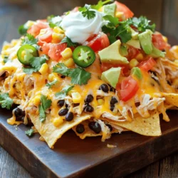 - 2 cups cooked chicken, shredded - 1 bag (12 oz) tortilla chips - 1 cup black beans, thoroughly drained and rinsed - 1 cup corn kernels (fresh or canned) - 1 cup diced tomatoes (fresh or canned) - 1 cup shredded cheddar cheese - 1 cup shredded Monterey Jack cheese Loaded chicken nachos start with key ingredients. First, use shredded chicken for a tasty base. Tortilla chips give that nice crunch. Black beans add protein and flavor. Corn kernels sweeten the dish. Fresh or canned tomatoes keep it juicy. Finally, cheese varieties like cheddar and Monterey Jack melt beautifully. - Jalapeño slices - Diced avocado - Sour cream - Fresh cilantro Toppings can elevate your nachos. Jalapeño slices bring heat if you want spice. Diced avocado adds creaminess. Sour cream cools the dish down. Fresh cilantro gives a pop of flavor and color. Feel free to mix and match these toppings for the best experience. - 1 tablespoon olive oil - 1 teaspoon ground cumin - 1 teaspoon chili powder - Salt to taste - Freshly cracked black pepper Seasoning makes a big difference. Olive oil helps cook the chicken mix. Ground cumin and chili powder add warmth and depth. Don’t forget to season with salt and pepper. These ingredients are simple but pack a punch. For the full recipe, check out Cheesy Fiesta Loaded Chicken Nachos. To start, heat 1 tablespoon of olive oil in a medium skillet over medium heat. Wait until the oil shimmers. Then, add 2 cups of shredded chicken, 1 cup of black beans, 1 cup of corn, and your spices. I use 1 teaspoon of ground cumin and 1 teaspoon of chili powder for great flavor. Add a pinch of salt and freshly cracked black pepper to taste. Cook this mixture for about 5 minutes. Stir it well to combine. You want everything heated through and fragrant. This step makes a big difference in taste. Next, grab a large, rimmed baking sheet. Spread out 1 bag of tortilla chips in a single, even layer. Make sure the chips are well distributed. This helps the toppings cover each chip. Now, spoon the chicken mixture evenly over the tortilla chips. Ensure every chip gets a taste of that flavorful chicken. Then, sprinkle 1 cup of diced tomatoes and the optional sliced jalapeño over the top. Follow this with 1 cup each of shredded cheddar cheese and Monterey Jack cheese. Preheat your oven to 350°F (175°C). Place the baking sheet in the oven once it’s hot. Bake for 10-15 minutes. Keep a close eye on the nachos. You want the cheese to melt, bubble, and turn golden. For the best cheese melt, avoid overloading the nachos. This helps keep everything crispy. Once done, remove the nachos from the oven using oven mitts. Top with 1 diced avocado, ½ cup of sour cream, and ¼ cup of fresh cilantro. Serve your loaded chicken nachos hot for the best flavor experience. You can find the Full Recipe for more details and tips! To make the best loaded chicken nachos, focus on heat and crunch. Spread the tortilla chips evenly on the baking sheet. This step helps them heat up well. When you add toppings, make sure they are spread out too. Layering toppings gives more flavor in every bite. Adding extra layers makes your nachos even better. Start with chips, then add chicken. Next, sprinkle cheese and beans. Don’t forget the corn and tomatoes. Each layer counts for taste and texture. You want every bite to be a party in your mouth! When serving nachos, make them look fun. Use the baking sheet for a casual vibe. You can also move them to a big platter. Add lime wedges and extra cilantro around the edges. They make the dish pop! For drinks, pair nachos with soda or beer. A cold drink balances the heat. You can also try fruit-infused water. It’s refreshing and helps cool down spicy flavors. Don’t overload your chips with toppings. Too many toppings make them soggy. Each chip should have some toppings but not drown in them. Another mistake is skipping the cheese. Cheese is key for that creamy texture. Use a mix of cheddar and Monterey Jack. This mix melts well and adds a lot of flavor. Check out the [Full Recipe] for more tips and ideas! {{image_4}} You can easily change your loaded chicken nachos to fit your taste. For a spicy kick, add hot sauce to the chicken mixture. This will give your nachos a nice heat without making them too hot. You can start with a little and add more if you want. If you want a vegetarian option, swap the chicken for more beans. Black beans and kidney beans work well. This makes the dish filling and tasty without meat. You can also create theme-based nachos for fun. Try taco-inspired nachos by adding taco seasoning to the chicken. Top them with lettuce, diced onions, and a drizzle of salsa. It’s like a taco on a chip! Another fun idea is BBQ chicken nachos. Use shredded BBQ chicken instead of plain chicken. Add some pickled jalapeños for a tangy twist. This version is smoky and sweet, perfect for BBQ lovers. For those with dietary needs, there are great options. You can find gluten-free tortilla chips at most stores. These chips taste great and work just as well as regular ones. If you want to cut down on dairy, look for cheese alternatives. Cashew or almond-based cheese can be great substitutes. They melt well and still add creaminess to your nachos. For the full recipe, check out the Cheesy Fiesta Loaded Chicken Nachos section. To keep your leftover loaded nachos fresh, follow these best practices. First, let the nachos cool down. Then, transfer them to an airtight container. This helps keep them from drying out. If you have toppings on the side, store them separately. Nachos with toppings will last about 2-3 days in the fridge. Reheating nachos can be tricky. You want to keep them crispy. The best method is to use an oven. Preheat your oven to 350°F (175°C). Spread the nachos on a baking sheet. Heat them for about 10 minutes. This way, they regain their crunch. Avoid using a microwave. It makes the chips soggy and soft. Enjoy your delicious, reheated nachos! To make loaded chicken nachos, you need some key ingredients. Here’s a list: - 2 cups cooked chicken, shredded - 1 bag (12 oz) tortilla chips - 1 cup black beans, thoroughly drained and rinsed - 1 cup corn kernels (fresh or canned) - 1 cup diced tomatoes (fresh or canned) - 1 cup shredded cheddar cheese - 1 cup shredded Monterey Jack cheese - 1 jalapeño, sliced (optional for a spicy kick) - 1 ripe avocado, diced - ½ cup sour cream - ¼ cup fresh cilantro, finely chopped - 1 tablespoon olive oil - 1 teaspoon ground cumin - 1 teaspoon chili powder - Salt and freshly cracked black pepper to taste Start by preheating your oven to 350°F (175°C). In a skillet, heat olive oil over medium heat. Add the shredded chicken, black beans, corn, ground cumin, chili powder, and a pinch of salt and pepper. Stir and cook for about five minutes until heated. Spread tortilla chips on a baking sheet. Spoon the chicken mixture over the chips. Top with tomatoes, jalapeños, and both cheeses. Bake for 10-15 minutes until the cheese melts. Finish with avocado, sour cream, and cilantro. Enjoy this tasty dish! For the full recipe, check the detailed instructions above. Yes, you can use various cheeses for your nachos. Here are some great options: - Pepper Jack: Adds a spicy kick. - Gouda: Offers a rich, smoky flavor. - Queso Blanco: Gives a creamy texture. - Feta: Provides a tangy taste if crumbled on top. Mixing cheeses can enhance the flavor. Try blending two or more types for a unique twist. You can serve loaded nachos in many fun ways: - Serve them directly on the baking sheet for a casual vibe. - Transfer to a large serving platter for a more formal look. - Add extra cilantro and lime wedges around the nachos for color. These options make your nachos eye-catching for gatherings or game day. Loaded chicken nachos can be a mix of healthy and indulgent. Here are some points to consider: - Use whole-grain tortilla chips for added fiber. - Add more veggies, like bell peppers or onions, to boost nutrition. - Opt for low-fat cheese or Greek yogurt instead of sour cream. - Control portion size to manage calorie intake. With a few tweaks, you can enjoy loaded nachos while keeping them healthier! You now know how to make delicious loaded chicken nachos. Start with your main ingredients like chicken, chips, and cheese. Don't forget the optional toppings for extra flavor. Follow the steps for perfect assembly and baking. Use tips to avoid common mistakes and customize as you like. So whether you’re planning game day or a party, you’ve got all the info you need to impress. Enjoy crafting your own tasty nachos!