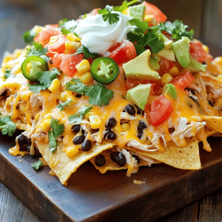 - 2 cups cooked chicken, shredded - 1 bag (12 oz) tortilla chips - 1 cup black beans, thoroughly drained and rinsed - 1 cup corn kernels (fresh or canned) - 1 cup diced tomatoes (fresh or canned) - 1 cup shredded cheddar cheese - 1 cup shredded Monterey Jack cheese Loaded chicken nachos start with key ingredients. First, use shredded chicken for a tasty base. Tortilla chips give that nice crunch. Black beans add protein and flavor. Corn kernels sweeten the dish. Fresh or canned tomatoes keep it juicy. Finally, cheese varieties like cheddar and Monterey Jack melt beautifully. - Jalapeño slices - Diced avocado - Sour cream - Fresh cilantro Toppings can elevate your nachos. Jalapeño slices bring heat if you want spice. Diced avocado adds creaminess. Sour cream cools the dish down. Fresh cilantro gives a pop of flavor and color. Feel free to mix and match these toppings for the best experience. - 1 tablespoon olive oil - 1 teaspoon ground cumin - 1 teaspoon chili powder - Salt to taste - Freshly cracked black pepper Seasoning makes a big difference. Olive oil helps cook the chicken mix. Ground cumin and chili powder add warmth and depth. Don’t forget to season with salt and pepper. These ingredients are simple but pack a punch. For the full recipe, check out Cheesy Fiesta Loaded Chicken Nachos. To start, heat 1 tablespoon of olive oil in a medium skillet over medium heat. Wait until the oil shimmers. Then, add 2 cups of shredded chicken, 1 cup of black beans, 1 cup of corn, and your spices. I use 1 teaspoon of ground cumin and 1 teaspoon of chili powder for great flavor. Add a pinch of salt and freshly cracked black pepper to taste. Cook this mixture for about 5 minutes. Stir it well to combine. You want everything heated through and fragrant. This step makes a big difference in taste. Next, grab a large, rimmed baking sheet. Spread out 1 bag of tortilla chips in a single, even layer. Make sure the chips are well distributed. This helps the toppings cover each chip. Now, spoon the chicken mixture evenly over the tortilla chips. Ensure every chip gets a taste of that flavorful chicken. Then, sprinkle 1 cup of diced tomatoes and the optional sliced jalapeño over the top. Follow this with 1 cup each of shredded cheddar cheese and Monterey Jack cheese. Preheat your oven to 350°F (175°C). Place the baking sheet in the oven once it’s hot. Bake for 10-15 minutes. Keep a close eye on the nachos. You want the cheese to melt, bubble, and turn golden. For the best cheese melt, avoid overloading the nachos. This helps keep everything crispy. Once done, remove the nachos from the oven using oven mitts. Top with 1 diced avocado, ½ cup of sour cream, and ¼ cup of fresh cilantro. Serve your loaded chicken nachos hot for the best flavor experience. You can find the Full Recipe for more details and tips! To make the best loaded chicken nachos, focus on heat and crunch. Spread the tortilla chips evenly on the baking sheet. This step helps them heat up well. When you add toppings, make sure they are spread out too. Layering toppings gives more flavor in every bite. Adding extra layers makes your nachos even better. Start with chips, then add chicken. Next, sprinkle cheese and beans. Don’t forget the corn and tomatoes. Each layer counts for taste and texture. You want every bite to be a party in your mouth! When serving nachos, make them look fun. Use the baking sheet for a casual vibe. You can also move them to a big platter. Add lime wedges and extra cilantro around the edges. They make the dish pop! For drinks, pair nachos with soda or beer. A cold drink balances the heat. You can also try fruit-infused water. It’s refreshing and helps cool down spicy flavors. Don’t overload your chips with toppings. Too many toppings make them soggy. Each chip should have some toppings but not drown in them. Another mistake is skipping the cheese. Cheese is key for that creamy texture. Use a mix of cheddar and Monterey Jack. This mix melts well and adds a lot of flavor. Check out the [Full Recipe] for more tips and ideas! {{image_4}} You can easily change your loaded chicken nachos to fit your taste. For a spicy kick, add hot sauce to the chicken mixture. This will give your nachos a nice heat without making them too hot. You can start with a little and add more if you want. If you want a vegetarian option, swap the chicken for more beans. Black beans and kidney beans work well. This makes the dish filling and tasty without meat. You can also create theme-based nachos for fun. Try taco-inspired nachos by adding taco seasoning to the chicken. Top them with lettuce, diced onions, and a drizzle of salsa. It’s like a taco on a chip! Another fun idea is BBQ chicken nachos. Use shredded BBQ chicken instead of plain chicken. Add some pickled jalapeños for a tangy twist. This version is smoky and sweet, perfect for BBQ lovers. For those with dietary needs, there are great options. You can find gluten-free tortilla chips at most stores. These chips taste great and work just as well as regular ones. If you want to cut down on dairy, look for cheese alternatives. Cashew or almond-based cheese can be great substitutes. They melt well and still add creaminess to your nachos. For the full recipe, check out the Cheesy Fiesta Loaded Chicken Nachos section. To keep your leftover loaded nachos fresh, follow these best practices. First, let the nachos cool down. Then, transfer them to an airtight container. This helps keep them from drying out. If you have toppings on the side, store them separately. Nachos with toppings will last about 2-3 days in the fridge. Reheating nachos can be tricky. You want to keep them crispy. The best method is to use an oven. Preheat your oven to 350°F (175°C). Spread the nachos on a baking sheet. Heat them for about 10 minutes. This way, they regain their crunch. Avoid using a microwave. It makes the chips soggy and soft. Enjoy your delicious, reheated nachos! To make loaded chicken nachos, you need some key ingredients. Here’s a list: - 2 cups cooked chicken, shredded - 1 bag (12 oz) tortilla chips - 1 cup black beans, thoroughly drained and rinsed - 1 cup corn kernels (fresh or canned) - 1 cup diced tomatoes (fresh or canned) - 1 cup shredded cheddar cheese - 1 cup shredded Monterey Jack cheese - 1 jalapeño, sliced (optional for a spicy kick) - 1 ripe avocado, diced - ½ cup sour cream - ¼ cup fresh cilantro, finely chopped - 1 tablespoon olive oil - 1 teaspoon ground cumin - 1 teaspoon chili powder - Salt and freshly cracked black pepper to taste Start by preheating your oven to 350°F (175°C). In a skillet, heat olive oil over medium heat. Add the shredded chicken, black beans, corn, ground cumin, chili powder, and a pinch of salt and pepper. Stir and cook for about five minutes until heated. Spread tortilla chips on a baking sheet. Spoon the chicken mixture over the chips. Top with tomatoes, jalapeños, and both cheeses. Bake for 10-15 minutes until the cheese melts. Finish with avocado, sour cream, and cilantro. Enjoy this tasty dish! For the full recipe, check the detailed instructions above. Yes, you can use various cheeses for your nachos. Here are some great options: - Pepper Jack: Adds a spicy kick. - Gouda: Offers a rich, smoky flavor. - Queso Blanco: Gives a creamy texture. - Feta: Provides a tangy taste if crumbled on top. Mixing cheeses can enhance the flavor. Try blending two or more types for a unique twist. You can serve loaded nachos in many fun ways: - Serve them directly on the baking sheet for a casual vibe. - Transfer to a large serving platter for a more formal look. - Add extra cilantro and lime wedges around the nachos for color. These options make your nachos eye-catching for gatherings or game day. Loaded chicken nachos can be a mix of healthy and indulgent. Here are some points to consider: - Use whole-grain tortilla chips for added fiber. - Add more veggies, like bell peppers or onions, to boost nutrition. - Opt for low-fat cheese or Greek yogurt instead of sour cream. - Control portion size to manage calorie intake. With a few tweaks, you can enjoy loaded nachos while keeping them healthier! You now know how to make delicious loaded chicken nachos. Start with your main ingredients like chicken, chips, and cheese. Don't forget the optional toppings for extra flavor. Follow the steps for perfect assembly and baking. Use tips to avoid common mistakes and customize as you like. So whether you’re planning game day or a party, you’ve got all the info you need to impress. Enjoy crafting your own tasty nachos!