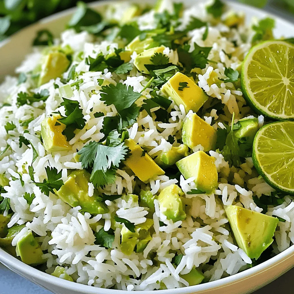 - 1 cup jasmine rice - 2 cups vegetable broth (or water) - 1 ripe avocado, diced - 1/4 cup fresh cilantro, finely chopped - Juice of 1 lime - 2 tablespoons extra virgin olive oil - 1 clove garlic, finely minced - 1/2 teaspoon ground cumin - Salt and freshly ground black pepper to taste When making Avocado Cilantro Lime Rice, each ingredient plays a key role. The jasmine rice gives a soft and fragrant base. Using vegetable broth adds depth and flavor, making every bite delightful. The ripe avocado brings creaminess and a rich taste. Fresh cilantro brightens the dish, adding a hint of herbiness that pairs perfectly with lime. The lime juice is crucial. It adds zest and balances the richness of the avocado. Extra virgin olive oil enhances the flavor and adds a smooth finish. Garlic adds a warm, savory note, while cumin brings a subtle earthiness. Don't forget to season with salt and pepper to enhance all these flavors. This combination of ingredients makes for a fresh and tasty side that pairs well with many dishes. For the full recipe, check the detailed instructions above. - Rinse the jasmine rice under cold water until clear. - Boil vegetable broth or water with a pinch of salt. - Cook the rice on low heat for 15-20 minutes. Cooking rice may seem simple, but rinsing it is key for fluffy grains. Rinsing removes extra starch, preventing sticky rice. Use a medium-sized pot for better heat control. Once the rice boils, keep the lid on. This traps steam, helping the rice cook evenly. - Combine diced avocado, cilantro, lime juice, olive oil, garlic, cumin, salt, and pepper in a bowl. - Mash gently to maintain avocado texture. The avocado mixture adds a creamy texture and bright flavor. Use a ripe avocado for the best taste. Mash it gently with a fork to keep some chunks. This gives the rice a nice bite. Add lime juice right away to keep it fresh and green. - Fluff cooked rice with a fork. - Gradually fold rice into the avocado mixture. - Adjust seasoning to taste. Once the rice is ready, fluff it with a fork to separate the grains. Then, mix the warm rice with the avocado blend. Be gentle to keep the avocado intact. After mixing, taste and tweak the salt, pepper, or lime juice. This step ensures every bite is delicious. For the full recipe, check out the recipe section above. You’ll love how fresh and flavorful this dish is! - Use a tight-fitting lid to trap steam for fluffy rice. This helps the rice cook evenly. - Let rice rest off heat for additional fluffiness. This step makes a big difference. - Garnish with cilantro leaves and lime wedges. This adds color and fresh flavor. - Consider adding toasted sesame seeds for a crunch. They bring a delightful texture. - Add diced jalapeños for heat. This gives your rice a spicy kick. - Incorporate corn or black beans for added texture. They boost flavor and nutrition. For more details on making this dish, check out the Full Recipe. {{image_4}} You can switch jasmine rice for other grains. Try brown rice for a nutty flavor. Quinoa is another great choice. It is high in protein and cooks fast. Both options add a unique twist to your dish. Brown rice will take longer to cook. Quinoa cooks in about 15 minutes. Adjust your liquid amounts and cooking times accordingly. To keep it vegan and gluten-free, use certified vegetable broth. This ensures you avoid gluten in your meal. You can also make your own broth at home. Homemade broth is fresh and full of flavor. It adds a personal touch to your rice. Just simmer your favorite veggies to make it. Want to bring in more colors and tastes? Add diced tomatoes or red onion. These ingredients will brighten up your dish. They also add a fresh crunch. If you like creaminess, stir in feta cheese. Feta adds a salty kick that pairs well with lime. Each addition makes your rice a bit more special. Enjoy experimenting with these options! For the complete recipe, check the [Full Recipe] above. Store your avocado cilantro lime rice in an airtight container. It keeps well in the fridge for up to 3 days. Ensure it cools to room temperature before sealing. This helps maintain its fresh taste. You can freeze portions for later use. Place the rice in freezer bags, making sure to remove excess air. It lasts up to 1 month in the freezer. When you're ready to eat, thaw it in the fridge overnight. This keeps the rice from getting mushy when reheated. To reheat, use a microwave or stovetop. If using the stovetop, add a splash of broth. This restores moisture and flavor. Stir gently to prevent sticking. Enjoy that fresh taste again! Yes, you can prepare it in advance and store it in the fridge. This rice tastes great even after a day or two. Just make sure to keep it in an airtight container. The flavors will meld together, making it even more delicious when you serve it later. Avocado Cilantro Lime Rice pairs well with many dishes. It goes great with grilled meats like chicken or shrimp. You can also serve it alongside tacos, burritos, or as a base for a fresh salad. The bright flavors enhance any meal and bring a nice pop to your plate. To keep the avocado fresh, add lime juice to the avocado mixture. The acid in the lime juice slows down browning. Store the rice in an airtight container to keep it fresh longer. This way, your dish stays vibrant and appealing until you're ready to enjoy it. This blog post showed how to make fresh Avocado Cilantro Lime Rice with easy steps. You learned about the key ingredients, cooking techniques, and tips for the best flavor. You can adjust recipes to fit your taste or dietary needs. Store leftovers well for future meals. Remember, this dish is not just tasty but also versatile. Enjoy it as a side with grilled meats or tacos, and don’t be afraid to get creative. Your kitchen can serve up deliciousness with just a few ingredients!