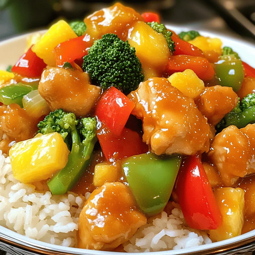 To make sweet and sour chicken, you need some tasty ingredients. Here’s what you’ll need: - 1 lb boneless, skinless chicken breast, diced into bite-sized pieces - 1 red bell pepper, chopped into squares - 1 green bell pepper, chopped into squares - 1 cup pineapple chunks (fresh or canned) - 1 cup broccoli florets - 1/2 medium onion, sliced thinly - 2 cloves garlic, minced - 1 tablespoon fresh ginger, grated - 1/4 cup ketchup - 1/4 cup apple cider vinegar - 1/4 cup honey - 2 tablespoons low-sodium soy sauce - 1 tablespoon cornstarch - 2 tablespoons cold water - 3 tablespoons vegetable oil - Salt and pepper, to taste - Cooked rice, for serving The chicken gives the dish its protein. The bell peppers and broccoli add crunch and color. Pineapple brings sweetness and a tropical touch. Together, these ingredients create a balanced meal. To make your dish even better, consider some fresh garnishes. Here are a few ideas: - Chopped green onions for a fresh, mild onion flavor - Sesame seeds for a nutty touch and nice texture If you want to change things up, you can try these alternatives: - Use tofu instead of chicken for a vegetarian option - Swap in different veggies like snap peas or carrots to suit your taste These garnishes and alternatives can elevate your sweet and sour chicken experience. Enjoy your meal, and feel free to explore! For the full recipe, check out the Sweet and Sour Chicken Delight . To make the sauce, mix these ingredients in a bowl: - 1/4 cup ketchup - 1/4 cup apple cider vinegar - 1/4 cup honey - 2 tablespoons low-sodium soy sauce - A pinch of salt and pepper Whisk until smooth. This sauce gives your dish its sweet and tangy flavor. Let it sit to blend. Heat 2 tablespoons of vegetable oil in a large skillet over medium-high heat. Add 1 lb of diced chicken breast. Season it with salt and pepper. Cook for about 5-7 minutes. Stir often until the chicken turns golden brown. Remove it from the skillet and set aside. This method helps keep the chicken juicy. In the same skillet, add 1 tablespoon of oil. Heat it, then add 2 cloves of minced garlic and 1 tablespoon of grated ginger. Sauté for 30 seconds until fragrant. Next, add 1/2 sliced onion and 1 cup of broccoli florets. Stir-fry for about 2-3 minutes until they soften. Then, add 1 chopped red bell pepper, 1 chopped green bell pepper, and 1 cup of pineapple chunks. Cook for another 2 minutes. This timing keeps the veggies crunchy and colorful. Return the cooked chicken to the skillet with the sautéed veggies. Pour the sauce over everything and stir well. Make sure every piece is coated evenly. This step combines all the great flavors together. In a small bowl, mix 1 tablespoon of cornstarch with 2 tablespoons of cold water to create a slurry. Gradually add it to the skillet while gently stirring. Cook for an extra 2-3 minutes. This helps the sauce thicken and become glossy, coating the chicken and veggies perfectly. Serve your sweet and sour chicken hot over cooked rice. For a nice touch, garnish with fresh chopped green onions or sesame seeds. This adds a pop of color and flavor to your dish! Make sure to explore the Full Recipe for more details. Enjoy your meal! To get the best sweet and sour taste, you must balance sweetness with acidity. If your dish is too sweet, add more vinegar. A splash of soy sauce also helps add depth. If it's too tangy, a bit of honey will sweeten it up. Personalize your dish by adding a bit of spice. Try a hint of chili sauce for a kick. You can also mix in different fruits, like mango or peach, for new flavors. For cooking sweet and sour chicken, I recommend using a large skillet or a wok. A good non-stick pan makes cleanup easy. A sturdy spatula helps with tossing the chicken and veggies. Use a sharp knife for chopping, as it speeds up prep time. A mixing bowl is also handy for making your sauce. Meal prepping can save you lots of time. Chop your chicken and veggies a day before. Store them in airtight containers. When you’re ready to cook, everything will be ready to go. You can also use pre-cooked rice to save time. Cooking the chicken in batches speeds things up too. You can cook two pans at once if you have enough space. This method cuts your cooking time in half! {{image_4}} You can switch chicken for tofu or shrimp. Both work well in this dish. Tofu gives a nice texture and absorbs flavors. Shrimp adds a sweet taste that pairs perfectly with the sauce. For a vegan version, use tofu and a plant-based sweetener. This keeps the dish light and tasty. You can mix in seasonal vegetables for extra flavor. Try carrots, snap peas, or zucchini in the stir-fry. These options add color and crunch. Classic choices like bell peppers and broccoli are always great. They complement the sweet and sour sauce in a delightful way. Want to add some heat? Try a splash of chili sauce or sriracha. This gives your dish a spicy kick. You can also play with sweeteners. Instead of honey, use maple syrup or agave. Each sweetener changes the flavor just a bit and keeps it interesting. For more ideas, check the Full Recipe section. After enjoying your sweet and sour chicken, you’ll want to store any extras. First, let the dish cool to room temperature. This helps prevent condensation. Place the leftovers in airtight containers. Glass containers work great, but any food-safe plastic will do. Label the containers with the date to keep track of freshness. When you’re ready to dive back into your leftovers, reheating properly is key. The best method is to use a skillet over medium heat. This keeps the chicken and veggies crisp. Stir occasionally, adding a splash of water to keep it moist. You can also use the microwave for a quick fix. Just cover it and heat for 1-2 minutes, stirring halfway through. You can freeze sweet and sour chicken for later. Portion it into freezer-safe containers. Remove as much air as possible to prevent freezer burn. It can last up to three months in the freezer. When you’re ready to eat, thaw it in the fridge overnight. For a quick option, use the microwave’s defrost setting. Once thawed, reheat it on the stovetop for the best texture. Following these steps ensures your sweet and sour chicken stays delicious no matter how you store it. For the full recipe, check out the Sweet and Sour Chicken Delight. To keep your sweet and sour chicken crispy, focus on cooking the chicken right. First, use high heat when cooking the chicken. This will help it brown and seal in moisture. Cook it until golden, about 5-7 minutes. Next, for the sauce, don’t add too much liquid. Make a thick sauce that coats the chicken. Use the cornstarch slurry to thicken it as you cook. The goal is a glossy sauce that clings to your food without making it soggy. Yes, you can use frozen vegetables. However, they may change the taste slightly. Frozen veggies often have more water, which can make the dish watery. If you use them, add them later in the cooking process. This will help keep them crisp and bright. Leftover sweet and sour chicken can last in the fridge for 3-4 days. Store it in an airtight container to keep it fresh. Make sure it cools down before sealing. For safety, check for any off smells or changes in color before eating. If you're unsure, it's best to discard it. Sweet and sour chicken pairs well with many sides. Here are some great options: - Cooked rice: White or brown rice soaks up the sauce well. - Noodles: Stir-fried or steamed noodles add a nice touch. - Steamed vegetables: Broccoli or snap peas can add crunch. - Spring rolls: These make a fun starter. - Drinks: Pair with iced tea or a light beer for a refreshing meal. For the full recipe, check out the Sweet and Sour Chicken Delight section. Enjoy your cooking! This blog post covers the key ingredients, instructions, tips, and variations for sweet and sour chicken. You learned how to balance flavors and get the right texture. With these methods, you can make a dish that fits your taste. Remember to customize it with different proteins, veggies, and sauces. Enjoy the leftovers and store them safely. Cooking can be fun and rewarding. Now, you have all the tools to create a delicious meal that your family will love. Let's get cooking!