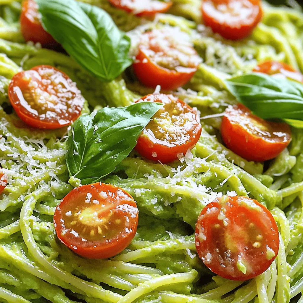 To make creamy avocado pasta, you need: - 2 ripe avocados, pitted and peeled - 2 cloves garlic, minced - 2 tablespoons fresh lemon juice (about 1 medium lemon) - 1/4 cup fresh basil leaves, tightly packed - 1/4 cup extra virgin olive oil - Salt and freshly ground black pepper, to taste - 12 ounces spaghetti or your choice of pasta - 1/4 cup grated Parmesan cheese (optional, for garnishing) - Cherry tomatoes, halved (for garnishing) Avocados are not just tasty; they are healthy too. They are rich in healthy fats. These fats help keep your heart healthy. Avocados also have lots of fiber, which helps your digestion. They are full of vitamins, like vitamin E, which is good for your skin. Plus, avocados can help lower bad cholesterol. Eating them can give you energy and make you feel full longer. Each serving of creamy avocado pasta is packed with important nutrients. Here’s what you get: - Calories: About 500 - Protein: Around 10 grams - Carbohydrates: About 60 grams - Fat: Roughly 25 grams - Fiber: Approximately 10 grams Eating this dish gives you a great boost of energy. It also helps you stay full longer. Enjoy the creamy goodness knowing it’s good for you! For the full recipe, check out the details above. Start by boiling a large pot of salted water. When it boils, add 12 ounces of spaghetti. Cook it based on the package instructions until it is al dente. Before you drain the pasta, save 1 cup of the starchy water. This water helps adjust the sauce later. After that, drain the pasta and set it aside. Now, let's make the sauce. Grab a food processor and add 2 ripe avocados, 2 cloves of minced garlic, 2 tablespoons of fresh lemon juice, and 1/4 cup of packed basil leaves. Blend everything on high speed until it's smooth and creamy. Stop to scrape the sides as needed. This ensures all ingredients mix well. In the pot where you cooked the pasta, add the drained spaghetti. Pour the creamy avocado sauce over the pasta. Toss everything together well. If the sauce feels too thick, add some of that reserved pasta water. Do this a little at a time until you reach your desired creaminess. For the full recipe, check the complete list of steps above! To make a smooth and creamy avocado sauce, use ripe avocados. They should feel soft when gently pressed. A food processor is best for blending. This will help create a silky texture. Add a bit of pasta water to adjust the sauce's thickness. This starchy water helps the sauce cling better to pasta. Keep tasting as you mix in salt and pepper. This way, you find the perfect balance for your dish. For a lovely presentation, use a large, shallow bowl. Place the pasta in the center and spread it out. Sprinkle fresh basil leaves on top for color. A drizzle of high-quality olive oil enhances the look and flavor. You can add halved cherry tomatoes for a fresh touch. Grated Parmesan cheese is a nice optional add-on. It adds a creamy, salty flavor that pairs well with avocado. One common mistake is using unripe avocados. They will not blend well and will make the sauce chunky. Another mistake is overcooking the pasta. Aim for al dente for the best texture. Be careful not to add too much pasta water all at once. Start with just a few tablespoons at a time. Lastly, avoid skipping the seasoning. Salt and pepper are key to bringing out the flavors in your dish. For the full recipe, check out the detailed instructions above. {{image_4}} You can easily boost the protein in your creamy avocado pasta. Grilled chicken adds a nice flavor. Simply season and cook the chicken until golden. For shrimp, sauté them in olive oil until pink. Add your protein to the pasta right before serving. This makes the dish heartier and more filling. This recipe is simple to adapt for vegan or vegetarian diets. To keep it vegan, skip the Parmesan cheese. You can also add nutritional yeast for a cheesy taste. For vegetarians, feel free to use the cheese but keep the dish light. Adding extra veggies like spinach or bell peppers can enhance both flavor and nutrition. You can change the flavor of your creamy avocado pasta with spices or herbs. For a spicy kick, add red pepper flakes while blending the sauce. Fresh herbs, like cilantro or parsley, can add freshness. You might also try lemon zest for a bright, citrus flavor. Each twist keeps the dish exciting and new. For the complete, mouthwatering recipe, check the Full Recipe section. To store leftovers, place the creamy avocado pasta in an airtight container. Make sure the lid seals well to keep out air. This helps prevent browning. Store it in the fridge for up to three days. If you notice the sauce darkening, don't worry; it's still safe to eat. When reheating, add a splash of water or olive oil. This keeps the sauce creamy. Heat the pasta gently on the stove over low heat. Stir often to avoid burning. You can also use a microwave. Heat in short bursts, stirring in between. This method warms the pasta evenly. Freezing creamy avocado pasta is possible but may change the texture. If you want to freeze it, store the sauce and pasta separately. Use a freezer-safe container. The sauce can last up to three months in the freezer. Thaw it overnight in the fridge before reheating. This way, you enjoy a fresh taste later. For the best flavor, consider making the sauce fresh each time. You can use any pasta you like. I often use spaghetti. It holds the sauce well. Other great choices are fettuccine or penne. They each offer a unique texture. Yes, you can prepare the sauce ahead of time. Just store it in the fridge. Keep it in an airtight container. This helps it stay fresh for up to two days. Cook the pasta just before serving. This keeps everything fresh and delicious. You can store the creamy avocado sauce for up to two days in the fridge. Make sure to cover it well. If it turns brown, just stir it before using. You can also add a little lemon juice to keep it bright. Enjoy this creamy sauce with your pasta later! For the full recipe, check the earlier section. This blog post covered how to make creamy avocado pasta. We discussed key ingredients, health benefits, and nutritional facts. I shared step-by-step instructions for cooking the pasta and making the sauce. I included tips for a perfect dish, along with safe storage options. Variations and common mistakes help you create a tasty meal. You can make this dish your own by adding proteins or spices. Enjoy your cooking adventure with creamy avocado pasta!