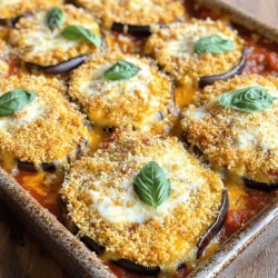 To make Baked Eggplant Parmesan, gather these main ingredients: - 2 large eggplants, sliced into 1/2 inch rounds - 1 ½ cups marinara sauce - 2 cups shredded mozzarella cheese - 1 cup grated Parmesan cheese - 1 cup all-purpose flour - 3 large eggs, beaten - 2 cups breadcrumbs (for extra crunch, use panko) - 1 teaspoon salt - 1 teaspoon black pepper - 1 tablespoon dried oregano - 1 tablespoon fresh basil, chopped (for garnish) - Olive oil spray (for greasing) These ingredients create layers of flavor. The eggplant gives a rich base, while the cheeses add creaminess. You can enhance Baked Eggplant Parmesan by adding optional ingredients. Consider these: - Red pepper flakes for heat - Fresh garlic, minced for depth - Spinach or mushrooms for added nutrition - Extra herbs like thyme or parsley These options let you customize your dish. Feel free to mix and match based on your taste. If you have dietary needs, here are some easy swaps: - For gluten-free, use almond flour or gluten-free breadcrumbs. - For a vegan option, replace eggs with aquafaba and use vegan cheese. - If you avoid dairy, opt for nut-based cheese or nutritional yeast. These substitutions keep the dish tasty while respecting your diet. You can still enjoy a delicious meal! For the full recipe, check the link. To start, wash and slice two large eggplants into 1/2 inch rounds. Place the slices in a colander. Generously sprinkle them with salt. This step draws out moisture and bitterness. Let the eggplant rest for 30 minutes. After that, rinse the slices under cool water. Pat them dry using paper towels. This ensures your eggplant is ready for a crispy finish. Next, set up your breading station. Take three shallow dishes. Pour all-purpose flour into the first dish. In the second dish, beat three large eggs until mixed well. For the third dish, combine breadcrumbs with salt, pepper, and dried oregano. Now, it’s time to bread the eggplant. Take each slice and dip it in the flour first. Make sure it gets fully coated. Next, dip it in the egg, letting excess drip off. Finally, coat the slice in the breadcrumb mix. This creates a flavorful crust. Now, arrange the breaded eggplant slices on a greased baking sheet. Make sure they are in a single layer. Lightly spray the tops with olive oil. Bake the eggplant at 375°F for 25 minutes. Flip them halfway through for even crispiness. While the eggplant bakes, grab a baking dish. Start with a layer of marinara sauce at the bottom. Add a layer of the crispy eggplant. Sprinkle half of the mozzarella and Parmesan cheeses on top. Repeat this layering until all ingredients are used. Finish with a generous layer of cheese. Bake the assembled dish for 25-30 minutes. Look for melted, bubbly, and golden cheese. Once done, let it rest for a few minutes. Garnish with fresh basil before serving. For more details, check the Full Recipe. To get crispy eggplant, I recommend two key steps. First, salt the slices for 30 minutes. This draws out moisture and helps them crisp up. Second, use panko breadcrumbs for extra crunch. They make a big difference in the texture. Make sure to spray the tops lightly with olive oil before baking. This will give them that golden color and crunch we all love. To avoid bitterness, always choose fresh eggplant. Look for smooth, shiny skin and no soft spots. Salting the slices, as mentioned earlier, also helps reduce bitterness. Rinse after salting to wash away any bitter flavor. This simple step makes your dish more enjoyable and tasty. Baked eggplant parmesan is a great dish on its own, but you can make it even better. Serve it with a side of garlic bread or a fresh salad. A light arugula salad with lemon dressing pairs nicely. You can also drizzle extra marinara sauce over the top for added flavor. For wine lovers, a glass of red wine complements this dish well. Enjoy it with friends or family for a special meal. Check out the Full Recipe to make your next family dinner a hit! {{image_4}} To make a gluten-free version, swap the flour and breadcrumbs. Use almond flour or gluten-free flour. For breadcrumbs, look for gluten-free options in stores. This keeps the dish tasty without the gluten. You can add protein to your Baked Eggplant Parmesan. Try layering cooked chicken or Italian sausage between eggplant slices. Cook the meat first, then add it to the dish. This makes the meal heartier and more filling. For a vegan version, replace the cheese and eggs. Use cashew cheese or nutritional yeast instead of mozzarella and Parmesan. Instead of eggs, use a mix of flaxseed meal and water. This gives a similar texture while keeping it plant-based. To keep your baked eggplant parmesan fresh, let it cool first. Transfer it to an airtight container. You can also wrap it tightly in plastic wrap. Store it in the fridge for up to three days. Reheat your eggplant parmesan in the oven for the best taste. Preheat the oven to 350°F (175°C). Place the dish in the oven for about 15-20 minutes. This keeps the cheese melty and the eggplant warm. If you’re in a hurry, use the microwave. Heat it in short bursts of one minute. Check it often to avoid drying it out. For long-term storage, you can freeze baked eggplant parmesan. Cut it into portions and wrap each piece in plastic wrap. Place the wrapped pieces in a freezer bag. This way, you can take out just what you need. It will stay good for about two months. To reheat, simply thaw it in the fridge overnight and then bake as mentioned above. Enjoy your leftovers just like the first time! To make homemade marinara sauce, you need simple ingredients. Start with canned whole tomatoes, garlic, and olive oil. Cook the garlic in olive oil until it smells good. Then, add the tomatoes and mash them. Season with salt, pepper, and herbs like basil and oregano. Simmer for 30 minutes. This sauce adds great flavor to your baked eggplant parmesan. Yes, you can use other vegetables! Zucchini, bell peppers, or even mushrooms work well. Slice them into similar thickness as eggplant. Each veggie brings a unique taste. Just be sure to adjust cooking times based on the vegetable you choose. Avoid these mistakes for the best results: - Skipping the salting: This step removes bitterness from eggplant. - Not drying the eggplant: Make sure to pat it dry after salting. - Overcrowding the baking sheet: Give each slice space to cook evenly. - Using too much sauce: Layer just enough to keep it from getting soggy. Following these tips will keep your dish tasty and appealing. This blog covered everything for a great Baked Eggplant Parmesan. We talked about ingredients, steps, and tips for making it tasty. I shared how to keep your dish crispy and avoid bitter flavors. You can even try different variations, like gluten-free or vegan options. Remember to store leftovers well for future meals. Follow the reheating tips for the best taste. With these insights, you'll surely impress family and friends with your dish. Enjoy your cooking adventure!