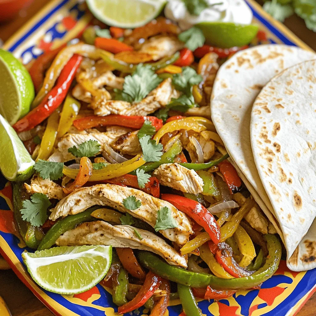 To make simple chicken fajitas, you need a few key ingredients. Each one plays a role in creating the tasty dish. Here’s what you’ll need: - Chicken: - 1 lb boneless, skinless chicken breasts, sliced into thin strips - Vegetables: - 1 red bell pepper, sliced into thin strips - 1 green bell pepper, sliced into thin strips - 1 medium onion, sliced into thin rings - Spices and Marinade: - 2 tablespoons olive oil - 2 teaspoons chili powder - 1 teaspoon ground cumin - 1 teaspoon smoked paprika - 1 lime, juiced - Salt and freshly ground black pepper to taste - Tortillas: - 6 small flour tortillas - Garnishes: - Fresh cilantro leaves for garnish - Sour cream and salsa for serving These ingredients create a bright and flavorful meal. The chicken and veggies blend well with the spices. The tortillas hold everything together. You can find the full recipe [here](#). To start, take 1 pound of boneless, skinless chicken breasts. Slice the chicken into thin strips. In a large bowl, mix the chicken with 2 teaspoons of chili powder, 1 teaspoon of ground cumin, and 1 teaspoon of smoked paprika. Add the juice of 1 lime, 2 tablespoons of olive oil, salt, and pepper. Stir well to coat the chicken. Let it marinate for at least 15 minutes. This step adds great flavor! Next, heat a large skillet over medium-high heat. Once the skillet is hot, add the marinated chicken. Cook it for about 5 to 7 minutes. Stir occasionally. You want the chicken to cook all the way through and turn golden brown. Make sure it is no longer pink inside. This step gives it a nice char. After the chicken is cooked, add sliced onions and bell peppers to the skillet. Sauté the veggies with the chicken for 4 to 5 minutes. Stir often. You want the vegetables to soften and caramelize a bit. This enhances their natural sweetness and adds to the dish's flavor. Now it's time to assemble your fajitas! Warm 6 small flour tortillas in a separate skillet or microwave for about 30 seconds. This makes them soft and easy to fold. Take one tortilla and spoon some of the chicken and vegetable mixture into the center. Top it with fresh cilantro and any extras you like, such as sour cream or salsa. Fold the tortilla over the filling to create a pocket. Serve the fajitas warm for the best taste. You can present them on a colorful platter. Garnish with lime wedges and a sprinkle of fresh cilantro. A little dish of extra salsa and sour cream on the side makes a great dip. Enjoy your meal! For the full recipe, check out [Full Recipe]. Marinating your chicken is key to great flavor. I suggest marinating for at least 15 minutes. If you have more time, let it sit for up to 2 hours. This allows the spices to soak in. The longer you marinate, the more tasty your chicken will be. To get juicy chicken, cook it over medium-high heat. This gives it a nice sear and keeps it tender. Avoid overcrowding the pan. If you add too much chicken, it can steam instead of sear. Cook the chicken until it’s no longer pink. This usually takes around 5-7 minutes. Then, add the veggies and sauté until they are soft and sweet. Serving your fajitas well makes them look even better. Use a colorful platter to catch the eye. I like to add lime wedges and fresh cilantro on top. This makes the dish pop! You can also place salsa and sour cream in small bowls on the side. This gives guests a chance to add their favorite toppings. For a fun touch, serve with extra tortillas for wraps! {{image_4}} You can easily change up the flavors in chicken fajitas. Here are some swaps to try: - Protein: Swap chicken for shrimp, beef, or pork. Each option offers a different taste. - Vegetables: Use zucchini, mushrooms, or corn instead of bell peppers. This adds variety to your dish. - Spices: If you want a different kick, try using taco seasoning or adding garlic powder. These spices can change the whole taste. Vegetarian fajitas are just as tasty. Replace chicken with hearty vegetables or plant-based proteins. Consider these ideas: - Tofu: Marinate firm tofu for a protein boost. It absorbs flavors well and offers a great texture. - Mushrooms: Use portobello or cremini mushrooms. They give a meaty texture and rich flavor. - Beans: Add black beans or pinto beans for protein and fiber. They make your fajitas filling and nutritious. If you like heat, spice up your chicken fajitas. Here are some ways to add more fire: - Jalapeños: Slice fresh jalapeños and sauté them with the veggies. They add a nice, spicy crunch. - Chipotle Peppers: Add minced chipotle peppers in adobo sauce to the marinade. This gives a smoky, spicy flavor. - Hot Sauce: Serve with your favorite hot sauce. You can control the heat level to fit your taste. Try these variations to keep your chicken fajitas exciting and fresh, making each meal a new adventure. For the full recipe, check out the Zesty Chicken Fajitas Fiesta. To store leftover fajitas, let them cool first. Place them in an airtight container. You can keep them in the fridge for up to three days. Make sure to keep the chicken and veggies together. This helps keep the flavors fresh. When you are ready to eat your fajitas, reheat them gently. You can use a skillet or microwave. If using a skillet, heat it on medium. Add a splash of water to help steam the fajitas. Stir often until they are hot. If using a microwave, cover them with a damp paper towel. Heat in 30-second intervals, checking until warm. This keeps the tortillas soft. If you want to freeze your fajitas, pack them tightly in a freezer-safe bag. Remove as much air as you can before sealing. You can freeze them for up to three months. When ready to eat, thaw them in the fridge overnight. Then, reheat as mentioned above. This makes meal prep easy and fast! For the full recipe, check out the zesty chicken fajitas fiesta. Yes, you can! Fajitas are versatile. You can use beef, shrimp, or even tofu. Each protein brings its own flavor. For beef, flank steak or sirloin work well. For shrimp, just cook them until pink. Tofu is great for a vegetarian option. Just season and sauté until golden. Several sides complement chicken fajitas. Here are some great options: - Mexican rice - Black beans - Guacamole - Corn salad - Chips with salsa Each adds a unique taste and texture. They also help balance the meal. You can prep chicken fajitas in advance. Marinate the chicken and slice the veggies a day before. Keep them in the fridge until you're ready to cook. You can also cook the chicken and veggies ahead. Just reheat them before serving. This saves time on busy nights. Warming tortillas is simple. You can use a skillet or microwave. In a skillet, heat over medium for 30 seconds on each side. For the microwave, wrap them in a damp paper towel and heat for about 30 seconds. This keeps them soft and easy to fold. Enjoy your fajitas with warm tortillas from the [Full Recipe]. In this blog post, we covered everything you need to make delicious chicken fajitas. We discussed the essential ingredients, step-by-step directions, and helpful tips to ensure tasty results. Consider trying the variations for new flavors. Storing leftovers properly will help you enjoy fajitas later. Overall, cooking chicken fajitas is simple and fun. With practice, you'll impress yourself and others with your skills. Enjoy your cooking adventure!