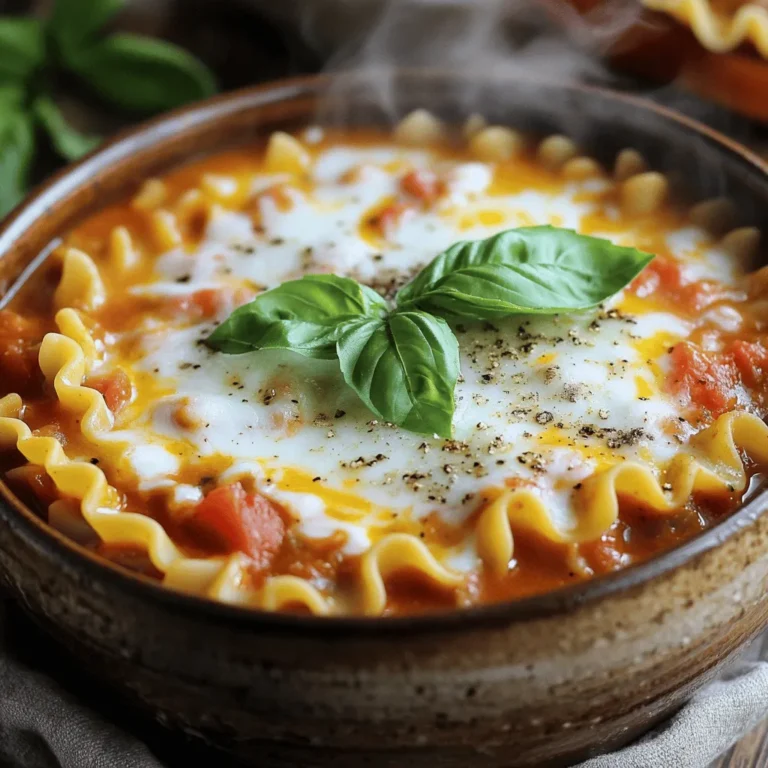 To make this warm and hearty dish, gather the following ingredients: - 1 tablespoon olive oil - 1 medium onion, finely chopped - 3 cloves garlic, minced - 1 pound ground beef or Italian sausage (or a plant-based alternative) - 1 teaspoon Italian seasoning - 1/2 teaspoon red pepper flakes (optional, for heat) - 1 can (28 ounces) crushed tomatoes - 4 cups beef broth (or vegetable broth for a lighter option) - 8 ounces lasagna noodles, broken into bite-sized pieces - 1 cup ricotta cheese - 1 cup shredded mozzarella cheese - 1/2 cup grated Parmesan cheese - Fresh basil leaves, for garnish - Salt and pepper to taste If you have specific dietary needs, you can easily swap some items: - Meat: Use ground turkey or a plant-based meat for a lighter or vegetarian option. - Broth: Vegetable broth works well for a vegetarian soup. - Pasta: Gluten-free lasagna noodles can replace regular ones. - Cheese: Use dairy-free cheese for a vegan version. - Spices: Adjust the red pepper flakes to your heat preference. You’ll need a few simple tools to get started: - Large pot or Dutch oven - Wooden spoon for stirring - Knife and cutting board - Measuring cups and spoons - Ladle for serving Having these on hand will make your cooking experience smooth and fun. Now you’re ready to dive into the full recipe and make a delightful bowl of One Pot Lasagna Soup! To make One Pot Lasagna Soup, follow these easy steps. First, heat 1 tablespoon of olive oil in a large pot over medium heat. Once the oil is hot, add 1 medium onion, finely chopped. Sauté the onion for about 5 minutes until it turns soft and clear. Next, stir in 3 minced garlic cloves and cook for 1-2 minutes until you smell the garlic aroma. Now it's time for the meat. Add 1 pound of ground beef or Italian sausage, breaking it up with a wooden spoon. Cook until the meat is brown and fully cooked. Season the meat with 1 teaspoon of Italian seasoning, 1/2 teaspoon of red pepper flakes (if you like it spicy), and a pinch of salt and pepper. Next, pour in 1 can of crushed tomatoes, followed by 4 cups of beef broth. Stir everything together and bring it to a gentle simmer. Once simmering, add 8 ounces of broken lasagna noodles. Cook according to the package instructions, usually about 10-12 minutes, until the noodles are tender. After the noodles are done, lower the heat and mix in 1 cup of ricotta cheese. Stir until the ricotta blends well, giving the soup a creamy texture. Then, add 1 cup of shredded mozzarella and 1/2 cup of grated Parmesan cheese. Stir continuously until the cheeses melt and the soup becomes rich and creamy. Finally, taste your soup and adjust the seasoning with salt and pepper as needed. If you want more flavor, let the soup rest off the heat for about 5 minutes before serving. Timing is key for a perfect One Pot Lasagna Soup. Make sure to sauté the onion for just the right amount of time. If you cook it too long, it may burn. When you add the garlic, keep an eye on it. It cooks quickly and can burn easily. When you cook the meat, ensure it browns nicely. This adds flavor to your soup. After adding the tomatoes and broth, let it simmer gently. A rolling boil can make the noodles mushy. Look for the onion to be soft and clear after sautéing. The garlic should smell fragrant but not burnt. For the meat, it should be brown with no pink left. When you add the noodles, they should be tender but still slightly firm when you taste them. Once you mix in the cheeses, watch for them to melt completely into the soup. The final soup should look creamy and inviting, topped with fresh basil. The colors should pop, making it a feast for the eyes. For the full recipe, check out the [Full Recipe]. To make your one pot lasagna soup even tastier, consider adding fresh herbs. Basil and oregano can really boost the flavor. You can also use a splash of balsamic vinegar for a touch of sweetness. If you like a little kick, increase the red pepper flakes. This will give the soup some heat without overpowering the dish. One common mistake is overcooking the noodles. They can become mushy if left in too long. Make sure to follow the package instructions for al dente noodles. Another mistake is skimping on seasoning. Taste as you go and adjust the salt and pepper. This will help you get the best flavor. Serve your soup in rustic bowls for a cozy feel. Add an extra sprinkle of Parmesan cheese on top. A drizzle of olive oil can add a nice touch as well. Fresh basil leaves will bring a pop of color and flavor. Pair it with crusty bread for dipping. This makes for a comforting and satisfying meal that looks as good as it tastes. For the full recipe, check out the detailed instructions above. {{image_4}} You can easily make this soup vegetarian. Just skip the meat and use a mix of veggies. Try mushrooms, zucchini, or spinach for flavor. You can also use lentils or chickpeas for protein. For a vegan twist, swap ricotta with a plant-based alternative. Cashew cream or tofu can work well here. Use vegetable broth instead of beef broth for a lighter base. Feel free to get creative with your ingredients. If you prefer a different pasta, use shells or rotini. You can add more herbs like thyme or oregano for a fresh taste. For a creamier soup, add more ricotta or choose a mix of cheeses. If you have leftover cooked pasta, toss that in towards the end to warm it up. The flavor can be adjusted to your liking. If you want heat, add more red pepper flakes or a dash of hot sauce. For a milder soup, just skip the red pepper flakes altogether. You can also serve hot sauce on the side for those who enjoy a kick. This way, everyone can have it just how they like! For the full recipe, check out the detailed steps above. After making one pot lasagna soup, let it cool first. Use airtight containers to store the leftovers. This keeps the flavors fresh and prevents spoilage. Store the soup in the fridge for up to three days. For best taste, eat it within this time. You can freeze one pot lasagna soup for later use. Allow it to cool completely before freezing. Pour the soup into freezer-safe bags or containers, leaving some space for expansion. Label the bags with the date. This soup can last in the freezer for up to three months. To reheat, first, thaw the soup overnight in the fridge if frozen. You can heat it in a pot over medium heat. Stir it often to prevent sticking. If the soup is too thick, add a splash of broth or water. Heat until it’s warmed through, about 5-10 minutes. Enjoy it just like the first time! For the full recipe, check out the complete details. Yes, you can make One Pot Lasagna Soup in advance. This soup tastes even better the next day. To do this, cook the soup as usual and let it cool. Store it in an airtight container in the fridge. It will stay fresh for up to three days. When you are ready to serve, simply reheat it on the stove until warm. One Pot Lasagna Soup pairs well with several sides. Here are some great options: - Crusty garlic bread - A fresh green salad - Breadsticks - Grilled cheese sandwiches These sides bring extra flavor and texture to your meal. To make One Pot Lasagna Soup gluten-free, choose gluten-free lasagna noodles. There are many brands available now. You can also use small gluten-free pasta shapes. Just check the package for cooking times. The rest of the recipe works well without changes. Enjoy this cozy dish without the gluten! One Pot Lasagna Soup is easy and fun to make. We covered the ingredients, tools, and detailed steps. You learned tips to enhance flavors and avoid mistakes. Plus, you saw variations for different diets and preferences. Remember to store leftovers properly for the best taste later. With this guide, you can enjoy tasty meals any time. Get ready to impress your family and friends with your cooking skills!