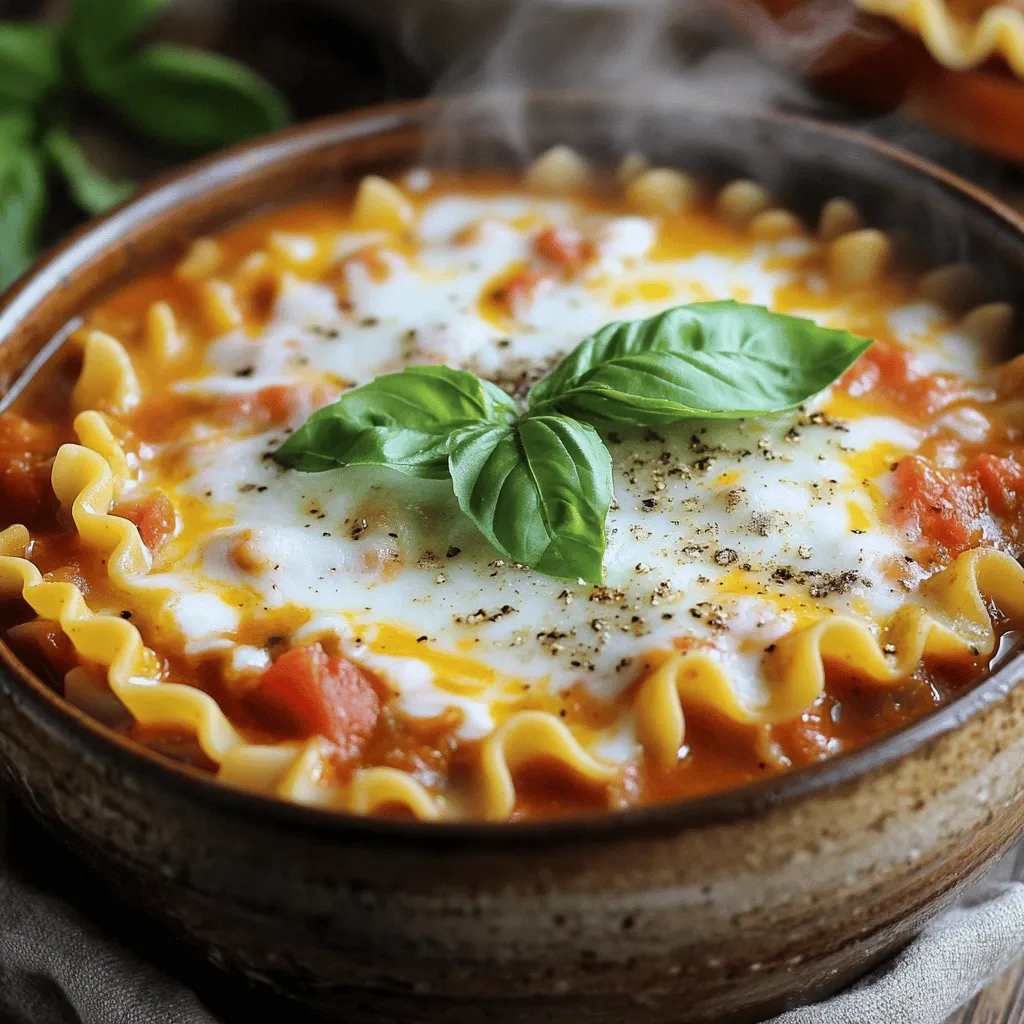 To make this warm and hearty dish, gather the following ingredients: - 1 tablespoon olive oil - 1 medium onion, finely chopped - 3 cloves garlic, minced - 1 pound ground beef or Italian sausage (or a plant-based alternative) - 1 teaspoon Italian seasoning - 1/2 teaspoon red pepper flakes (optional, for heat) - 1 can (28 ounces) crushed tomatoes - 4 cups beef broth (or vegetable broth for a lighter option) - 8 ounces lasagna noodles, broken into bite-sized pieces - 1 cup ricotta cheese - 1 cup shredded mozzarella cheese - 1/2 cup grated Parmesan cheese - Fresh basil leaves, for garnish - Salt and pepper to taste If you have specific dietary needs, you can easily swap some items: - Meat: Use ground turkey or a plant-based meat for a lighter or vegetarian option. - Broth: Vegetable broth works well for a vegetarian soup. - Pasta: Gluten-free lasagna noodles can replace regular ones. - Cheese: Use dairy-free cheese for a vegan version. - Spices: Adjust the red pepper flakes to your heat preference. You’ll need a few simple tools to get started: - Large pot or Dutch oven - Wooden spoon for stirring - Knife and cutting board - Measuring cups and spoons - Ladle for serving Having these on hand will make your cooking experience smooth and fun. Now you’re ready to dive into the full recipe and make a delightful bowl of One Pot Lasagna Soup! To make One Pot Lasagna Soup, follow these easy steps. First, heat 1 tablespoon of olive oil in a large pot over medium heat. Once the oil is hot, add 1 medium onion, finely chopped. Sauté the onion for about 5 minutes until it turns soft and clear. Next, stir in 3 minced garlic cloves and cook for 1-2 minutes until you smell the garlic aroma. Now it's time for the meat. Add 1 pound of ground beef or Italian sausage, breaking it up with a wooden spoon. Cook until the meat is brown and fully cooked. Season the meat with 1 teaspoon of Italian seasoning, 1/2 teaspoon of red pepper flakes (if you like it spicy), and a pinch of salt and pepper. Next, pour in 1 can of crushed tomatoes, followed by 4 cups of beef broth. Stir everything together and bring it to a gentle simmer. Once simmering, add 8 ounces of broken lasagna noodles. Cook according to the package instructions, usually about 10-12 minutes, until the noodles are tender. After the noodles are done, lower the heat and mix in 1 cup of ricotta cheese. Stir until the ricotta blends well, giving the soup a creamy texture. Then, add 1 cup of shredded mozzarella and 1/2 cup of grated Parmesan cheese. Stir continuously until the cheeses melt and the soup becomes rich and creamy. Finally, taste your soup and adjust the seasoning with salt and pepper as needed. If you want more flavor, let the soup rest off the heat for about 5 minutes before serving. Timing is key for a perfect One Pot Lasagna Soup. Make sure to sauté the onion for just the right amount of time. If you cook it too long, it may burn. When you add the garlic, keep an eye on it. It cooks quickly and can burn easily. When you cook the meat, ensure it browns nicely. This adds flavor to your soup. After adding the tomatoes and broth, let it simmer gently. A rolling boil can make the noodles mushy. Look for the onion to be soft and clear after sautéing. The garlic should smell fragrant but not burnt. For the meat, it should be brown with no pink left. When you add the noodles, they should be tender but still slightly firm when you taste them. Once you mix in the cheeses, watch for them to melt completely into the soup. The final soup should look creamy and inviting, topped with fresh basil. The colors should pop, making it a feast for the eyes. For the full recipe, check out the [Full Recipe]. To make your one pot lasagna soup even tastier, consider adding fresh herbs. Basil and oregano can really boost the flavor. You can also use a splash of balsamic vinegar for a touch of sweetness. If you like a little kick, increase the red pepper flakes. This will give the soup some heat without overpowering the dish. One common mistake is overcooking the noodles. They can become mushy if left in too long. Make sure to follow the package instructions for al dente noodles. Another mistake is skimping on seasoning. Taste as you go and adjust the salt and pepper. This will help you get the best flavor. Serve your soup in rustic bowls for a cozy feel. Add an extra sprinkle of Parmesan cheese on top. A drizzle of olive oil can add a nice touch as well. Fresh basil leaves will bring a pop of color and flavor. Pair it with crusty bread for dipping. This makes for a comforting and satisfying meal that looks as good as it tastes. For the full recipe, check out the detailed instructions above. {{image_4}} You can easily make this soup vegetarian. Just skip the meat and use a mix of veggies. Try mushrooms, zucchini, or spinach for flavor. You can also use lentils or chickpeas for protein. For a vegan twist, swap ricotta with a plant-based alternative. Cashew cream or tofu can work well here. Use vegetable broth instead of beef broth for a lighter base. Feel free to get creative with your ingredients. If you prefer a different pasta, use shells or rotini. You can add more herbs like thyme or oregano for a fresh taste. For a creamier soup, add more ricotta or choose a mix of cheeses. If you have leftover cooked pasta, toss that in towards the end to warm it up. The flavor can be adjusted to your liking. If you want heat, add more red pepper flakes or a dash of hot sauce. For a milder soup, just skip the red pepper flakes altogether. You can also serve hot sauce on the side for those who enjoy a kick. This way, everyone can have it just how they like! For the full recipe, check out the detailed steps above. After making one pot lasagna soup, let it cool first. Use airtight containers to store the leftovers. This keeps the flavors fresh and prevents spoilage. Store the soup in the fridge for up to three days. For best taste, eat it within this time. You can freeze one pot lasagna soup for later use. Allow it to cool completely before freezing. Pour the soup into freezer-safe bags or containers, leaving some space for expansion. Label the bags with the date. This soup can last in the freezer for up to three months. To reheat, first, thaw the soup overnight in the fridge if frozen. You can heat it in a pot over medium heat. Stir it often to prevent sticking. If the soup is too thick, add a splash of broth or water. Heat until it’s warmed through, about 5-10 minutes. Enjoy it just like the first time! For the full recipe, check out the complete details. Yes, you can make One Pot Lasagna Soup in advance. This soup tastes even better the next day. To do this, cook the soup as usual and let it cool. Store it in an airtight container in the fridge. It will stay fresh for up to three days. When you are ready to serve, simply reheat it on the stove until warm. One Pot Lasagna Soup pairs well with several sides. Here are some great options: - Crusty garlic bread - A fresh green salad - Breadsticks - Grilled cheese sandwiches These sides bring extra flavor and texture to your meal. To make One Pot Lasagna Soup gluten-free, choose gluten-free lasagna noodles. There are many brands available now. You can also use small gluten-free pasta shapes. Just check the package for cooking times. The rest of the recipe works well without changes. Enjoy this cozy dish without the gluten! One Pot Lasagna Soup is easy and fun to make. We covered the ingredients, tools, and detailed steps. You learned tips to enhance flavors and avoid mistakes. Plus, you saw variations for different diets and preferences. Remember to store leftovers properly for the best taste later. With this guide, you can enjoy tasty meals any time. Get ready to impress your family and friends with your cooking skills!