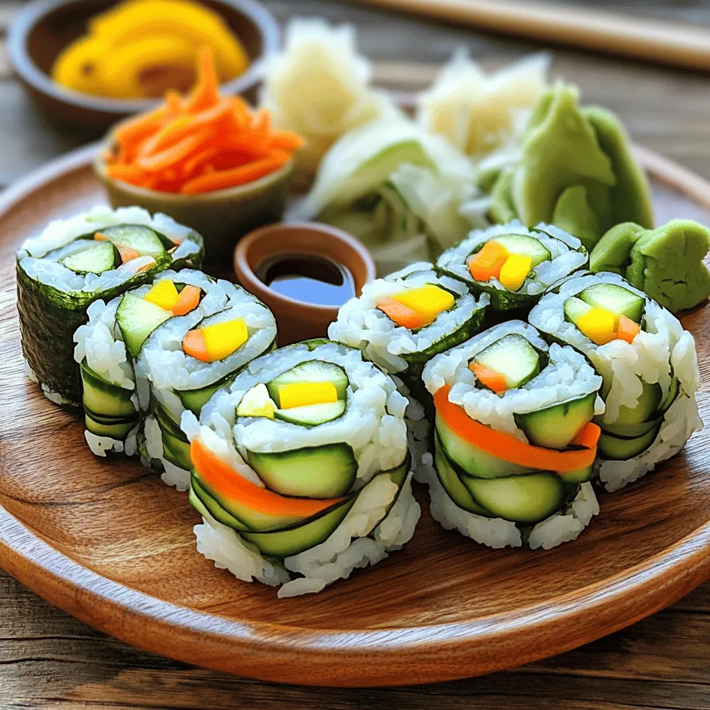 To make tasty vegetable sushi rolls, you need a few key items. Here’s the list: - 1 cup sushi rice - 1 ¼ cups water - 2 tablespoons rice vinegar - 1 tablespoon granulated sugar - ½ teaspoon salt - 4 sheets of nori (seaweed) - 1 medium cucumber, thinly sliced into strips - 1 medium carrot, julienned - ½ bell pepper (any color), thinly sliced - 1 ripe avocado, sliced into thin wedges These ingredients form the base of your rolls. The sushi rice is sticky and helps hold everything together. The nori provides shape and flavor. You can add a few extra touches to make your sushi rolls even better. These toppings are not required but can enhance your dish: - Sesame seeds - Sliced scallions - Wasabi (for a kick) - Extra pickled ginger These toppings add color, flavor, and a fun twist to your rolls. Feel free to mix and match based on your taste! Using the right tools makes your sushi-making easier. Here’s what you need: - Bamboo sushi mat (for rolling) - Sharp knife (for cutting) - Medium saucepan (to cook rice) - Small bowl (to mix the vinegar mixture) - Damp cloth (to keep your hands clean) With these tools, you will be ready to prepare your vegetable sushi rolls. For the full recipe, click here. To make sushi rice, start by rinsing 1 cup of sushi rice under cold water. Rinse until the water runs clear. This helps remove extra starch. Drain the rice well. Next, place the rinsed rice in a medium saucepan with 1 ¼ cups of water. Bring it to a boil over medium heat. Once boiling, cover the saucepan with a lid. Lower the heat and let it simmer for 15 minutes. All the water should absorb during this time. After cooking, keep the lid on and let it rest for 10 minutes. This step makes the rice fluffy. In a small bowl, mix 2 tablespoons of rice vinegar, 1 tablespoon of sugar, and ½ teaspoon of salt. Stir until dissolved. Fold this mixture into the warm rice. This adds flavor while cooling the rice slightly. Now, let’s roll! Place a sheet of nori shiny side down on a sushi mat or cutting board. With damp hands, spread about ¾ cup of seasoned sushi rice over the nori. Leave a 1-inch border at the top. In the middle, add strips of cucumber, carrot, bell pepper, and avocado. Arrange them in a neat row. Start rolling the sushi from the bottom edge, pulling it away from you. Use the mat to shape the roll, but don’t press too hard. When you reach the bare edge, moisten it with a bit of water to seal the roll. Carefully slice the roll into 6-8 pieces with a sharp knife. Dipping the knife in water helps prevent sticking. Repeat this process with the remaining nori sheets and fillings. For serving, place the sushi rolls on a plate. Add a small dish of pickled ginger and soy sauce for dipping. To make it even prettier, sprinkle sesame seeds or chopped scallions on the plate. Arrange the rolls in a fan shape for a lovely visual. Enjoy your fresh vegetable sushi! You can find the Full Recipe if you want more details. Making sushi can be tricky. Here are some common mistakes to avoid: - Not rinsing the rice: Always rinse sushi rice. This removes excess starch. - Overcooking the rice: Stick to the timing. Too much time can make the rice mushy. - Filling too much: Don’t overstuff your rolls. This makes them hard to seal and slice. - Using dry hands: Wet your hands when handling rice. It prevents sticking and mess. Getting the right texture for sushi rice is key. Follow these tips: - Rinse thoroughly: Rinse until the water runs clear. This helps the rice stay firm. - Measure water accurately: Use 1 ¼ cups of water for 1 cup of rice. This ratio is important. - Let it rest: After cooking, let the rice sit covered for 10 minutes. This helps it fluff up. - Add vinegar mix gently: Fold in the vinegar mixture carefully. This adds flavor without mashing the rice. Rolling sushi might seem hard, but it's easy with practice. Here’s how to start: - Use a bamboo mat: Place the nori on a bamboo mat. This helps you roll tightly. - Spread rice evenly: Spread rice to the edges but leave a border at the top. - Add fillings in the center: Keep your fillings in a neat row. This makes rolling easier. - Roll tightly but gently: Start rolling from the bottom. Use the mat to guide you, not too tight. - Seal with water: Moisten the edge of the nori to seal your roll. This holds it together. These tips will help you make perfect vegetable sushi rolls! For more detailed steps, check the Full Recipe. {{image_4}} You can mix and match many veggies in your sushi rolls. Try using: - Zucchini, sliced thin - Spinach leaves for a fresh crunch - Radishes for a spicy kick - Sweet potato, roasted and mashed - Asparagus spears for a unique taste Each of these fillings adds flavor and color. You can even add herbs like cilantro or basil for a fresh twist. While soy sauce is classic, there are other tasty dips too. Consider these options: - Spicy mayo for a creamy touch - Ponzu sauce for a zesty flavor - Wasabi for a spicy heat - Teriyaki sauce for a sweet twist These sauces can enhance your sushi experience. You can also mix soy sauce with sesame oil for a richer flavor. How you present your sushi makes it even more fun. Here are some ideas: - Cut rolls into fun shapes using cookie cutters - Use a colorful plate for a bright display - Arrange rolls in a circle with dipping sauces in the middle - Garnish with microgreens or edible flowers These ideas will impress your guests and make your meal more enjoyable. Try out different styles to find your favorite! For the complete recipe, check the Full Recipe section. To store leftover sushi rolls, wrap them tightly in plastic wrap. This keeps them fresh and moist. You can also place them in an airtight container. Store the rolls in the fridge for up to 24 hours for the best quality. To maintain freshness, keep sushi rolls cool and away from sunlight. Avoid adding sauces until you are ready to eat. If the rolls contain avocado, eat them quickly, as they brown fast. Sushi rice is best served fresh. If you have leftover rice, reheat it gently. Use a microwave with a damp paper towel on top. This method helps keep the rice moist and fluffy. Avoid overheating, as it can make the rice dry and hard. Enjoy your sushi rolls with the full recipe for a delicious meal! You can store homemade sushi rolls in the fridge for up to 24 hours. Make sure to wrap them tightly in plastic wrap. This helps keep them fresh and prevents them from drying out. However, the texture does change. The rice can harden, and the vegetables may lose their crispness. Yes, you can use brown rice instead of sushi rice. Brown rice adds a nutty flavor and extra fiber. However, it does require a longer cooking time. You may need to adjust the water ratio and cooking method, as brown rice absorbs more water. Many vegetables work well in sushi. Here are some great options: - Spinach - Radish - Asparagus - Zucchini - Sweet potato - Mushrooms These veggies add color and flavor to your sushi rolls. Yes, vegetable sushi is great for vegan diets. It contains no animal products. The main ingredients are rice and vegetables, making it a healthy choice. Just ensure your dipping sauce is also vegan, as some soy sauces may contain fish. You can find the full recipe for vegetable sushi rolls in the section above. It details all the ingredients and steps needed to create these delicious rolls. Enjoy making them at home! Making vegetable sushi rolls is simple and fun. You learned about the key ingredients like sushi rice and fresh veggies. I showed you how to prepare, assemble, and cut your rolls. We discussed tips to avoid common mistakes and how to add your own twist with different veggies and dips. Lastly, I shared storage tips to keep your sushi fresh. Enjoy creating these rolls and impress your friends with your skills! Dive into this tasty veggie sushi journey today.