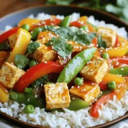 - Tofu and accompaniments - 1 block (14 oz) firm tofu, pressed and cubed - 2 tablespoons cornstarch - 2 tablespoons vegetable oil - Fresh vegetables - 1 red bell pepper, sliced into thin strips - 1 yellow bell pepper, sliced into thin strips - 1 cup snap peas, trimmed and halved - 2 green onions, chopped finely - 3 cloves garlic, minced - 1 tablespoon fresh ginger, minced - Sauces and oils - 1/3 cup sweet chili sauce - 2 tablespoons soy sauce - 1 tablespoon sesame oil - Garnishes - Sesame seeds, for garnish - Fresh cilantro, for garnish Sweet Chili Tofu Stir Fry is a vibrant dish. The tofu offers a great base, while fresh veggies add crunch. The sweet chili sauce gives a nice kick. This dish is simple yet flavorful. Each ingredient plays a key role. You can customize it to your liking. The tofu is the star here. Pressing it helps remove extra water. This keeps it firm and crispy. Coating it in cornstarch makes it even crunchier. Fresh vegetables add color and nutrients. Bell peppers and snap peas are perfect choices. The sauces bring the dish together. Sweet chili sauce adds sweetness and heat. Soy sauce gives it a savory touch. Drizzling sesame oil at the end adds richness. Finally, garnishing with sesame seeds and cilantro makes it look pretty and fresh. You can find the full recipe above. Enjoy cooking! To start, you need to press the tofu. Pressing removes excess water. Wrap the tofu block in a clean towel. Place a heavy object on top. Let it sit for about 15 minutes. This helps the tofu get firm. It crisps up better when cooked. Next, cube and coat the tofu. Cut the pressed tofu into 1-inch cubes. Place the cubes in a bowl. Sprinkle the cornstarch over them. Toss gently until all sides are coated. This coating gives a crispy texture when cooked. Now, it’s time to cook the tofu. Heat vegetable oil in a large skillet over medium-high heat. Carefully add the tofu cubes in a single layer. Cook for about 8-10 minutes. Turn them occasionally for even cooking. You want them golden brown and crispy. Once done, remove the tofu from the skillet and set aside. In the same skillet, add sliced red and yellow bell peppers. Also, add the snap peas. Stir-fry for 3-4 minutes. You want the veggies to be tender-crisp. This keeps their bright color and crunch. Now, add aromatics for flavor. Toss in minced garlic and ginger. Stir quickly for another minute. This step adds a wonderful aroma and taste to your dish. It’s time to mix everything together. Return the cooked tofu to the skillet. Pour in the sweet chili sauce and soy sauce. Stir gently until everything is coated. Make sure the tofu and veggies are evenly mixed. Heat everything through for a minute or two. For the final touch, drizzle sesame oil over the stir-fry. Mix thoroughly to combine the flavors. Cook for 1-2 more minutes. This ensures everything is hot and well-coated. Now, it’s time to garnish and serve. Remove the stir-fry from heat. Add chopped green onions, sesame seeds, and fresh cilantro on top. For a beautiful presentation, serve over jasmine rice or quinoa. Don’t forget to check the Full Recipe for more details! Pressing tofu is key to getting the right texture. It removes extra moisture, which helps your tofu get crispy. Wrap the tofu in a clean kitchen towel. Place a heavy object on top for about 15 minutes. This step is important for the best results. For crispy tofu, coat it well with cornstarch. After pressing, cut the tofu into 1-inch cubes. Toss the cubes in a bowl with the cornstarch. Make sure every side is covered. This will help them crisp up when you fry them. Garlic and ginger add great flavor. Use three cloves of garlic and one tablespoon of fresh ginger. This ratio gives a nice balance. Mince them finely for a stronger taste. When stir-frying, heat your oil well before adding ingredients. This helps to sear the tofu and veggies quickly. Stir-fry on high heat for the best texture. Keep the veggies crunchy by not cooking them too long. Serve your Sweet Chili Tofu Stir Fry with rice or noodles. White rice or jasmine rice works well. For a healthier option, try quinoa. Garnish your dish with green onions, sesame seeds, and cilantro. This adds color and makes it look delicious. For an extra touch, drizzle some sesame oil over the top before serving. It enhances the aroma and flavor. Check out the Full Recipe for more details! {{image_4}} You can change up the veggies in this stir fry. Here are some ideas: - Broccoli florets - Carrots, sliced thin - Zucchini, cut into half-moons - Mushrooms, sliced - Bell peppers in different colors When seasons change, try using fresh, local vegetables. For example, in the summer, you can use fresh corn or green beans. In the fall, try adding butternut squash or kale to the mix. These swaps keep the dish fresh and fun. If you want more protein, there are great options. You can add: - Chicken breast, cut into strips - Shrimp, peeled and deveined - Tempeh, cubed like tofu - Seitan, for a chewy texture When cooking these proteins, remember to adjust cooking times. Chicken and shrimp cook fast, while tempeh may need a bit longer. Always make sure your protein reaches a safe internal temperature. You can make the sauce your own. Here’s how: - Add more sweet chili sauce for sweetness. - Mix in soy sauce for more saltiness. - Toss in sriracha for heat. If you like it sweet, add a bit of honey or maple syrup. For a tangy twist, try adding lime juice. Customizing your sauce makes the dish unique every time you make it. Check out the Full Recipe for more ideas! To store leftovers, let the stir-fry cool first. Then, place it in an airtight container. This keeps the flavors fresh and prevents spoilage. You can store it in the fridge for up to three days. Just remember to reheat only what you plan to eat, as repeated heating can change the texture. If you want to freeze the stir-fry, use a freezer-safe container. Leave some space for expansion. This dish can stay fresh in the freezer for about one month. To reheat, thaw it in the fridge overnight. You can then heat it in a skillet over medium heat. Stir gently to avoid breaking the tofu. Enjoy it hot, just like when you first made it! You can save time by prepping ingredients first. Cut your tofu and veggies in advance. Use a sharp knife for fast, clean cuts. Have all your sauces ready to go. Cooking in a hot skillet helps everything cook evenly and quickly. Yes, you can make this dish gluten-free. Swap regular soy sauce for tamari or coconut aminos. Both options offer a similar taste without gluten. Be sure to check labels for hidden gluten in sauces. This stir fry pairs well with several sides. Serve it over jasmine rice or quinoa for a hearty meal. You can also try it with rice noodles. For an extra crunch, add a side of fresh cucumber salad. To store leftovers, place them in an airtight container. Keep them in the fridge for up to three days. When reheating, use a skillet over medium heat. This method keeps the tofu crispy. You can add a splash of water to steam veggies back to life. For the best taste, enjoy the stir fry warm. For the full recipe, check out the earlier sections. In this post, we covered how to make Sweet Chili Tofu Stir Fry. We explored ingredients, preparation steps, and helpful tips for tasty results. You learned about perfecting the tofu texture, suitable vegetable swaps, and sauce customizations. Finally, we provided storage advice to keep leftovers fresh. Cooking does not have to be hard. Now, you can create a delicious meal with ease! Enjoy your stir fry adventure!