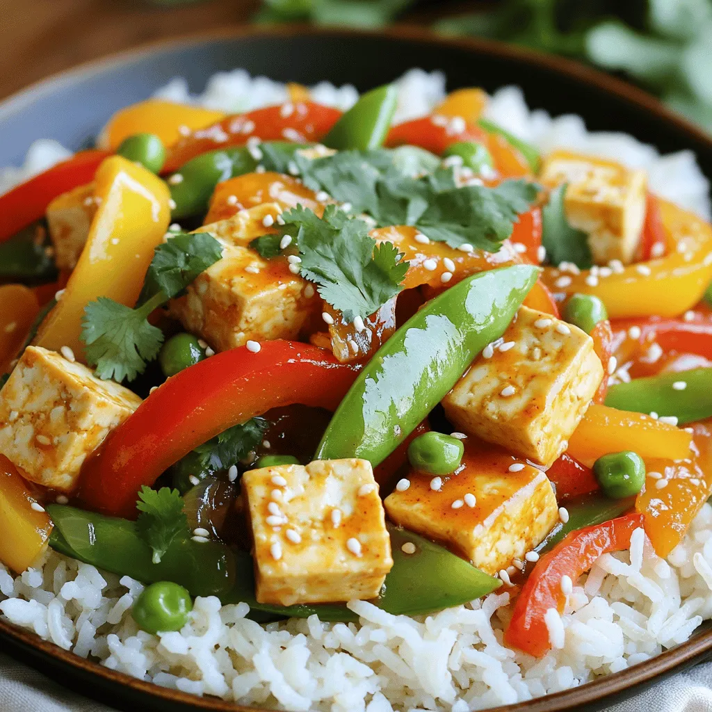 - Tofu and accompaniments - 1 block (14 oz) firm tofu, pressed and cubed - 2 tablespoons cornstarch - 2 tablespoons vegetable oil - Fresh vegetables - 1 red bell pepper, sliced into thin strips - 1 yellow bell pepper, sliced into thin strips - 1 cup snap peas, trimmed and halved - 2 green onions, chopped finely - 3 cloves garlic, minced - 1 tablespoon fresh ginger, minced - Sauces and oils - 1/3 cup sweet chili sauce - 2 tablespoons soy sauce - 1 tablespoon sesame oil - Garnishes - Sesame seeds, for garnish - Fresh cilantro, for garnish Sweet Chili Tofu Stir Fry is a vibrant dish. The tofu offers a great base, while fresh veggies add crunch. The sweet chili sauce gives a nice kick. This dish is simple yet flavorful. Each ingredient plays a key role. You can customize it to your liking. The tofu is the star here. Pressing it helps remove extra water. This keeps it firm and crispy. Coating it in cornstarch makes it even crunchier. Fresh vegetables add color and nutrients. Bell peppers and snap peas are perfect choices. The sauces bring the dish together. Sweet chili sauce adds sweetness and heat. Soy sauce gives it a savory touch. Drizzling sesame oil at the end adds richness. Finally, garnishing with sesame seeds and cilantro makes it look pretty and fresh. You can find the full recipe above. Enjoy cooking! To start, you need to press the tofu. Pressing removes excess water. Wrap the tofu block in a clean towel. Place a heavy object on top. Let it sit for about 15 minutes. This helps the tofu get firm. It crisps up better when cooked. Next, cube and coat the tofu. Cut the pressed tofu into 1-inch cubes. Place the cubes in a bowl. Sprinkle the cornstarch over them. Toss gently until all sides are coated. This coating gives a crispy texture when cooked. Now, it’s time to cook the tofu. Heat vegetable oil in a large skillet over medium-high heat. Carefully add the tofu cubes in a single layer. Cook for about 8-10 minutes. Turn them occasionally for even cooking. You want them golden brown and crispy. Once done, remove the tofu from the skillet and set aside. In the same skillet, add sliced red and yellow bell peppers. Also, add the snap peas. Stir-fry for 3-4 minutes. You want the veggies to be tender-crisp. This keeps their bright color and crunch. Now, add aromatics for flavor. Toss in minced garlic and ginger. Stir quickly for another minute. This step adds a wonderful aroma and taste to your dish. It’s time to mix everything together. Return the cooked tofu to the skillet. Pour in the sweet chili sauce and soy sauce. Stir gently until everything is coated. Make sure the tofu and veggies are evenly mixed. Heat everything through for a minute or two. For the final touch, drizzle sesame oil over the stir-fry. Mix thoroughly to combine the flavors. Cook for 1-2 more minutes. This ensures everything is hot and well-coated. Now, it’s time to garnish and serve. Remove the stir-fry from heat. Add chopped green onions, sesame seeds, and fresh cilantro on top. For a beautiful presentation, serve over jasmine rice or quinoa. Don’t forget to check the Full Recipe for more details! Pressing tofu is key to getting the right texture. It removes extra moisture, which helps your tofu get crispy. Wrap the tofu in a clean kitchen towel. Place a heavy object on top for about 15 minutes. This step is important for the best results. For crispy tofu, coat it well with cornstarch. After pressing, cut the tofu into 1-inch cubes. Toss the cubes in a bowl with the cornstarch. Make sure every side is covered. This will help them crisp up when you fry them. Garlic and ginger add great flavor. Use three cloves of garlic and one tablespoon of fresh ginger. This ratio gives a nice balance. Mince them finely for a stronger taste. When stir-frying, heat your oil well before adding ingredients. This helps to sear the tofu and veggies quickly. Stir-fry on high heat for the best texture. Keep the veggies crunchy by not cooking them too long. Serve your Sweet Chili Tofu Stir Fry with rice or noodles. White rice or jasmine rice works well. For a healthier option, try quinoa. Garnish your dish with green onions, sesame seeds, and cilantro. This adds color and makes it look delicious. For an extra touch, drizzle some sesame oil over the top before serving. It enhances the aroma and flavor. Check out the Full Recipe for more details! {{image_4}} You can change up the veggies in this stir fry. Here are some ideas: - Broccoli florets - Carrots, sliced thin - Zucchini, cut into half-moons - Mushrooms, sliced - Bell peppers in different colors When seasons change, try using fresh, local vegetables. For example, in the summer, you can use fresh corn or green beans. In the fall, try adding butternut squash or kale to the mix. These swaps keep the dish fresh and fun. If you want more protein, there are great options. You can add: - Chicken breast, cut into strips - Shrimp, peeled and deveined - Tempeh, cubed like tofu - Seitan, for a chewy texture When cooking these proteins, remember to adjust cooking times. Chicken and shrimp cook fast, while tempeh may need a bit longer. Always make sure your protein reaches a safe internal temperature. You can make the sauce your own. Here’s how: - Add more sweet chili sauce for sweetness. - Mix in soy sauce for more saltiness. - Toss in sriracha for heat. If you like it sweet, add a bit of honey or maple syrup. For a tangy twist, try adding lime juice. Customizing your sauce makes the dish unique every time you make it. Check out the Full Recipe for more ideas! To store leftovers, let the stir-fry cool first. Then, place it in an airtight container. This keeps the flavors fresh and prevents spoilage. You can store it in the fridge for up to three days. Just remember to reheat only what you plan to eat, as repeated heating can change the texture. If you want to freeze the stir-fry, use a freezer-safe container. Leave some space for expansion. This dish can stay fresh in the freezer for about one month. To reheat, thaw it in the fridge overnight. You can then heat it in a skillet over medium heat. Stir gently to avoid breaking the tofu. Enjoy it hot, just like when you first made it! You can save time by prepping ingredients first. Cut your tofu and veggies in advance. Use a sharp knife for fast, clean cuts. Have all your sauces ready to go. Cooking in a hot skillet helps everything cook evenly and quickly. Yes, you can make this dish gluten-free. Swap regular soy sauce for tamari or coconut aminos. Both options offer a similar taste without gluten. Be sure to check labels for hidden gluten in sauces. This stir fry pairs well with several sides. Serve it over jasmine rice or quinoa for a hearty meal. You can also try it with rice noodles. For an extra crunch, add a side of fresh cucumber salad. To store leftovers, place them in an airtight container. Keep them in the fridge for up to three days. When reheating, use a skillet over medium heat. This method keeps the tofu crispy. You can add a splash of water to steam veggies back to life. For the best taste, enjoy the stir fry warm. For the full recipe, check out the earlier sections. In this post, we covered how to make Sweet Chili Tofu Stir Fry. We explored ingredients, preparation steps, and helpful tips for tasty results. You learned about perfecting the tofu texture, suitable vegetable swaps, and sauce customizations. Finally, we provided storage advice to keep leftovers fresh. Cooking does not have to be hard. Now, you can create a delicious meal with ease! Enjoy your stir fry adventure!