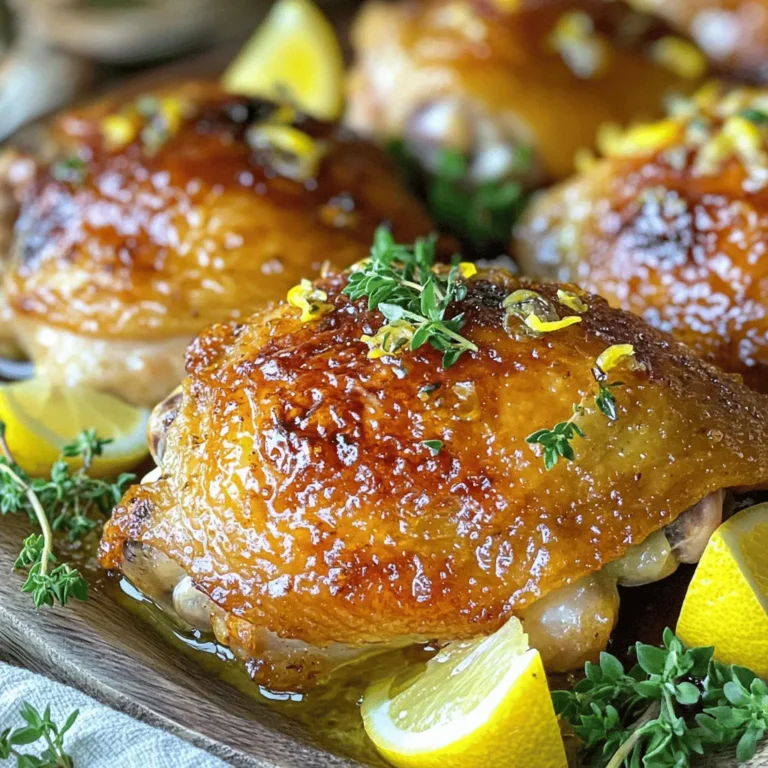 - Chicken thighs: skin-on and bone-in - Fresh herbs: thyme and parsley - Garlic and lemons: zested and juiced - Olive oil - Sea salt - Black pepper - Smoked paprika - Bowl for marinade - Baking dish or sheet - Meat thermometer Gathering the right ingredients makes a big difference. I love using skin-on, bone-in chicken thighs. They stay juicy and tender during cooking. Fresh herbs like thyme and parsley brighten the dish. Zesting and juicing lemons adds a zing that lifts the flavors. For seasonings, olive oil is my go-to. It adds richness and helps the skin crisp up. Sea salt and black pepper enhance the chicken's natural taste. Smoked paprika gives a warm, smoky note. These ingredients blend perfectly, making each bite a delight. You need just a few tools to get started. A bowl helps me mix the marinade well. I prefer a baking dish or sheet for roasting. A meat thermometer is key for checking doneness. It ensures the chicken cooks safely and evenly. For the [Full Recipe], follow the steps closely to make sure your dish shines. Enjoy the process and savor the tasty results! - Preheat the oven to 425°F (220°C). - In a bowl, mix the marinade ingredients: minced garlic, lemon juice, lemon zest, thyme, olive oil, sea salt, black pepper, and smoked paprika. This blend gives your chicken a bright and zesty flavor. - Take the chicken thighs and coat them well with the marinade. Ensure every part gets that tasty mixture. - For the best flavor, marinate the chicken for at least 30 minutes. You can leave it for up to 4 hours in the fridge. This time allows the flavors to soak in deeply. - Arrange the marinated chicken thighs skin-side up on a baking sheet. Spread them out evenly for even cooking. - Roast the chicken in the preheated oven for about 35 to 40 minutes. You want the chicken to reach an internal temperature of 165°F (75°C). This ensures it's safe to eat. The skin should turn golden brown and crispy, making it look as good as it tastes. For the Full Recipe, check the ingredients and detailed steps to make this delicious dish come to life! To get juicy chicken, marination is key. I recommend marinating the chicken thighs for at least 30 minutes. If you have time, let them sit for up to 4 hours. This helps the flavors sink in and keeps the meat moist. To check if the chicken is done, use a meat thermometer. It should read 165°F (75°C) in the thickest part of the thigh. This ensures the chicken is safe to eat and prevents dryness. For crispy skin, start by patting the chicken thighs dry before adding the marinade. This step helps the skin crisp up in the oven. When roasting, place the chicken skin-side up on the baking sheet. For an extra crunch, turn on the broiler for the last few minutes of cooking. Keep a close eye on it to prevent burning. This method gives you that golden, crispy finish we all love. Lemon garlic roasted chicken thighs pair well with many sides. I love serving them with roasted vegetables or a fresh green salad. These sides add color and balance the rich flavors of the chicken. For a lovely presentation, arrange the chicken on a large platter. Garnish with lemon wedges and fresh thyme. This not only looks great but adds a burst of flavor when served. You can find the full recipe to try at home! {{image_4}} You can switch up the herbs and citrus for fun flavors. Try rosemary or oregano instead of thyme. For citrus, lime or orange adds a nice twist. If you like heat, mix in some red pepper flakes. This gives your chicken a spicy kick. You can grill or roast the chicken. Grilling gives it a smoky flavor, while roasting keeps it juicy. If you choose to grill, marinate the chicken as usual. Then, cook on medium heat for about 25 minutes. Flip halfway for even cooking. For a slow cooker, place the marinated chicken in the pot. Cook on low for 6 to 8 hours. This method makes the chicken super tender and full of flavor. If you need gluten-free options, this recipe works great! Just check your spice labels for hidden gluten. For dairy-free diets, use olive oil as your fat. If you want to lower sodium, cut back on the sea salt. You can also use herbs and spices for flavor. This way, you keep the taste without the salt. Check out the Full Recipe to explore all these fun variations! To store leftovers safely, place the chicken in an airtight container. This keeps bacteria out and helps maintain freshness. You can store it in the fridge for up to four days. After that, the taste and quality may fade. You can freeze cooked chicken for future meals. Wrap the chicken tightly in plastic wrap and then in foil. This prevents freezer burn. It’s best to eat the frozen chicken within three months for the best taste. To thaw, move the chicken to the fridge overnight. This keeps it at a safe temperature. If you're in a hurry, you can use the microwave. Just be careful not to cook it while thawing. To reheat your chicken, use the oven. Set it to 350°F (175°C) for even heating. Place the chicken in a baking dish. Cover it with foil to keep it moist. Heat for about 15-20 minutes or until it reaches an internal temperature of 165°F (74°C). You can also use a skillet. Heat it over medium heat. Add a splash of water or broth to keep the chicken juicy. Cook for about five to seven minutes, flipping halfway. Enjoy your flavorful lemon garlic roasted chicken thighs again! Marinate the chicken thighs for at least 30 minutes. This allows the flavors to soak in. For a stronger taste, you can marinate them for up to 4 hours. Just remember, longer marination means more flavor! Yes, you can use boneless chicken thighs. They will cook faster, so reduce the roasting time to about 25-30 minutes. Always check for doneness to ensure they are safe to eat. You can serve many sides with this dish. Roasted vegetables, like carrots or broccoli, pair well. A fresh green salad adds a light touch. Mashed potatoes or rice can also make a hearty meal. Using a meat thermometer is key. The chicken should reach an internal temperature of 165°F (75°C). Check the thickest part of the thigh for the most accurate reading. This ensures your chicken is safe and juicy. In this article, we covered how to make lemon garlic roasted chicken thighs. We discussed key ingredients like chicken thighs, fresh herbs, garlic, and lemons. You learned step-by-step instructions for marinating and roasting the chicken. Tips for juicy meat and crispy skin were included, along with tasty serving ideas. We also explored variations, storage options, and common questions. With this knowledge, you can create a flavorful dish that impresses your family. Enjoy cooking and make this meal your own!