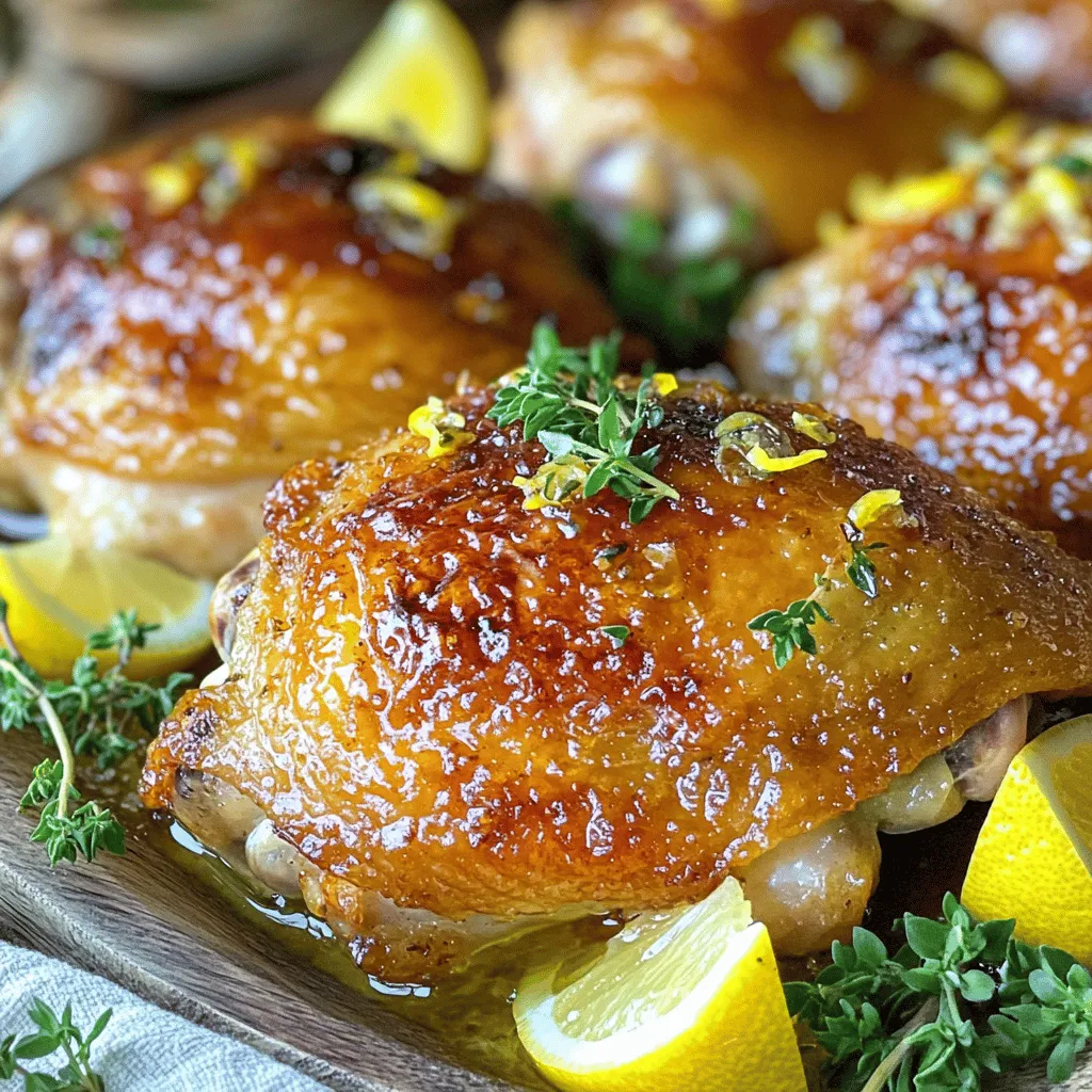 - Chicken thighs: skin-on and bone-in - Fresh herbs: thyme and parsley - Garlic and lemons: zested and juiced - Olive oil - Sea salt - Black pepper - Smoked paprika - Bowl for marinade - Baking dish or sheet - Meat thermometer Gathering the right ingredients makes a big difference. I love using skin-on, bone-in chicken thighs. They stay juicy and tender during cooking. Fresh herbs like thyme and parsley brighten the dish. Zesting and juicing lemons adds a zing that lifts the flavors. For seasonings, olive oil is my go-to. It adds richness and helps the skin crisp up. Sea salt and black pepper enhance the chicken's natural taste. Smoked paprika gives a warm, smoky note. These ingredients blend perfectly, making each bite a delight. You need just a few tools to get started. A bowl helps me mix the marinade well. I prefer a baking dish or sheet for roasting. A meat thermometer is key for checking doneness. It ensures the chicken cooks safely and evenly. For the [Full Recipe], follow the steps closely to make sure your dish shines. Enjoy the process and savor the tasty results! - Preheat the oven to 425°F (220°C). - In a bowl, mix the marinade ingredients: minced garlic, lemon juice, lemon zest, thyme, olive oil, sea salt, black pepper, and smoked paprika. This blend gives your chicken a bright and zesty flavor. - Take the chicken thighs and coat them well with the marinade. Ensure every part gets that tasty mixture. - For the best flavor, marinate the chicken for at least 30 minutes. You can leave it for up to 4 hours in the fridge. This time allows the flavors to soak in deeply. - Arrange the marinated chicken thighs skin-side up on a baking sheet. Spread them out evenly for even cooking. - Roast the chicken in the preheated oven for about 35 to 40 minutes. You want the chicken to reach an internal temperature of 165°F (75°C). This ensures it's safe to eat. The skin should turn golden brown and crispy, making it look as good as it tastes. For the Full Recipe, check the ingredients and detailed steps to make this delicious dish come to life! To get juicy chicken, marination is key. I recommend marinating the chicken thighs for at least 30 minutes. If you have time, let them sit for up to 4 hours. This helps the flavors sink in and keeps the meat moist. To check if the chicken is done, use a meat thermometer. It should read 165°F (75°C) in the thickest part of the thigh. This ensures the chicken is safe to eat and prevents dryness. For crispy skin, start by patting the chicken thighs dry before adding the marinade. This step helps the skin crisp up in the oven. When roasting, place the chicken skin-side up on the baking sheet. For an extra crunch, turn on the broiler for the last few minutes of cooking. Keep a close eye on it to prevent burning. This method gives you that golden, crispy finish we all love. Lemon garlic roasted chicken thighs pair well with many sides. I love serving them with roasted vegetables or a fresh green salad. These sides add color and balance the rich flavors of the chicken. For a lovely presentation, arrange the chicken on a large platter. Garnish with lemon wedges and fresh thyme. This not only looks great but adds a burst of flavor when served. You can find the full recipe to try at home! {{image_4}} You can switch up the herbs and citrus for fun flavors. Try rosemary or oregano instead of thyme. For citrus, lime or orange adds a nice twist. If you like heat, mix in some red pepper flakes. This gives your chicken a spicy kick. You can grill or roast the chicken. Grilling gives it a smoky flavor, while roasting keeps it juicy. If you choose to grill, marinate the chicken as usual. Then, cook on medium heat for about 25 minutes. Flip halfway for even cooking. For a slow cooker, place the marinated chicken in the pot. Cook on low for 6 to 8 hours. This method makes the chicken super tender and full of flavor. If you need gluten-free options, this recipe works great! Just check your spice labels for hidden gluten. For dairy-free diets, use olive oil as your fat. If you want to lower sodium, cut back on the sea salt. You can also use herbs and spices for flavor. This way, you keep the taste without the salt. Check out the Full Recipe to explore all these fun variations! To store leftovers safely, place the chicken in an airtight container. This keeps bacteria out and helps maintain freshness. You can store it in the fridge for up to four days. After that, the taste and quality may fade. You can freeze cooked chicken for future meals. Wrap the chicken tightly in plastic wrap and then in foil. This prevents freezer burn. It’s best to eat the frozen chicken within three months for the best taste. To thaw, move the chicken to the fridge overnight. This keeps it at a safe temperature. If you're in a hurry, you can use the microwave. Just be careful not to cook it while thawing. To reheat your chicken, use the oven. Set it to 350°F (175°C) for even heating. Place the chicken in a baking dish. Cover it with foil to keep it moist. Heat for about 15-20 minutes or until it reaches an internal temperature of 165°F (74°C). You can also use a skillet. Heat it over medium heat. Add a splash of water or broth to keep the chicken juicy. Cook for about five to seven minutes, flipping halfway. Enjoy your flavorful lemon garlic roasted chicken thighs again! Marinate the chicken thighs for at least 30 minutes. This allows the flavors to soak in. For a stronger taste, you can marinate them for up to 4 hours. Just remember, longer marination means more flavor! Yes, you can use boneless chicken thighs. They will cook faster, so reduce the roasting time to about 25-30 minutes. Always check for doneness to ensure they are safe to eat. You can serve many sides with this dish. Roasted vegetables, like carrots or broccoli, pair well. A fresh green salad adds a light touch. Mashed potatoes or rice can also make a hearty meal. Using a meat thermometer is key. The chicken should reach an internal temperature of 165°F (75°C). Check the thickest part of the thigh for the most accurate reading. This ensures your chicken is safe and juicy. In this article, we covered how to make lemon garlic roasted chicken thighs. We discussed key ingredients like chicken thighs, fresh herbs, garlic, and lemons. You learned step-by-step instructions for marinating and roasting the chicken. Tips for juicy meat and crispy skin were included, along with tasty serving ideas. We also explored variations, storage options, and common questions. With this knowledge, you can create a flavorful dish that impresses your family. Enjoy cooking and make this meal your own!