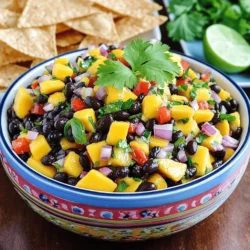 - 1 ripe mango - 1 can black beans - 1 red bell pepper - 1 small red onion - 1 jalapeño - Fresh cilantro - Fresh lime juice - Extra virgin olive oil - Sea salt and pepper To create a fresh Mango Black Bean Salsa, you need a few simple yet key ingredients. Each one adds flavor and texture. The ripe mango plays a big role. It brings sweetness and a bright color. Pick one that is soft to the touch but not mushy. The black beans add protein and a rich, earthy taste. The canned version saves time. Just rinse and drain them well. Next, the red bell pepper adds a nice crunch and a pop of color. Dice it into small pieces for even mixing. You also need a small red onion. Its sharp flavor balances the sweetness of the mango. Chop it finely to mix well. A jalapeño gives the salsa a spicy kick. You can adjust the heat by removing the seeds or using less. Fresh cilantro adds a herbal note. Use it to garnish and mix in for extra flavor. Fresh lime juice adds acidity and brightness, enhancing the overall taste. Use extra virgin olive oil to bring all the flavors together. Lastly, season with sea salt and pepper to taste. These small touches elevate the dish. - Other types of beans - Alternative peppers - Additional herbs Feel free to customize your salsa! You can swap in other beans for variety. Black-eyed peas or kidney beans work well too. If you want more heat, try a different pepper like serrano or habanero. For milder options, use bell peppers. Adding herbs like parsley or mint can also change the flavor profile. Each choice brings a new twist to the classic salsa. Check out the Full Recipe for more details on how to prepare this vibrant dish. Start by gathering all your ingredients. Here’s how to prepare them: - Dicing the mango and bell pepper: Take your ripe mango, and slice off the skin. Cut the flesh into small cubes. Next, grab your red bell pepper. Cut it in half, remove the seeds, and chop it into small pieces. - Chopping the onion and jalapeño: Peel your red onion and chop it finely. For the jalapeño, slice it in half, remove the seeds if you want less heat, and mince it into small bits. - Rinsing and draining black beans: Open the can of black beans. Pour them into a strainer and rinse them under cold water. This step removes extra salt and makes them fresh. Now, it’s time to mix everything together: - Combining all ingredients in a bowl: In a large mixing bowl, add the diced mango, black beans, bell pepper, onion, and jalapeño. Toss in the chopped cilantro too for extra flavor. - How to avoid mashing: Use a wooden spoon to gently stir the ingredients. Be careful not to press too hard. You want to keep the beans and mango intact for great texture. Final touches make all the difference: - Drizzling lime juice and olive oil: Squeeze fresh lime juice over the mixture and drizzle with olive oil. This adds brightness to the salsa. - Adjusting seasoning to taste: Sprinkle sea salt and cracked pepper over the salsa. Taste it and adjust the seasonings to your liking. More lime juice or salt can enhance the flavor. After mixing, let the salsa sit for 15-20 minutes. This resting time allows all the flavors to blend beautifully. Enjoy your Mango Black Bean Salsa as a dip or a topping! For the complete recipe, check out the Full Recipe section. To make your mango black bean salsa shine, let it rest. After mixing, set it aside for 15-20 minutes. This time allows all the flavors to blend well. You’ll taste the difference! For serving, I suggest enjoying it at room temperature. This helps the flavors pop even more. One common mistake is over-mixing the ingredients. Be gentle when stirring to keep the texture intact. Another mistake is picking an unripe mango. A ripe mango is sweet and juicy. It adds the best flavor to your salsa. Look for mangoes that yield slightly to pressure and have a fragrant smell. Tortilla chips make a great pairing for your salsa. The crunch complements the soft texture of the salsa. You can also use it as a topping for proteins. It works well on grilled chicken or fish, adding a burst of flavor. Feel free to explore different serving styles! {{image_4}} You can make this salsa even better by adding corn or avocado. Sweet corn gives a nice crunch and pairs well with the mango. Avocado adds creaminess that balances the flavors. You can also swap lime juice for orange or grapefruit juice. These citrus fruits add new tastes and acidity. If you love heat, try adding more jalapeño or a dash of hot sauce. You can also use serrano or habanero peppers for a bigger kick. If you want a milder salsa, remove the seeds and veins from the jalapeño. This makes the spice less intense without losing flavor. You can boost the health benefits by adding different beans. Kidney or pinto beans add protein and fiber. This salsa is vegan and gluten-free when you use these beans. It’s a great way to make a nutritious snack that everyone can enjoy. For the full recipe, check out the details above! To keep your mango black bean salsa fresh, store it in an airtight container. Glass or plastic containers work well. Make sure the lid is tight to keep air out. This helps preserve the flavors and texture. You can also use a bowl covered with plastic wrap if you don’t have a container. Mango black bean salsa lasts about 3 to 5 days in the fridge. After that, the flavors may fade. Look for signs of spoilage, like a sour smell or discoloration. If you see any mold, it’s best to throw it away. Trust your senses; they guide you well. Yes, you can freeze mango black bean salsa! To do this, place it in a freezer-safe container. Leave some space at the top for expansion. When you want to eat it, thaw it in the fridge overnight. You can also use the microwave for quicker thawing. Just remember to stir it before serving to mix the flavors back together. Enjoy fresh salsa anytime with these simple tips! To cut a mango, start by holding it upright. The mango has a flat pit in the center. Cut off both sides of the mango, about a half-inch from the pit. You will have two large pieces. Then, score each piece in a grid pattern without cutting through the skin. Use a spoon to scoop out the diced mango. This method keeps it safe and easy. Yes, you can make this salsa ahead of time! I recommend making it a few hours before serving. This allows the flavors to blend well. Just keep it covered in the fridge. If you make it too far in advance, the mango may get mushy. So, aim for a few hours to one day ahead for the best taste. To adjust the spice level, you can change the amount of jalapeño. If you prefer less heat, use half of a jalapeño or seed it well. For more heat, add a full jalapeño or even more if you're bold! Remember to taste as you go. This way, you can find your perfect spice level and enjoy every bite. This blog post walked you through making a fresh salsa using simple ingredients. We explored how to combine ripe mangoes, beans, and peppers for a flavorful dish. You can customize it with different beans or spices. The key is to avoid over-mixing and enjoy serving it with chips. Remember to store leftovers properly to keep them fresh. With these tips, making salsa is easy and fun. Spice up your meals with this tasty recipe!