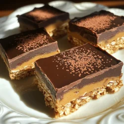 - 1 cup rolled oats - 1 cup almond flour - 1/2 cup natural peanut butter - 1/4 cup honey or maple syrup - 1/4 cup unsweetened cocoa powder - 1/2 teaspoon pure vanilla extract - 1/4 teaspoon sea salt - 1/2 cup dark chocolate chips - 2 tablespoons coconut oil Each ingredient plays a special role in these bars. The rolled oats provide a chewy base and fiber. Almond flour adds texture and nutty flavor. Natural peanut butter gives creaminess and protein. Honey or maple syrup acts as a sweetener and binder. Unsweetened cocoa powder brings rich chocolate notes. Vanilla extract enhances flavor depth, while sea salt balances sweetness. Dark chocolate chips add indulgence, and coconut oil gives a smooth finish. When choosing peanut butter, I love brands like Jif or Skippy for their smoothness. If you prefer natural, look for brands without added sugar, like Smucker's Natural. For cocoa, I recommend Ghirardelli or Hershey's, as they offer high-quality options. Both brands pack a rich flavor that makes your bars even more delicious. These bars are a tasty treat packed with energy. Each bar has about 150 calories. They offer healthy fats, protein, and fiber. You’ll also find key vitamins and minerals like vitamin E, magnesium, and iron. Enjoy these bars as a snack or a dessert. They satisfy cravings while keeping you fueled through the day. To make these bars, you need some key tools. Grab mixing bowls and an 8x8 inch baking dish. Having these ready makes the process smooth and easy. The order of your ingredients matters. Mixing wet and dry ingredients separately helps them blend better later. Start by mixing the dry ingredients. In a spacious mixing bowl, combine rolled oats, almond flour, cocoa powder, and sea salt. Stir well to mix everything evenly. Next, in another bowl, combine the wet ingredients. Mix natural peanut butter, honey or maple syrup, and vanilla extract until smooth. Pour the peanut butter mixture over the dry ingredients. Use a spatula or a wooden spoon to mix everything together. Stir until the dry ingredients are fully coated and a sticky dough forms. Now, line your baking dish with parchment paper, leaving some overhang. This helps you lift the bars out later. Firmly press the mixture into the dish. Spread it evenly to create a flat layer. You can use your fingers or a flat-bottomed glass for this. After that, melt the chocolate. In a small saucepan, combine dark chocolate chips and coconut oil over low heat. Stir until the mixture is smooth and glossy. Drizzle the melted chocolate over the pressed oat layer. Use a spatula to spread it evenly. If needed, tap the dish on the counter. This helps the chocolate settle smoothly. Place the dish in the refrigerator for at least 2 hours. This time allows the chocolate to set firmly. Once the bars are ready, lift them out using the parchment paper. Slice them into squares or rectangles, based on your choice. You can find the full recipe [here](#). - Overmixing vs. properly mixing: Be gentle when mixing the wet and dry ingredients. Overmixing can make the bars tough. Aim for a uniform mix without excessive stirring. - Temperature considerations: All ingredients should be at room temperature. This helps them blend better. Cold peanut butter may not mix well and can lead to lumps. - Adding spices or extracts: Try adding a pinch of cinnamon or a splash of almond extract. These can enhance the flavor profile. Just a little can make a big difference! - Substituting different nut butters: If you want a change, use almond or cashew butter instead of peanut butter. Each nut butter adds its own unique taste and texture. - Serving suggestions: Cut the bars into small squares for easy serving. Place them on a colorful plate to make them pop. - Creative plating ideas: For a fun twist, serve the bars with fresh berries or a scoop of ice cream. This adds color and freshness to your dessert. {{image_4}} You can easily change the taste of your no bake chocolate peanut butter bars. Here are two fun ideas: - Adding coconut flakes: Mix in 1/2 cup of shredded coconut into the dough. This adds a nice chewiness and flavor. - Incorporating dried fruits: Chopped dried fruits like cranberries or apricots can give a sweet twist. Try adding 1/2 cup of your favorite dried fruit for extra flavor. These small changes can really make your bars unique and exciting. If you need to avoid certain ingredients, I have some great alternatives: - Nut-free alternatives: Use sunflower seed butter instead of peanut butter. This keeps the creamy texture while being nut-free. - Gluten-free substitutions: Make sure to use certified gluten-free oats. This way, everyone can enjoy these tasty bars. These options let you share the joy of these treats with more people. Serving your no bake chocolate peanut butter bars can be fun! Here are two ideas: - Pairing with ice cream: Serve the bars with a scoop of vanilla ice cream. The cold ice cream pairs well with the rich bars. - Creating a dessert platter: Slice the bars into smaller pieces and arrange them on a platter. Add fresh fruits or cookies for a colorful display. These serving ideas will impress your friends and family! For more details, check the Full Recipe. Store your No Bake Chocolate Peanut Butter Bars in the fridge. They stay fresh for about one week. Use an airtight container to keep them safe from moisture. Glass or plastic containers with tight lids work best. If you want to keep them extra fresh, place parchment paper between layers. You can freeze these bars for up to three months. Cut the bars before freezing for easy serving. Wrap each bar in plastic wrap or foil. Then place them in a freezer-safe bag. To thaw, take them out and leave them in the fridge overnight. They will taste fresh and delicious. Look for any discoloration on the bars. If they smell off or taste stale, it’s time to toss them. The texture might change too; they may feel dry or crumbly. Always check before enjoying your No Bake Chocolate Peanut Butter Bars. No Bake Chocolate Peanut Butter Bars last about one week in the fridge. To keep them fresh, store them in an airtight container. Make sure they are cool before sealing. You can also layer parchment paper between the bars to prevent sticking. Yes, you can use crunchy peanut butter. It adds a nice texture to the bars. If you like a bit of crunch, go for it! The flavor will still be rich and tasty. Just remember, the chunky bits may change how the bars slice. You can use maple syrup or agave nectar instead of honey. Both will keep the bars sweet. Using these options will make the bars a bit thinner, but they will still taste great. Adjust the amount to match your sweetness level. In this post, we explored making No Bake Chocolate Peanut Butter Bars. We covered essential ingredients, step-by-step instructions, and helpful tips. I also shared variations and storage advice to keep your bars fresh. No Bake bars can be easy and fun to make. Experiment with flavors and share them creatively. Keep these tips in mind to enjoy tasty, satisfying treats. Happy cooking!