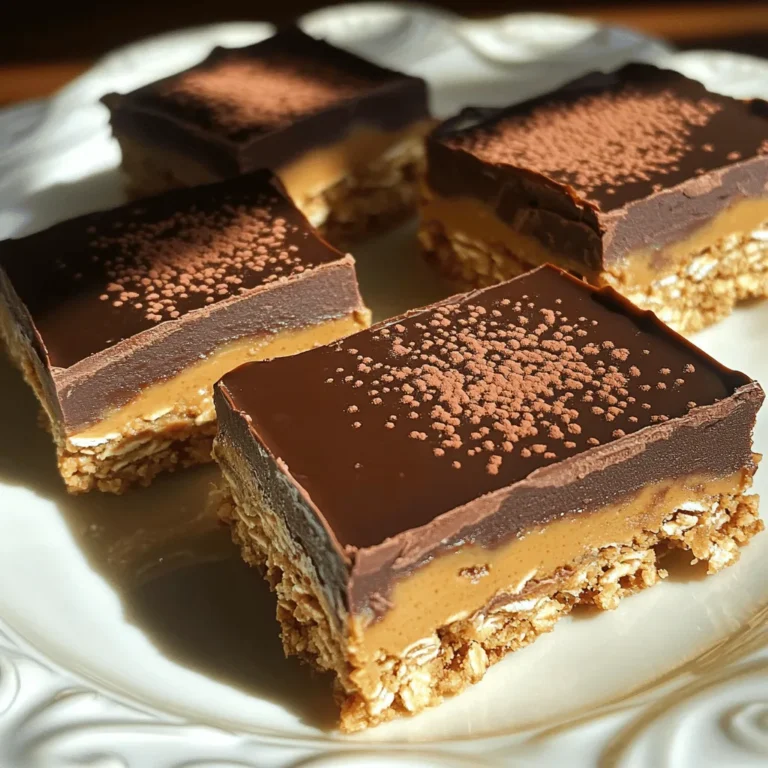 - 1 cup rolled oats - 1 cup almond flour - 1/2 cup natural peanut butter - 1/4 cup honey or maple syrup - 1/4 cup unsweetened cocoa powder - 1/2 teaspoon pure vanilla extract - 1/4 teaspoon sea salt - 1/2 cup dark chocolate chips - 2 tablespoons coconut oil Each ingredient plays a special role in these bars. The rolled oats provide a chewy base and fiber. Almond flour adds texture and nutty flavor. Natural peanut butter gives creaminess and protein. Honey or maple syrup acts as a sweetener and binder. Unsweetened cocoa powder brings rich chocolate notes. Vanilla extract enhances flavor depth, while sea salt balances sweetness. Dark chocolate chips add indulgence, and coconut oil gives a smooth finish. When choosing peanut butter, I love brands like Jif or Skippy for their smoothness. If you prefer natural, look for brands without added sugar, like Smucker's Natural. For cocoa, I recommend Ghirardelli or Hershey's, as they offer high-quality options. Both brands pack a rich flavor that makes your bars even more delicious. These bars are a tasty treat packed with energy. Each bar has about 150 calories. They offer healthy fats, protein, and fiber. You’ll also find key vitamins and minerals like vitamin E, magnesium, and iron. Enjoy these bars as a snack or a dessert. They satisfy cravings while keeping you fueled through the day. To make these bars, you need some key tools. Grab mixing bowls and an 8x8 inch baking dish. Having these ready makes the process smooth and easy. The order of your ingredients matters. Mixing wet and dry ingredients separately helps them blend better later. Start by mixing the dry ingredients. In a spacious mixing bowl, combine rolled oats, almond flour, cocoa powder, and sea salt. Stir well to mix everything evenly. Next, in another bowl, combine the wet ingredients. Mix natural peanut butter, honey or maple syrup, and vanilla extract until smooth. Pour the peanut butter mixture over the dry ingredients. Use a spatula or a wooden spoon to mix everything together. Stir until the dry ingredients are fully coated and a sticky dough forms. Now, line your baking dish with parchment paper, leaving some overhang. This helps you lift the bars out later. Firmly press the mixture into the dish. Spread it evenly to create a flat layer. You can use your fingers or a flat-bottomed glass for this. After that, melt the chocolate. In a small saucepan, combine dark chocolate chips and coconut oil over low heat. Stir until the mixture is smooth and glossy. Drizzle the melted chocolate over the pressed oat layer. Use a spatula to spread it evenly. If needed, tap the dish on the counter. This helps the chocolate settle smoothly. Place the dish in the refrigerator for at least 2 hours. This time allows the chocolate to set firmly. Once the bars are ready, lift them out using the parchment paper. Slice them into squares or rectangles, based on your choice. You can find the full recipe [here](#). - Overmixing vs. properly mixing: Be gentle when mixing the wet and dry ingredients. Overmixing can make the bars tough. Aim for a uniform mix without excessive stirring. - Temperature considerations: All ingredients should be at room temperature. This helps them blend better. Cold peanut butter may not mix well and can lead to lumps. - Adding spices or extracts: Try adding a pinch of cinnamon or a splash of almond extract. These can enhance the flavor profile. Just a little can make a big difference! - Substituting different nut butters: If you want a change, use almond or cashew butter instead of peanut butter. Each nut butter adds its own unique taste and texture. - Serving suggestions: Cut the bars into small squares for easy serving. Place them on a colorful plate to make them pop. - Creative plating ideas: For a fun twist, serve the bars with fresh berries or a scoop of ice cream. This adds color and freshness to your dessert. {{image_4}} You can easily change the taste of your no bake chocolate peanut butter bars. Here are two fun ideas: - Adding coconut flakes: Mix in 1/2 cup of shredded coconut into the dough. This adds a nice chewiness and flavor. - Incorporating dried fruits: Chopped dried fruits like cranberries or apricots can give a sweet twist. Try adding 1/2 cup of your favorite dried fruit for extra flavor. These small changes can really make your bars unique and exciting. If you need to avoid certain ingredients, I have some great alternatives: - Nut-free alternatives: Use sunflower seed butter instead of peanut butter. This keeps the creamy texture while being nut-free. - Gluten-free substitutions: Make sure to use certified gluten-free oats. This way, everyone can enjoy these tasty bars. These options let you share the joy of these treats with more people. Serving your no bake chocolate peanut butter bars can be fun! Here are two ideas: - Pairing with ice cream: Serve the bars with a scoop of vanilla ice cream. The cold ice cream pairs well with the rich bars. - Creating a dessert platter: Slice the bars into smaller pieces and arrange them on a platter. Add fresh fruits or cookies for a colorful display. These serving ideas will impress your friends and family! For more details, check the Full Recipe. Store your No Bake Chocolate Peanut Butter Bars in the fridge. They stay fresh for about one week. Use an airtight container to keep them safe from moisture. Glass or plastic containers with tight lids work best. If you want to keep them extra fresh, place parchment paper between layers. You can freeze these bars for up to three months. Cut the bars before freezing for easy serving. Wrap each bar in plastic wrap or foil. Then place them in a freezer-safe bag. To thaw, take them out and leave them in the fridge overnight. They will taste fresh and delicious. Look for any discoloration on the bars. If they smell off or taste stale, it’s time to toss them. The texture might change too; they may feel dry or crumbly. Always check before enjoying your No Bake Chocolate Peanut Butter Bars. No Bake Chocolate Peanut Butter Bars last about one week in the fridge. To keep them fresh, store them in an airtight container. Make sure they are cool before sealing. You can also layer parchment paper between the bars to prevent sticking. Yes, you can use crunchy peanut butter. It adds a nice texture to the bars. If you like a bit of crunch, go for it! The flavor will still be rich and tasty. Just remember, the chunky bits may change how the bars slice. You can use maple syrup or agave nectar instead of honey. Both will keep the bars sweet. Using these options will make the bars a bit thinner, but they will still taste great. Adjust the amount to match your sweetness level. In this post, we explored making No Bake Chocolate Peanut Butter Bars. We covered essential ingredients, step-by-step instructions, and helpful tips. I also shared variations and storage advice to keep your bars fresh. No Bake bars can be easy and fun to make. Experiment with flavors and share them creatively. Keep these tips in mind to enjoy tasty, satisfying treats. Happy cooking!