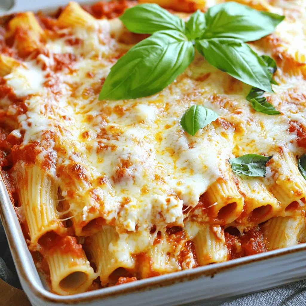 - 12 oz ziti pasta - 2 tablespoons olive oil - 1 medium onion, finely chopped - 3 cloves garlic, minced - 1 bell pepper (any color), diced - 1 teaspoon dried Italian seasoning - 1 jar (24 oz) marinara sauce - 2 cups ricotta cheese To make easy baked ziti, start with ziti pasta. This pasta shape holds sauce well. Next, you need olive oil to sauté the veggies. Onion adds sweetness, while garlic gives bold flavor. Bell peppers add crunch and color. Italian seasoning brings a nice herb taste. Marinara sauce ties everything together, making it juicy. Ricotta cheese adds creaminess and richness to the dish. - 2 cups shredded mozzarella cheese - 1/2 cup grated Parmesan cheese - Fresh basil leaves for garnish - Salt and freshly ground pepper to taste For toppings, mozzarella cheese melts beautifully and adds stretch. Grated Parmesan gives a salty kick. Fresh basil leaves are optional but they add a fresh touch. Don’t forget to season with salt and pepper to enhance all the flavors. - Large pot - Skillet - Mixing bowl - Baking dish - Aluminum foil You will need a few tools to make this dish. A large pot helps boil the pasta. Use a skillet for sautéing the vegetables. A mixing bowl is great for combining the ricotta and egg. A baking dish is where the magic happens. Finally, aluminum foil keeps the dish moist while it cooks. For the full recipe steps, check out the Full Recipe. Enjoy the process of creating this tasty, easy baked ziti! 1. Preheat your oven to 375°F (190°C). This ensures a perfect bake. 2. Fill a large pot with salted water and bring it to a boil. 3. Add 12 ounces of ziti pasta to the boiling water. Cook for about 7-9 minutes until al dente. 4. Drain the pasta and set it aside. 1. In a large skillet, heat 2 tablespoons of olive oil over medium heat. 2. Add 1 medium onion, finely chopped. Sauté until it softens, about 3-4 minutes. 3. Next, add 3 cloves of minced garlic and 1 diced bell pepper. Stir and cook for 3 minutes. 4. Now, sprinkle in 1 teaspoon of dried Italian seasoning. Pour in 1 jar of marinara sauce. 5. Season with salt and freshly ground pepper. Let this simmer for about 5 minutes. 1. In a mixing bowl, combine 2 cups of ricotta cheese, 1 large egg, and a pinch of salt and pepper. Mix until smooth. 2. In a large baking dish, combine the drained pasta with the marinara sauce. Make sure the pasta is fully coated. 3. Dollop the ricotta mixture over the pasta. Gently fold to create a marbled effect. 4. Sprinkle 2 cups of shredded mozzarella cheese and 1/2 cup of grated Parmesan cheese over the top. 1. Cover the baking dish with aluminum foil. This keeps the moisture in while baking. 2. Bake in the preheated oven for 25 minutes. 3. After 25 minutes, remove the foil. Bake for another 10-15 minutes until the cheese is bubbly and golden. 4. Take the baked ziti out of the oven and let it cool for 5 minutes. This helps set the layers. Follow these steps for a delicious family meal. For detailed ingredients, check the Full Recipe. To make the best baked ziti, cook your pasta just right. Aim for al dente, which means it should be firm but cooked through. If you overcook it, your dish may become mushy. Follow the package instructions closely for timing. Next, let your flavors meld during simmering. This step is crucial. When you simmer the marinara sauce with the sautéed veggies, it allows the tastes to blend. Allow it to simmer for about five minutes. This small step makes a big difference in flavor. Serving your baked ziti can be fun! For a family-style meal, use a large dish. Spoon out portions and let everyone serve themselves. For individual plates, use small bowls. This adds a nice touch and makes it feel special. To garnish effectively, sprinkle fresh basil and Parmesan cheese on top. This adds color and extra flavor. You can also drizzle a bit of olive oil for shine. One common mistake is overcooking the pasta. Remember, it should be al dente before baking. This helps it hold its shape and texture. Another mistake is skipping the resting time after baking. Let your ziti sit for about five minutes. This allows the layers to set. If you skip this step, it may fall apart when you serve it. For the full recipe, check out the reference above. Enjoy making your delicious baked ziti! {{image_4}} You can make baked ziti your own with simple swaps. If you need gluten-free options, use gluten-free ziti. Many brands offer tasty alternatives. For a dairy-free version, try cashew cheese or almond milk ricotta. These options taste great, too! To boost flavor, add veggies like spinach or mushrooms. They mix well with the sauce and add nutrition. You can also try different meats. Ground beef, turkey, or sausage work well. They bring a hearty taste to the dish. Just cook the meat first, then mix it into the sauce. When serving baked ziti, pair it with garlic bread or a fresh salad. These sides balance the meal and add crunch. You can also transform your dish into a casserole. Just layer the ziti in a deep dish with extra cheese on top. Bake until bubbly for a fun twist! For the full recipe, check out the details above. To keep your baked ziti fresh, store it in an airtight container. You can refrigerate it for about 3 to 5 days. Make sure it cools down before sealing it. If you want to enjoy it later, freezing is a great option. Just wrap it well in plastic wrap and foil. It can last up to 3 months in the freezer. When it's time to eat your leftovers, reheating is easy. The best way is to use the oven. Preheat it to 350°F (175°C). Place your ziti in an oven-safe dish. Cover it with foil to keep it moist. Heat for about 20 minutes. You can also use the microwave if you're in a hurry. Just heat it in short bursts, stirring in between. Adding a splash of water helps keep it juicy. How long can baked ziti last? In the fridge, it can stay fresh for 3 to 5 days. In the freezer, it lasts about 3 months. Keep an eye out for signs of spoilage. If you see mold or it smells off, it’s time to toss it. Always trust your senses for safety. Enjoy your tasty baked ziti! For the full recipe, check out the earlier sections. You can prepare baked ziti the night before. First, follow the recipe but stop before baking. Once you combine the pasta and sauce, place it in a baking dish. Cover it tightly with plastic wrap or foil and refrigerate. When you're ready to bake, remove the cover and let it sit at room temperature for 30 minutes. Then, bake as instructed in the Full Recipe. This method keeps the flavors fresh and makes dinner a breeze! Baked ziti and lasagna differ in structure and ingredients. Baked ziti uses ziti pasta, while lasagna layers wide noodles. In baked ziti, you mix all ingredients together and bake. In lasagna, you layer noodles, sauce, and cheese. This gives lasagna a more structured look. Both are tasty, but baked ziti is easier and quicker to make. Yes, you can add more cheese! If you want extra cheesiness, try these tips. Use a mix of cheeses, like gouda or fontina, for more flavor. You can also increase the mozzarella or Parmesan. Just be careful not to overwhelm the dish. Balance is key. Too much cheese can make it greasy. Aim for a creamy texture without losing taste. Easy baked ziti can be healthy with some tweaks. The dish has carbs from pasta and protein from cheese. You can lighten it up by using whole grain or gluten-free pasta. Swap part of the ricotta for cottage cheese to cut calories. Add vegetables like spinach or zucchini for extra nutrients. This way, you enjoy a tasty dish that feels good to eat! Easy baked ziti is a simple dish that anyone can make at home. We covered the main ingredients, the right cooking tools, and step-by-step instructions. I shared tips to avoid mistakes and ways to add your twist to the recipe. Whether you want to make it healthier or add new flavors, the options are endless. Storing leftovers is easy, too! With these tips, you can enjoy a delicious meal tonight and again later. I hope you feel inspired to cook this tasty dish for your family and friends.