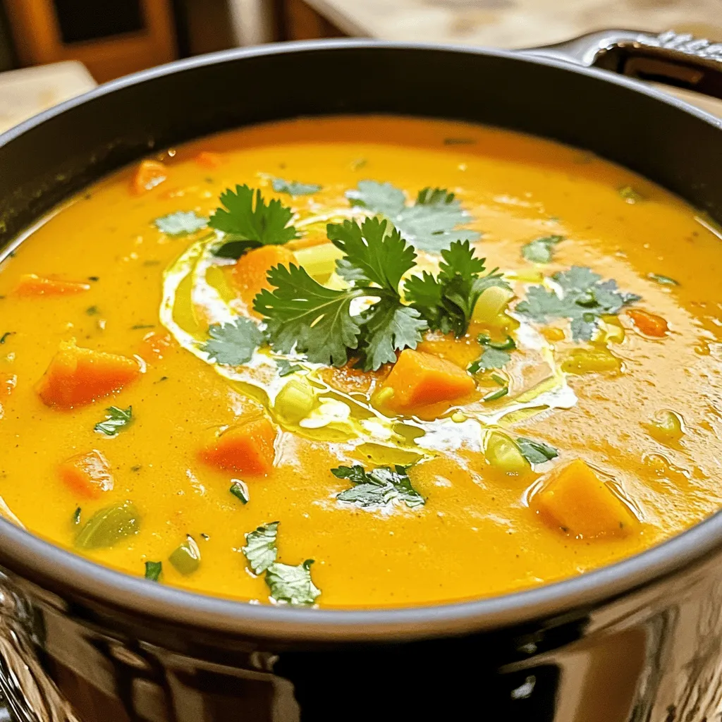 - 1 medium pumpkin, peeled and cut - 1 medium onion, finely chopped - 2 cloves garlic, minced - 1 carrot, diced - 1 stalk celery, diced - 4 cups vegetable broth - 1 teaspoon ground cumin - 1 teaspoon ground coriander - ½ teaspoon ground ginger - Salt and freshly cracked pepper - 2 tablespoons extra-virgin olive oil - ¼ cup coconut milk - Fresh cilantro or parsley for garnish When I make savory pumpkin soup, I love using fresh ingredients. The pumpkin gives the soup a rich, sweet flavor. Start with a medium pumpkin, about 3 to 4 pounds. Peel it, seed it, and cut it into cubes. It’s the star of the dish. Next up is the onion. A medium onion, finely chopped, adds depth to the base. I always use garlic—two cloves, minced—to enhance the aroma and flavor. The carrot and celery add sweetness and crunch. Dice one carrot and one stalk of celery, and you’re all set. For the broth, I prefer vegetable broth. Four cups will give the soup a nice body without overpowering the pumpkin. Now, let’s talk spices. Ground cumin and coriander are my favorites for this recipe. Each spice adds warmth and complexity. I use one teaspoon of each. A half teaspoon of ground ginger adds a gentle zing. Don’t forget to season with salt and freshly cracked pepper to taste. If you want to take it up a notch, you can add some optional ingredients. I like to drizzle in two tablespoons of extra-virgin olive oil for richness. A quarter cup of coconut milk adds a creaminess that makes the soup feel luxurious. Finally, fresh cilantro or parsley makes a great garnish. It adds color and a fresh taste. For the full recipe, check out the details above. This ingredient list will help you create a comforting and nutritious meal. Enjoy the warmth of savory pumpkin soup! - Heat 2 tablespoons of extra-virgin olive oil in a large pot over medium heat. - Add 1 medium onion, finely chopped, and sauté for about 5 minutes. - Once the onion is soft and clear, add 2 cloves of minced garlic. - Then, stir in 1 diced carrot and 1 diced stalk of celery. - Cook these vegetables for about 3 to 4 minutes, stirring often. - Next, add 1 medium pumpkin, cut into 1-inch cubes. - Sprinkle in 1 teaspoon of ground cumin, 1 teaspoon of ground coriander, and ½ teaspoon of ground ginger. - Stir everything together and cook for another 5 minutes until the spices smell great. - Pour in 4 cups of vegetable broth, covering the pumpkin and veggies. - Turn the heat to high and bring the mix to a boil. - Once boiling, lower the heat to let it simmer for 20 to 25 minutes. - Check the pumpkin; it should be soft enough to poke with a fork. - Use an immersion blender to puree the soup right in the pot. - If you prefer, you can use a traditional blender in batches. - Stir in ¼ cup of coconut milk for a rich, creamy flavor. - Taste your soup and add salt and freshly cracked pepper as needed. - If the soup is too thick, slowly mix in more broth or water. - Let it simmer for an extra 5 minutes to blend the flavors well. - Serve the soup hot, garnished with fresh cilantro or parsley. For the full recipe, check the section above! To make your savory pumpkin soup even better, try adding spices. Nutmeg brings warmth, while cayenne adds a kick. A little goes a long way, so start small. You can also use homemade vegetable broth. This makes a richer taste that you will love. If you want a creamier soup, blend it longer. Do not rush this step; a smooth texture makes the soup feel cozy. To change the thickness, add broth slowly. This way, you control how thick or thin you want your soup. Presentation matters! A drizzle of coconut milk on top adds flair and creaminess. You can also serve the soup with crusty bread or croutons. This adds a nice crunch and makes the meal complete. For the full recipe, check the earlier section. {{image_4}} You can switch things up by using different veggies. Swap pumpkin for butternut squash or sweet potatoes. Both options add natural sweetness and creaminess. You can also add greens like spinach or kale. These greens boost nutrition and add color to your soup. If you want a vegan option, use coconut milk. It gives the soup a rich and creamy texture without dairy. You can also try nut-based creams. They add creaminess and flavor while keeping it dairy-free. For a twist, create a spiced version using chili powder. It adds warmth and a bit of heat. You can also add a splash of apple cider. This gives a sweet touch that balances the earthy pumpkin flavor. Store your savory pumpkin soup in an airtight container. It will stay fresh for up to 5 days. When you reheat, do it gently on the stove. This helps keep the soup's great texture. If you want to save some for later, freeze the soup. Use portioned containers for easy meals. It tastes best when eaten within 3 months of freezing. When it's time to eat your frozen soup, thaw it overnight in the refrigerator. Reheat it on medium heat. If it seems too thick, add a little broth until it reaches the right consistency. To make your savory pumpkin soup thicker, you can add more pumpkin. Another option is to use a potato. Simply peel and cut a potato into small pieces and cook it along with the pumpkin. This will help create a creamy texture without using extra cream. The potato adds a nice taste and keeps the soup healthy. Yes, you can use canned pumpkin for this recipe. I suggest using about 15 ounces of canned pumpkin. Just adjust the broth to keep the right texture. Canned pumpkin is convenient and still gives great flavor. It saves time and makes cooking easier. You can pair pumpkin soup with a salad, sandwich, or crusty bread for a complete meal. A fresh green salad adds a nice crunch. A grilled cheese sandwich complements the soup's warmth. Crusty bread is perfect for dipping! Each option adds flavor and makes your meal even more enjoyable. This blog post walked you through making a tasty pumpkin soup. We covered the main ingredients, spices, and optional additions to elevate flavor. I shared step-by-step cooking instructions, along with helpful tips to enhance taste and texture. You also learned about variations and storage methods to keep leftovers fresh. Now, grab your ingredients and give this soup a try. Enjoy the warmth and comfort it brings!