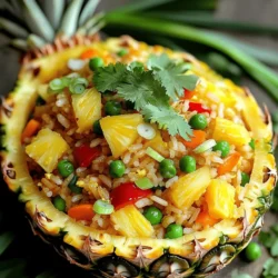 - 2 cups day-old jasmine rice - 1 cup fresh pineapple, diced - 1/2 cup bell pepper (red or yellow), diced - 1/2 cup peas and carrots (frozen mix is suitable) - 2 green onions, thinly sliced - 2 cloves garlic, minced - 2 tablespoons soy sauce - 1 tablespoon sesame oil - 1 tablespoon vegetable oil - 1/2 teaspoon ground black pepper - Salt, to taste - Optional garnish: Fresh cilantro or extra green onions When I make Easy Pineapple Fried Rice, I love using day-old jasmine rice. It works best because it’s dry and won’t clump. Fresh pineapple adds sweetness and a nice texture. Choose red or yellow bell pepper for color and crunch. Peas and carrots bring a pop of color and nutrition. Green onions give a fresh bite, and garlic adds depth. For cooking essentials, soy sauce brings umami. Sesame oil adds a rich, nutty flavor, while vegetable oil helps to fry everything nicely. I sprinkle in ground black pepper and salt to taste. Adjust these to make it perfect for your palate. Finally, garnishing with fresh cilantro or extra green onions makes the dish look bright and inviting. It’s these small touches that make a meal feel special. For the complete recipe, check out [Full Recipe]. To make great fried rice, use day-old rice. It has the right texture. If you must use fresh rice, spread it on a tray. Let it cool completely. This helps to dry it out. Dry rice fries better and won’t clump. Heat vegetable oil in a large skillet over medium-high heat. Add two minced garlic cloves. Sauté for about 30 seconds until it smells great. Be careful not to burn it! Next, add 1/2 cup of diced bell pepper, 1/2 cup of peas, and carrots. Stir-fry these for about 3-4 minutes. They should soften and look bright. Now, gently add 1 cup of diced pineapple. Stir for a minute to warm it up. The pineapple adds a sweet twist. Now it’s time to add the rice. Add 2 cups of day-old jasmine rice. Use a spatula to break apart any clumps. Then drizzle in 2 tablespoons of soy sauce and 1 tablespoon of sesame oil. Mix everything together well. Season it with 1/2 teaspoon of ground black pepper and salt to taste. Stir-fry for about 3-4 minutes. This helps the flavors mix. Finally, fold in 2 sliced green onions. Mix them until they are spread out. Your dish is ready to serve! Check out the Full Recipe for more details. Choosing the right rice is key. I love using jasmine rice. It has a lovely aroma and texture. Always use day-old rice when you can. Fresh rice can be too sticky. Day-old rice dries out a bit, which helps it fry better. Adjust the soy sauce to fit your taste. Start with less and add more if needed. You can also try different oils. Sesame oil adds a nice nutty flavor, while vegetable oil is a good base. Mix in seasonings like garlic powder or ginger for depth. Sauté at the right temperature. Too hot will burn your garlic; too low will make it soggy. Stir-frying is key for good texture. Keep the rice moving in the pan. This helps it fry evenly and prevents clumping. Enjoy the process as you create this tasty dish! {{image_4}} You can easily change the protein in your pineapple fried rice. Adding chicken or shrimp makes it heartier. Simply cook the protein first, then stir it in after the rice. If you want a vegetarian twist, use tofu. Firm tofu works best. Just cube it and pan-fry until golden. This adds a nice texture and flavor to the dish. Don't feel limited to just bell peppers or peas! You can mix in other veggies like carrots, corn, or broccoli. Seasonal produce can add freshness. In summer, use zucchini or bell peppers. In fall, try adding squash or sweet potatoes. These swaps keep your meal colorful and nutritious. For those who love heat, adding chili or hot sauce brings a spicy kick. You can mix in sriracha or a dash of soy sauce with chili. Want more heat? Incorporate fresh jalapeños, diced finely. Just a little can change the whole dish! Adjust according to your taste, and enjoy the added zing. To keep your Easy Pineapple Fried Rice fresh, store it in the fridge. Place the leftover fried rice in an airtight container. This helps prevent it from drying out. Make sure to cool it to room temperature before sealing it. This step keeps bacteria at bay. Aim to eat the rice within three to four days for the best taste. If you want to save your fried rice longer, consider freezing it. First, let it cool completely. Then, scoop it into freezer bags. Remove as much air as you can before sealing. This helps avoid freezer burn. When you're ready to eat, thaw it overnight in the fridge. To reheat, you can use a microwave or a skillet. Heat it on medium, stirring until hot. In the fridge, your Easy Pineapple Fried Rice lasts about three to four days. If you see any mold or smell something off, it’s best to throw it away. Signs of spoilage include a sour smell or changes in color. Always trust your senses. Eating spoiled food can make you sick. Enjoy your tasty meal while it’s fresh! For fried rice, I recommend using jasmine rice. It has a nice aroma and texture. Day-old jasmine rice works best. It is dry and fluffy, which prevents clumping. Other good options are basmati or long-grain rice. Both provide a light texture and absorb flavors well. Avoid using sticky rice. It tends to clump together and does not fry well. Yes, you can easily make this dish vegetarian. Simply swap out any meat for plant-based options. Tofu is a great choice. It adds protein and absorbs the flavors of the dish. You could also use tempeh or seitan. They give a nice texture and taste. For added nutrition, consider adding more veggies like mushrooms or bell peppers. Reheating leftover pineapple fried rice is simple and quick. The best way is to use a skillet. Heat a bit of oil over medium heat. Add the rice and stir often to avoid sticking. You can also add a splash of soy sauce for extra flavor. If you're short on time, use a microwave. Just cover the rice with a damp paper towel, and heat in short bursts. Yes, you can make this dish ahead of time. Prepare the fried rice and let it cool. Then, store it in an airtight container. Keep it in the fridge for up to three days. If you want to store it longer, freeze it. Just make sure to let it cool completely before freezing. When ready to eat, simply reheat it as described above. Enjoy the flavors without the rush! For the full recipe, check out the Tropical Delight: Easy Pineapple Fried Rice. In this post, we explored making delicious pineapple fried rice. We covered key ingredients, cooking steps, and helpful tips. You can enhance flavors and customize this dish easily. Remember to use day-old rice for the best results. Don’t hesitate to add proteins or seasonal veggies for variety. With proper storage, you can keep leftovers fresh. Enjoy creating this tasty meal that suits your taste. Happy cooking!