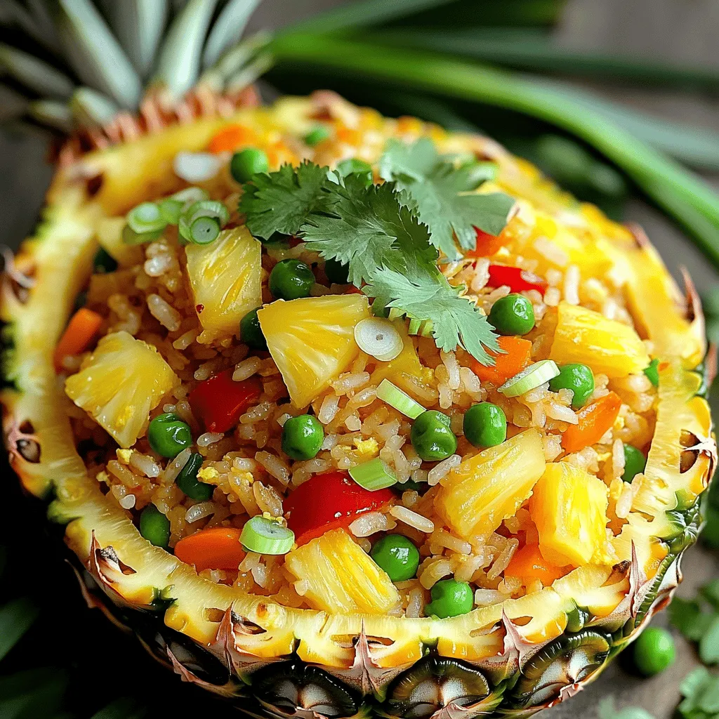 - 2 cups day-old jasmine rice - 1 cup fresh pineapple, diced - 1/2 cup bell pepper (red or yellow), diced - 1/2 cup peas and carrots (frozen mix is suitable) - 2 green onions, thinly sliced - 2 cloves garlic, minced - 2 tablespoons soy sauce - 1 tablespoon sesame oil - 1 tablespoon vegetable oil - 1/2 teaspoon ground black pepper - Salt, to taste - Optional garnish: Fresh cilantro or extra green onions When I make Easy Pineapple Fried Rice, I love using day-old jasmine rice. It works best because it’s dry and won’t clump. Fresh pineapple adds sweetness and a nice texture. Choose red or yellow bell pepper for color and crunch. Peas and carrots bring a pop of color and nutrition. Green onions give a fresh bite, and garlic adds depth. For cooking essentials, soy sauce brings umami. Sesame oil adds a rich, nutty flavor, while vegetable oil helps to fry everything nicely. I sprinkle in ground black pepper and salt to taste. Adjust these to make it perfect for your palate. Finally, garnishing with fresh cilantro or extra green onions makes the dish look bright and inviting. It’s these small touches that make a meal feel special. For the complete recipe, check out [Full Recipe]. To make great fried rice, use day-old rice. It has the right texture. If you must use fresh rice, spread it on a tray. Let it cool completely. This helps to dry it out. Dry rice fries better and won’t clump. Heat vegetable oil in a large skillet over medium-high heat. Add two minced garlic cloves. Sauté for about 30 seconds until it smells great. Be careful not to burn it! Next, add 1/2 cup of diced bell pepper, 1/2 cup of peas, and carrots. Stir-fry these for about 3-4 minutes. They should soften and look bright. Now, gently add 1 cup of diced pineapple. Stir for a minute to warm it up. The pineapple adds a sweet twist. Now it’s time to add the rice. Add 2 cups of day-old jasmine rice. Use a spatula to break apart any clumps. Then drizzle in 2 tablespoons of soy sauce and 1 tablespoon of sesame oil. Mix everything together well. Season it with 1/2 teaspoon of ground black pepper and salt to taste. Stir-fry for about 3-4 minutes. This helps the flavors mix. Finally, fold in 2 sliced green onions. Mix them until they are spread out. Your dish is ready to serve! Check out the Full Recipe for more details. Choosing the right rice is key. I love using jasmine rice. It has a lovely aroma and texture. Always use day-old rice when you can. Fresh rice can be too sticky. Day-old rice dries out a bit, which helps it fry better. Adjust the soy sauce to fit your taste. Start with less and add more if needed. You can also try different oils. Sesame oil adds a nice nutty flavor, while vegetable oil is a good base. Mix in seasonings like garlic powder or ginger for depth. Sauté at the right temperature. Too hot will burn your garlic; too low will make it soggy. Stir-frying is key for good texture. Keep the rice moving in the pan. This helps it fry evenly and prevents clumping. Enjoy the process as you create this tasty dish! {{image_4}} You can easily change the protein in your pineapple fried rice. Adding chicken or shrimp makes it heartier. Simply cook the protein first, then stir it in after the rice. If you want a vegetarian twist, use tofu. Firm tofu works best. Just cube it and pan-fry until golden. This adds a nice texture and flavor to the dish. Don't feel limited to just bell peppers or peas! You can mix in other veggies like carrots, corn, or broccoli. Seasonal produce can add freshness. In summer, use zucchini or bell peppers. In fall, try adding squash or sweet potatoes. These swaps keep your meal colorful and nutritious. For those who love heat, adding chili or hot sauce brings a spicy kick. You can mix in sriracha or a dash of soy sauce with chili. Want more heat? Incorporate fresh jalapeños, diced finely. Just a little can change the whole dish! Adjust according to your taste, and enjoy the added zing. To keep your Easy Pineapple Fried Rice fresh, store it in the fridge. Place the leftover fried rice in an airtight container. This helps prevent it from drying out. Make sure to cool it to room temperature before sealing it. This step keeps bacteria at bay. Aim to eat the rice within three to four days for the best taste. If you want to save your fried rice longer, consider freezing it. First, let it cool completely. Then, scoop it into freezer bags. Remove as much air as you can before sealing. This helps avoid freezer burn. When you're ready to eat, thaw it overnight in the fridge. To reheat, you can use a microwave or a skillet. Heat it on medium, stirring until hot. In the fridge, your Easy Pineapple Fried Rice lasts about three to four days. If you see any mold or smell something off, it’s best to throw it away. Signs of spoilage include a sour smell or changes in color. Always trust your senses. Eating spoiled food can make you sick. Enjoy your tasty meal while it’s fresh! For fried rice, I recommend using jasmine rice. It has a nice aroma and texture. Day-old jasmine rice works best. It is dry and fluffy, which prevents clumping. Other good options are basmati or long-grain rice. Both provide a light texture and absorb flavors well. Avoid using sticky rice. It tends to clump together and does not fry well. Yes, you can easily make this dish vegetarian. Simply swap out any meat for plant-based options. Tofu is a great choice. It adds protein and absorbs the flavors of the dish. You could also use tempeh or seitan. They give a nice texture and taste. For added nutrition, consider adding more veggies like mushrooms or bell peppers. Reheating leftover pineapple fried rice is simple and quick. The best way is to use a skillet. Heat a bit of oil over medium heat. Add the rice and stir often to avoid sticking. You can also add a splash of soy sauce for extra flavor. If you're short on time, use a microwave. Just cover the rice with a damp paper towel, and heat in short bursts. Yes, you can make this dish ahead of time. Prepare the fried rice and let it cool. Then, store it in an airtight container. Keep it in the fridge for up to three days. If you want to store it longer, freeze it. Just make sure to let it cool completely before freezing. When ready to eat, simply reheat it as described above. Enjoy the flavors without the rush! For the full recipe, check out the Tropical Delight: Easy Pineapple Fried Rice. In this post, we explored making delicious pineapple fried rice. We covered key ingredients, cooking steps, and helpful tips. You can enhance flavors and customize this dish easily. Remember to use day-old rice for the best results. Don’t hesitate to add proteins or seasonal veggies for variety. With proper storage, you can keep leftovers fresh. Enjoy creating this tasty meal that suits your taste. Happy cooking!