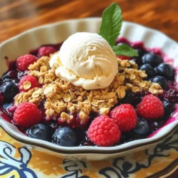 - 2 cups assorted berries (blueberries, raspberries, strawberries, and blackberries) - 1 cup granulated sugar, divided - 1 tablespoon fresh lemon juice - 1 tablespoon cornstarch - 1 teaspoon pure vanilla extract - 1 cup rolled oats - 1 cup all-purpose flour - 1/2 cup packed brown sugar - 1/2 teaspoon ground cinnamon - 1/2 cup unsalted butter, cold and cubed - Pinch of salt You can make this recipe fit your needs with easy swaps. Here are some ideas: - Gluten-free flour alternatives: Use almond flour or gluten-free all-purpose flour. - Sugar substitutes for a healthier option: Try coconut sugar or honey for a sweeter touch. - Dairy-free butter substitutes: Use coconut oil or a plant-based butter to keep it dairy-free. These swaps help you enjoy the crisp while matching your diet. You can easily adapt this recipe to fit your taste and lifestyle. For the full recipe, check the complete section above. - Preheat the oven to 350°F (175°C). - In a bowl, mix 2 cups of assorted berries. - Add 1/2 cup granulated sugar, 1 tablespoon lemon juice, 1 tablespoon cornstarch, and 1 teaspoon vanilla extract. - Gently toss everything together with a spatula. - Spread the berry mixture evenly in a greased 9x9-inch baking dish. - In a separate bowl, combine 1 cup rolled oats, 1 cup flour, 1/2 cup granulated sugar, 1/2 cup brown sugar, 1/2 teaspoon cinnamon, and a pinch of salt. - Mix the dry ingredients well. - Cut in 1/2 cup cubed butter until you see coarse crumbs form. - Layer the topping over the berry mixture in the dish. - Bake for 30 to 35 minutes, until the topping is golden brown. - Look for bubbling edges to know it’s ready. - Let it cool for about 10 minutes before serving. That’s it! You’ve made a delicious Summer Berry Crisp using this simple guide. For the full recipe, check back in the ingredients section! - How to choose ripe and fresh berries: Look for berries that are bright in color. They should feel firm but not hard. Check for any signs of mold or squished fruit. Avoid berries with dull skin. Fresh berries should smell sweet and fragrant. - The importance of seasonal berries for flavor: Seasonal berries taste much better. They are sweeter and have more juice. Use berries that are in season for the best flavor. This way, you support local farms too. - How to achieve the perfect crumb topping: The topping should be crumbly and golden. Use cold butter and mix it in well. This gives the topping a nice crunch. Don't overmix; a few lumps are okay. - Checking for doneness with visual cues: Your berry crisp is ready when the topping is golden brown. Look for bubbling around the edges. If the topping is dark brown, it may be overbaked. - Best ways to serve Summer Berry Crisp: Serve it warm right from the oven. Use individual bowls for a nice presentation. This makes it fun for everyone at the table. - Pairing options like ice cream or whipped cream: A scoop of vanilla ice cream adds creaminess. Fresh whipped cream is another great choice. Both options balance the tartness of the berries. You can even add a sprinkle of cinnamon on top for extra flavor. For the full recipe details, refer to the Summer Berry Crisp Delight. {{image_4}} You can make your Summer Berry Crisp even more exciting. One way is to add spices. Sprinkle in some nutmeg or cardamom to warm the flavors. Just a pinch can turn up the taste. You can also mix in nuts or seeds for extra crunch. Chopped almonds or walnuts add a nice texture. They make every bite more fun! The beauty of this recipe lies in its flexibility. You can mix and match your favorite summer berries. Use blueberries, strawberries, or raspberries. Each berry brings its own sweetness. If you want to enjoy this dish year-round, try frozen berries. They work great too, and maintain their flavor. If you have dietary needs, don’t worry! You can make this crisp gluten-free. Just swap regular flour for a gluten-free blend. For vegan options, use plant-based butter instead of regular butter. You can also reduce sugar by using natural sweeteners. This way, everyone can enjoy this delicious dessert! To store leftovers, let the crisp cool down first. Place it in an airtight container. You can keep it in the refrigerator for up to three days. The sweet berry filling and crunchy topping will stay fresh. To freeze your Summer Berry Crisp, allow it to cool completely. Cover it tightly with plastic wrap, then with foil. This prevents freezer burn and keeps it tasty. You can freeze it for up to three months. Reheating is easy. For best results, thaw the crisp overnight in the fridge before reheating. To keep the crispiness when reheating, use the oven. Preheat it to 350°F (175°C). Place the crisp on a baking sheet. Bake for about 10 to 15 minutes until warm and crispy again. If you’re in a hurry, you can use the microwave. However, the topping may not stay as crunchy. Heat it in short bursts, checking often. Enjoy your delicious Summer Berry Crisp! A berry crisp is a baked dessert made with fruit and a crumbly topping. It differs from a crumble, which has a similar topping but often lacks oats. A cobbler has a biscuit-like topping that covers the fruit. The fruit in a crisp cooks down and becomes sweet, while the topping gets crunchy. Yes, you can prepare the Summer Berry Crisp ahead. Mix the berry filling and place it in the dish. Make the topping and store it separately. Cover both with plastic wrap. You can keep them in the fridge for a day or two. Just assemble and bake when you're ready. The crisp is done when the topping is golden brown. You will see the filling bubbling around the edges. You can also smell the sweet berries and spices while it bakes. These signs mean it’s ready to come out of the oven. You can serve Summer Berry Crisp with a scoop of vanilla ice cream. Whipped cream is another great option. For a special touch, drizzle some dessert wine over it. You can also serve it with fresh mint leaves for a pop of color. In this blog post, we explored a delicious Summer Berry Crisp. You learned about the ingredients, including fresh berries, oats, and sugars. I shared tips for selecting the best berries and baking to perfection. You also discovered tasty variations and storage tips for leftovers. As you prepare your own berry crisp, remember to enjoy the process and get creative. This dessert is perfect for sharing and will bring joy to any gathering. Happy baking!