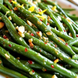 - 1 lb fresh green beans, thoroughly trimmed - 4 tablespoons unsalted butter - 4 cloves garlic, finely minced - 1 teaspoon freshly grated lemon zest - 1 tablespoon freshly squeezed lemon juice - 1/2 teaspoon red pepper flakes (optional) - Sea salt and freshly cracked black pepper to taste - 1/4 cup toasted almond slivers (garnish) Green beans are a great source of vitamins A, C, and K. They also provide fiber, which aids digestion. Garlic offers immune support and has antioxidant properties. Lemon adds vitamin C and helps enhance flavor. Together, these ingredients create a dish that is not just tasty but also good for you. To start, blanching green beans is key for great texture. First, bring a large pot of water to a boil. Add salt to the water. This step brings out the green beans’ natural flavor. Next, add the trimmed green beans to the boiling water. Blanch them for about 3-4 minutes. You want them tender but still crisp. Look for a bright green color. Once they are ready, drain the green beans. Then, immediately place them in a bowl of ice water. This cools them quickly and stops the cooking. Let them sit in the ice water for a few minutes. Afterward, drain them again and set aside. Now it’s time to cook. In a large skillet, melt the butter over medium heat. Watch closely until it starts to foam. This means it’s ready for the next step. Add the minced garlic to the melted butter. Sauté the garlic for about 2 minutes. You want it to smell fragrant and turn light golden. Once the garlic is ready, add the blanched green beans to the skillet. Toss them well to coat with the garlic butter. Let the beans cook for another 3-4 minutes. Stir gently to mix all the flavors together. Now for the finishing touches. Add the lemon zest and juice to the green beans. If you like a little heat, sprinkle in the red pepper flakes. Toss everything again to evenly coat the beans. Next, season with sea salt and black pepper to taste. This enhances all the flavors. To serve, transfer the garlic butter green beans to a pretty platter. For a special touch, sprinkle toasted almond slivers on top. This adds a nice crunch and visual appeal. You can find the full recipe for these delicious green beans in the earlier section. To boost the taste of garlic butter green beans, consider adding more spices. A pinch of smoked paprika brings warmth. Fresh herbs like thyme or parsley add a nice touch too. You can also mix in other ingredients. Sautéed mushrooms or cherry tomatoes can add depth. For a creamy twist, try adding a splash of cream or a sprinkle of cheese. When sautéing garlic, watch closely. Garlic burns fast and turns bitter. Melt your butter over medium heat and wait for it to foam. Then, add the garlic and stir. Sauté for only about two minutes. This way, the garlic will turn golden without burning. For the best tender-crisp texture, blanch the green beans first. Cook them in boiling water for 3-4 minutes. Then, cool them in ice water. This keeps their bright color and crunch. A common mistake is overcooking green beans. They should stay bright green and slightly firm. Always check them when blanching to avoid mushiness. Another mistake is under-seasoning. Don’t forget to taste and adjust salt and pepper. A little sea salt goes a long way in enhancing flavors. Remember, you can always add more seasoning, but you can't take it away! {{image_4}} You can switch up the fats in this dish. Try using olive oil for a lighter taste. Ghee offers a rich flavor that works well too. For a crunchy finish, swap the almond slivers for walnuts or pecans. Both will add a nice twist to your garlic butter green beans. Want to change the taste? Adding cheese can elevate this dish. Parmesan gives a salty kick, while feta adds a creamy touch. You can also mix in other veggies. Carrots bring sweetness, while bell peppers add color and crunch. These swaps keep the dish fresh and exciting. For a vegan version, use plant-based butter. This keeps the flavor while making it dairy-free. If you need gluten-free options, check all your ingredients. Most items in this recipe are naturally gluten-free, so you can enjoy them without worry. To keep your garlic butter green beans fresh in the fridge, follow these steps: - Allow the beans to cool to room temperature. - Place them in an airtight container. - Ensure the lid is sealed tightly. This method helps preserve flavor and texture. I recommend using glass containers, as they do not absorb odors. You can also use BPA-free plastic containers if glass is not available. To reheat without losing texture, I suggest two methods: - Skillet: Heat a bit of butter or olive oil in a skillet over medium heat. Add the beans and stir until warmed through. This keeps them crisp. - Microwave: Place beans in a microwave-safe dish. Add a few drops of water and cover with a lid. Heat for 30 seconds, then stir. Repeat until warm. The skillet method often gives better results. Yes, you can freeze cooked garlic butter green beans! For the best quality: - Cool the beans completely before freezing. - Use freezer-safe bags or containers. Squeeze out as much air as possible. - Label the bags with the date. This way, you can enjoy them for up to three months. When ready to eat, thaw in the fridge overnight or microwave them directly from the freezer. To keep green beans bright green, use blanching. Blanching means boiling the beans briefly. Here’s how to do it: - Bring a large pot of water to a rolling boil. - Add a lot of salt to the water. - Carefully add the trimmed green beans. - Boil them for 3-4 minutes. - Drain the beans and plunge them into ice water right away. This stops the cooking and keeps the beans crisp and colorful. Yes, you can prepare garlic butter green beans ahead of time. Here are some tips for meal prep: - Blanch the green beans and cool them as mentioned. - Store them in an airtight container in the fridge for up to 3 days. - When you are ready to eat, sauté them with garlic and butter. This makes it easy to enjoy this dish any day of the week. Green beans are very healthy! They are low in calories and rich in nutrients. Here are some benefits: - They provide vitamins A, C, and K. - They have fiber, which is good for digestion. - They are full of antioxidants, which help fight disease. Including green beans in your diet adds both taste and health. Garlic butter green beans pair well with many main dishes and sides. Here are some tasty options: - Grilled chicken or steak adds protein. - Roasted fish complements the flavors well. - You can serve them with rice or quinoa for a filling meal. These combinations create a balanced and delicious dinner. Cutting green beans correctly helps them cook evenly. Here are my tips: - Use a sharp knife or kitchen scissors. - Trim off both ends of each bean. - Cut the beans into 2-inch pieces for even cooking. This simple process makes your beans ready for any dish. We covered a simple recipe for garlic butter green beans, from ingredients to cooking tips. These beans are tasty and healthy, packed with vitamins. You learned how to prepare, season, and serve them right. Remember, blanching keeps their color bright. Don’t skip the garlic or lemon; they add great flavor. Try swapping ingredients to make the dish your own. With these tips, your green beans will impress. Enjoy your cooking adventure and explore your kitchen creativity!