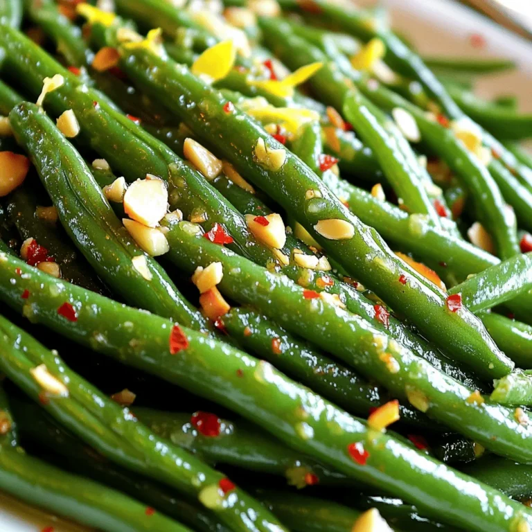 - 1 lb fresh green beans, thoroughly trimmed - 4 tablespoons unsalted butter - 4 cloves garlic, finely minced - 1 teaspoon freshly grated lemon zest - 1 tablespoon freshly squeezed lemon juice - 1/2 teaspoon red pepper flakes (optional) - Sea salt and freshly cracked black pepper to taste - 1/4 cup toasted almond slivers (garnish) Green beans are a great source of vitamins A, C, and K. They also provide fiber, which aids digestion. Garlic offers immune support and has antioxidant properties. Lemon adds vitamin C and helps enhance flavor. Together, these ingredients create a dish that is not just tasty but also good for you. To start, blanching green beans is key for great texture. First, bring a large pot of water to a boil. Add salt to the water. This step brings out the green beans’ natural flavor. Next, add the trimmed green beans to the boiling water. Blanch them for about 3-4 minutes. You want them tender but still crisp. Look for a bright green color. Once they are ready, drain the green beans. Then, immediately place them in a bowl of ice water. This cools them quickly and stops the cooking. Let them sit in the ice water for a few minutes. Afterward, drain them again and set aside. Now it’s time to cook. In a large skillet, melt the butter over medium heat. Watch closely until it starts to foam. This means it’s ready for the next step. Add the minced garlic to the melted butter. Sauté the garlic for about 2 minutes. You want it to smell fragrant and turn light golden. Once the garlic is ready, add the blanched green beans to the skillet. Toss them well to coat with the garlic butter. Let the beans cook for another 3-4 minutes. Stir gently to mix all the flavors together. Now for the finishing touches. Add the lemon zest and juice to the green beans. If you like a little heat, sprinkle in the red pepper flakes. Toss everything again to evenly coat the beans. Next, season with sea salt and black pepper to taste. This enhances all the flavors. To serve, transfer the garlic butter green beans to a pretty platter. For a special touch, sprinkle toasted almond slivers on top. This adds a nice crunch and visual appeal. You can find the full recipe for these delicious green beans in the earlier section. To boost the taste of garlic butter green beans, consider adding more spices. A pinch of smoked paprika brings warmth. Fresh herbs like thyme or parsley add a nice touch too. You can also mix in other ingredients. Sautéed mushrooms or cherry tomatoes can add depth. For a creamy twist, try adding a splash of cream or a sprinkle of cheese. When sautéing garlic, watch closely. Garlic burns fast and turns bitter. Melt your butter over medium heat and wait for it to foam. Then, add the garlic and stir. Sauté for only about two minutes. This way, the garlic will turn golden without burning. For the best tender-crisp texture, blanch the green beans first. Cook them in boiling water for 3-4 minutes. Then, cool them in ice water. This keeps their bright color and crunch. A common mistake is overcooking green beans. They should stay bright green and slightly firm. Always check them when blanching to avoid mushiness. Another mistake is under-seasoning. Don’t forget to taste and adjust salt and pepper. A little sea salt goes a long way in enhancing flavors. Remember, you can always add more seasoning, but you can't take it away! {{image_4}} You can switch up the fats in this dish. Try using olive oil for a lighter taste. Ghee offers a rich flavor that works well too. For a crunchy finish, swap the almond slivers for walnuts or pecans. Both will add a nice twist to your garlic butter green beans. Want to change the taste? Adding cheese can elevate this dish. Parmesan gives a salty kick, while feta adds a creamy touch. You can also mix in other veggies. Carrots bring sweetness, while bell peppers add color and crunch. These swaps keep the dish fresh and exciting. For a vegan version, use plant-based butter. This keeps the flavor while making it dairy-free. If you need gluten-free options, check all your ingredients. Most items in this recipe are naturally gluten-free, so you can enjoy them without worry. To keep your garlic butter green beans fresh in the fridge, follow these steps: - Allow the beans to cool to room temperature. - Place them in an airtight container. - Ensure the lid is sealed tightly. This method helps preserve flavor and texture. I recommend using glass containers, as they do not absorb odors. You can also use BPA-free plastic containers if glass is not available. To reheat without losing texture, I suggest two methods: - Skillet: Heat a bit of butter or olive oil in a skillet over medium heat. Add the beans and stir until warmed through. This keeps them crisp. - Microwave: Place beans in a microwave-safe dish. Add a few drops of water and cover with a lid. Heat for 30 seconds, then stir. Repeat until warm. The skillet method often gives better results. Yes, you can freeze cooked garlic butter green beans! For the best quality: - Cool the beans completely before freezing. - Use freezer-safe bags or containers. Squeeze out as much air as possible. - Label the bags with the date. This way, you can enjoy them for up to three months. When ready to eat, thaw in the fridge overnight or microwave them directly from the freezer. To keep green beans bright green, use blanching. Blanching means boiling the beans briefly. Here’s how to do it: - Bring a large pot of water to a rolling boil. - Add a lot of salt to the water. - Carefully add the trimmed green beans. - Boil them for 3-4 minutes. - Drain the beans and plunge them into ice water right away. This stops the cooking and keeps the beans crisp and colorful. Yes, you can prepare garlic butter green beans ahead of time. Here are some tips for meal prep: - Blanch the green beans and cool them as mentioned. - Store them in an airtight container in the fridge for up to 3 days. - When you are ready to eat, sauté them with garlic and butter. This makes it easy to enjoy this dish any day of the week. Green beans are very healthy! They are low in calories and rich in nutrients. Here are some benefits: - They provide vitamins A, C, and K. - They have fiber, which is good for digestion. - They are full of antioxidants, which help fight disease. Including green beans in your diet adds both taste and health. Garlic butter green beans pair well with many main dishes and sides. Here are some tasty options: - Grilled chicken or steak adds protein. - Roasted fish complements the flavors well. - You can serve them with rice or quinoa for a filling meal. These combinations create a balanced and delicious dinner. Cutting green beans correctly helps them cook evenly. Here are my tips: - Use a sharp knife or kitchen scissors. - Trim off both ends of each bean. - Cut the beans into 2-inch pieces for even cooking. This simple process makes your beans ready for any dish. We covered a simple recipe for garlic butter green beans, from ingredients to cooking tips. These beans are tasty and healthy, packed with vitamins. You learned how to prepare, season, and serve them right. Remember, blanching keeps their color bright. Don’t skip the garlic or lemon; they add great flavor. Try swapping ingredients to make the dish your own. With these tips, your green beans will impress. Enjoy your cooking adventure and explore your kitchen creativity!