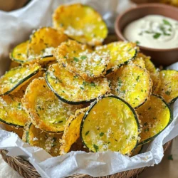 - 2 medium zucchinis - 1 cup whole grain breadcrumbs - 1/2 cup freshly grated Parmesan cheese - 1 teaspoon garlic powder - 1 teaspoon onion powder - 1 teaspoon dried oregano - 1/2 teaspoon paprika - Salt and freshly cracked black pepper to taste - 1 large egg - Cooking spray or a drizzle of olive oil for enhanced crispiness Each serving of these baked zucchini chips has about 130 calories. They contain roughly 15 grams of carbohydrates, 5 grams of protein, and 6 grams of fat. Zucchini is low in calories and high in nutrients. It provides vitamins A and C, which are great for your skin and immune system. Eating zucchini may help with digestion due to its fiber content. Plus, it is full of antioxidants that support your overall health. Enjoy these chips as a guilt-free snack! - Preheat your oven to 425°F (220°C). - Prepare a baking sheet with parchment paper. - Rinse the zucchinis under cool water. - Dry them with a towel. - Slice the zucchinis into thin rounds, about 1/8 inch thick, using a mandoline. - In a bowl, mix the breadcrumbs, Parmesan, garlic powder, onion powder, oregano, paprika, salt, and pepper. - In a separate bowl, beat the egg until mixed. - Dip each zucchini slice into the egg, letting excess drip off. - Coat the slice with the breadcrumb mix, pressing down gently. - Arrange the breaded zucchini on the baking sheet without overlapping. - Optionally, mist them with cooking spray or drizzle with olive oil for extra crunch. - Bake for 20-25 minutes, flipping the chips halfway through. Make sure to check them as they bake. They should turn golden brown and crispy. Enjoy your crispy baked zucchini chips! For the full recipe, check out the details above. To get crispy zucchini chips, start with uniform thickness. Slice your zucchinis to about 1/8 inch thick. A mandoline slicer helps achieve even cuts. This tool makes your job simpler and gives great results. After slicing, mist the chips with oil. This adds a nice crunch and helps them brown evenly. Add some spice to your chips! Consider cayenne for heat or Italian herbs for a classic touch. You can also try panko breadcrumbs instead of regular ones. Panko gives an extra crunch that many people love. Mixing in different spices can change the flavor profile, making it fun. For dipping, tzatziki and spicy mayo work best. These sauces pair well with the zucchini's light taste. When serving, try creative plating ideas. A rustic basket lined with parchment paper looks great and keeps things tidy. You can also use a chic plate for a more modern look. {{image_4}} You can make baked zucchini chips even better by adding seasonal veggies. Try using sweet potatoes or eggplant for a fun twist. These vegetables have their own unique flavors, making your chips more exciting. You can also swap out spices to create different tastes. For a spicy kick, try adding cayenne pepper. Want something earthy? Use smoked paprika instead. The choice is yours! If you need gluten-free options, almond flour works well. You can also use gluten-free breadcrumbs for a similar crunch. For those who want a vegan version, substitute the egg with flaxseed meal. Mix one tablespoon of flaxseed meal with three tablespoons of water. Let it sit for a few minutes until it thickens. This mix makes a great binder for your zucchini chips. You can choose between air frying or baking for your chips. Air frying gives them a crisp texture in less time. Just remember to monitor the cooking time closely. If you use a dehydrator, slice your zucchini even thinner. This method helps preserve their flavor while making them crispy. Keep the temperature low for best results. To keep your baked zucchini chips fresh, store them in an airtight container. Place a paper towel inside to absorb moisture. This helps maintain their crispiness. Store them in the refrigerator for up to three days. For the best results, reheat your zucchini chips in the oven. Preheat the oven to 350°F (175°C). Place the chips on a baking sheet and heat for about 10 minutes. This will make them crispy again. If you're in a hurry, use the microwave. Place chips on a plate and heat for 20-30 seconds. Note that this method may not keep them crispy. To freeze your zucchini chips, ensure they are completely cool. Spread them in a single layer on a baking sheet and freeze for about an hour. Once frozen, transfer them to a freezer bag. Remove as much air as possible to prevent freezer burn. You can store them this way for up to two months. When you're ready to eat, bake them straight from the freezer. Reheat in the oven at 350°F (175°C) for 15 minutes to restore their crunch. To make your baked zucchini chips crispy, start by slicing them thin. Aim for 1/8 inch thick. A mandoline slicer helps with even cuts. After slicing, pat the zucchini dry with a towel. This removes extra moisture. Next, coat them well in the egg and breadcrumb mix. A light mist of cooking spray or a drizzle of olive oil on top also helps. Bake them at 425°F (220°C) until golden brown, flipping halfway through. Yes, you can make baked zucchini chips in advance. After baking, let them cool completely. Store the chips in an airtight container. They can last for a few days. However, they may lose some crispiness. To restore crunch, simply reheat them in the oven for a few minutes before serving. Baked zucchini chips pair wonderfully with various dipping sauces. Some tasty options include: - Tzatziki - Spicy mayo - Hummus - Ranch dressing Feel free to get creative! You can mix flavors to find your favorite. Homemade baked zucchini chips can last for about 3 to 5 days when stored properly. Keep them in an airtight container at room temperature. If they start to lose their crunch, you can re-crisp them in the oven. Using frozen zucchini for chips is not ideal. Frozen zucchini has more water and may become mushy when baked. Fresh zucchini gives the best texture and flavor. If you only have frozen, try to thaw and pat them dry before baking, but the outcome may vary. For the best results, use fresh zucchini as in the full recipe. In this post, we explored how to make delicious baked zucchini chips. You learned the ingredients, step-by-step instructions, and tips for perfect crispiness. We discussed variations and how to store your leftovers. These chips are not only tasty but also healthy. You can enjoy them with different dips or spices. Making your own snacks is simple and rewarding. Now, it's time to experiment and make this recipe your own!