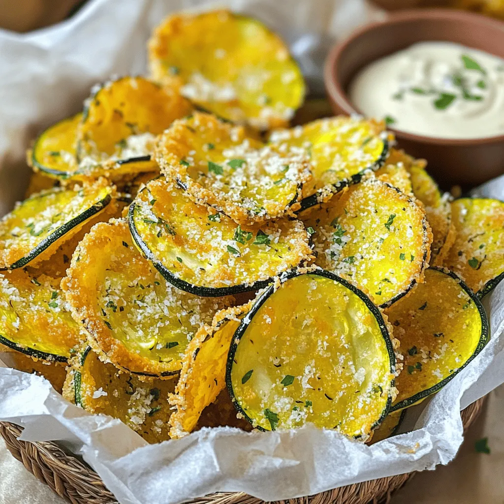 - 2 medium zucchinis - 1 cup whole grain breadcrumbs - 1/2 cup freshly grated Parmesan cheese - 1 teaspoon garlic powder - 1 teaspoon onion powder - 1 teaspoon dried oregano - 1/2 teaspoon paprika - Salt and freshly cracked black pepper to taste - 1 large egg - Cooking spray or a drizzle of olive oil for enhanced crispiness Each serving of these baked zucchini chips has about 130 calories. They contain roughly 15 grams of carbohydrates, 5 grams of protein, and 6 grams of fat. Zucchini is low in calories and high in nutrients. It provides vitamins A and C, which are great for your skin and immune system. Eating zucchini may help with digestion due to its fiber content. Plus, it is full of antioxidants that support your overall health. Enjoy these chips as a guilt-free snack! - Preheat your oven to 425°F (220°C). - Prepare a baking sheet with parchment paper. - Rinse the zucchinis under cool water. - Dry them with a towel. - Slice the zucchinis into thin rounds, about 1/8 inch thick, using a mandoline. - In a bowl, mix the breadcrumbs, Parmesan, garlic powder, onion powder, oregano, paprika, salt, and pepper. - In a separate bowl, beat the egg until mixed. - Dip each zucchini slice into the egg, letting excess drip off. - Coat the slice with the breadcrumb mix, pressing down gently. - Arrange the breaded zucchini on the baking sheet without overlapping. - Optionally, mist them with cooking spray or drizzle with olive oil for extra crunch. - Bake for 20-25 minutes, flipping the chips halfway through. Make sure to check them as they bake. They should turn golden brown and crispy. Enjoy your crispy baked zucchini chips! For the full recipe, check out the details above. To get crispy zucchini chips, start with uniform thickness. Slice your zucchinis to about 1/8 inch thick. A mandoline slicer helps achieve even cuts. This tool makes your job simpler and gives great results. After slicing, mist the chips with oil. This adds a nice crunch and helps them brown evenly. Add some spice to your chips! Consider cayenne for heat or Italian herbs for a classic touch. You can also try panko breadcrumbs instead of regular ones. Panko gives an extra crunch that many people love. Mixing in different spices can change the flavor profile, making it fun. For dipping, tzatziki and spicy mayo work best. These sauces pair well with the zucchini's light taste. When serving, try creative plating ideas. A rustic basket lined with parchment paper looks great and keeps things tidy. You can also use a chic plate for a more modern look. {{image_4}} You can make baked zucchini chips even better by adding seasonal veggies. Try using sweet potatoes or eggplant for a fun twist. These vegetables have their own unique flavors, making your chips more exciting. You can also swap out spices to create different tastes. For a spicy kick, try adding cayenne pepper. Want something earthy? Use smoked paprika instead. The choice is yours! If you need gluten-free options, almond flour works well. You can also use gluten-free breadcrumbs for a similar crunch. For those who want a vegan version, substitute the egg with flaxseed meal. Mix one tablespoon of flaxseed meal with three tablespoons of water. Let it sit for a few minutes until it thickens. This mix makes a great binder for your zucchini chips. You can choose between air frying or baking for your chips. Air frying gives them a crisp texture in less time. Just remember to monitor the cooking time closely. If you use a dehydrator, slice your zucchini even thinner. This method helps preserve their flavor while making them crispy. Keep the temperature low for best results. To keep your baked zucchini chips fresh, store them in an airtight container. Place a paper towel inside to absorb moisture. This helps maintain their crispiness. Store them in the refrigerator for up to three days. For the best results, reheat your zucchini chips in the oven. Preheat the oven to 350°F (175°C). Place the chips on a baking sheet and heat for about 10 minutes. This will make them crispy again. If you're in a hurry, use the microwave. Place chips on a plate and heat for 20-30 seconds. Note that this method may not keep them crispy. To freeze your zucchini chips, ensure they are completely cool. Spread them in a single layer on a baking sheet and freeze for about an hour. Once frozen, transfer them to a freezer bag. Remove as much air as possible to prevent freezer burn. You can store them this way for up to two months. When you're ready to eat, bake them straight from the freezer. Reheat in the oven at 350°F (175°C) for 15 minutes to restore their crunch. To make your baked zucchini chips crispy, start by slicing them thin. Aim for 1/8 inch thick. A mandoline slicer helps with even cuts. After slicing, pat the zucchini dry with a towel. This removes extra moisture. Next, coat them well in the egg and breadcrumb mix. A light mist of cooking spray or a drizzle of olive oil on top also helps. Bake them at 425°F (220°C) until golden brown, flipping halfway through. Yes, you can make baked zucchini chips in advance. After baking, let them cool completely. Store the chips in an airtight container. They can last for a few days. However, they may lose some crispiness. To restore crunch, simply reheat them in the oven for a few minutes before serving. Baked zucchini chips pair wonderfully with various dipping sauces. Some tasty options include: - Tzatziki - Spicy mayo - Hummus - Ranch dressing Feel free to get creative! You can mix flavors to find your favorite. Homemade baked zucchini chips can last for about 3 to 5 days when stored properly. Keep them in an airtight container at room temperature. If they start to lose their crunch, you can re-crisp them in the oven. Using frozen zucchini for chips is not ideal. Frozen zucchini has more water and may become mushy when baked. Fresh zucchini gives the best texture and flavor. If you only have frozen, try to thaw and pat them dry before baking, but the outcome may vary. For the best results, use fresh zucchini as in the full recipe. In this post, we explored how to make delicious baked zucchini chips. You learned the ingredients, step-by-step instructions, and tips for perfect crispiness. We discussed variations and how to store your leftovers. These chips are not only tasty but also healthy. You can enjoy them with different dips or spices. Making your own snacks is simple and rewarding. Now, it's time to experiment and make this recipe your own!