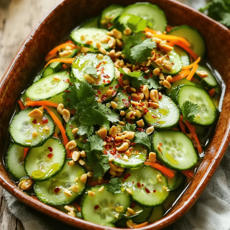 - 2 large cucumbers, thinly sliced into rounds - 1 red bell pepper, cut into thin strips (julienne) - 1/2 cup shredded carrots (about 1 medium carrot) - 1 tablespoon fish sauce (or soy sauce for a vegetarian option) - 1 tablespoon granulated sugar - 1 teaspoon chili flakes (adjust to taste for spiciness) - 1/4 cup fresh cilantro, finely chopped - 1/4 cup roasted peanuts, roughly crushed - Lime wedges When I make Spicy Thai Cucumber Salad, I focus on fresh ingredients. The cucumbers bring a cool crunch. The bell pepper adds a sweet touch, while the carrots give color and texture. In my pantry, I always have fish sauce or soy sauce. These add depth to the dressing. Granulated sugar balances the heat from the chili flakes. I adjust the spice level to my taste, using more or less chili as needed. For garnishes, I love to sprinkle fresh cilantro on top. It brightens the dish with a fresh taste. Crushed roasted peanuts add a satisfying crunch. A squeeze of lime enhances the flavors even more. If you want the full recipe, you can find it easily! Enjoy making this vibrant and tasty salad. Slicing Cucumbers Start by taking your large cucumbers. Wash them well. Slice them into thin rounds. Aim for about a quarter-inch thick. This will help them soak up the flavors. Preparing Bell Pepper Next, grab your red bell pepper. Cut off the top and bottom. Remove the seeds and membrane. Julienne the pepper into thin strips. This adds a nice crunch and color. Shredding Carrots Now, take your medium-sized carrot. Peel it first. Then, shred it using a box grater or a food processor. You want fine pieces that mix well with the other veggies. Whisking Ingredients Together In a small bowl, combine the fresh lime juice, fish sauce (or soy sauce), and granulated sugar. Add chili flakes and a pinch of salt. Whisk these ingredients until the sugar dissolves completely. This dressing packs a punch. Adjusting for Taste Taste your dressing. If it’s too salty, add more lime juice. If you want it spicier, add extra chili flakes. Adjust until you love the flavor. Mixing Vegetables and Dressing In a large mixing bowl, add the sliced cucumbers, bell pepper, and shredded carrots. Drizzle the dressing over the veggies. Toss them gently to coat everything well. Letting Salad Rest Allow your salad to rest for about 10 minutes. This lets the veggies soak in the dressing. You’ll notice the flavors blend beautifully. Garnishing before Serving Just before serving, sprinkle chopped cilantro and crushed peanuts on top. This adds a fresh touch and crunch. Serve your Spicy Thai Cucumber Salad in a shallow dish. Enjoy the burst of flavors! For the full recipe, check out the details above. Adjusting Spiciness Levels You can easily control the heat in your spicy Thai cucumber salad. Start with one teaspoon of chili flakes. Taste the salad after mixing. If you want more heat, add more chili flakes. Mix again and taste. This way, you can get the spice just right for your liking. Importance of Fresh Ingredients Fresh ingredients make a big difference. Use crisp cucumbers and bright red bell peppers. Fresh cilantro adds a lovely aroma. When you use fresh veggies, the salad tastes better and looks colorful. Make sure to pick the best ingredients for the best flavor. Serving Dish Recommendations Choose a shallow dish for serving. This allows the vibrant colors to shine. A clear glass bowl can also be nice. It lets you see all the beautiful layers inside. Serving in a nice dish makes the salad more inviting. Garnishing Options Garnishing adds a special touch. Sprinkle extra cilantro on top for a fresh look. You can also add more crushed peanuts for crunch. A few lime wedges on the side can brighten the plate. These simple garnishes make your salad look beautiful and taste even better. Overdressing Salad Be careful not to add too much dressing. Too much can make the salad soggy. Start with half the dressing, then mix. Taste the salad and add more if needed. This keeps the veggies crisp and fresh. Not Allowing Flavors to Meld Letting the salad sit is key. After mixing, let it rest for about 10 minutes. This helps the flavors combine well. If you skip this step, the salad may taste bland. Allowing time for flavors to meld makes a delicious difference. For the full recipe, check the earlier sections. Enjoy making this dish! {{image_4}} You can make this salad even more exciting by adding different vegetables. Try using thinly sliced radishes for a spicy crunch. Cherry tomatoes add a sweet touch, while sliced green onions bring a fresh bite. Feel free to mix in some shredded cabbage for extra texture. Incorporating proteins can turn this salad into a meal. Grilled chicken or shrimp pairs well with the fresh flavors. For a vegetarian option, add chickpeas or tofu. These additions will make the salad heartier and more filling. For those who follow a vegetarian or vegan diet, simply swap fish sauce for soy sauce. This change keeps the flavor while making it plant-based. You can also use coconut aminos for a soy-free option. This makes the salad suitable for various diets. If you need a gluten-free option, ensure you use gluten-free soy sauce or fish sauce. Most of the other ingredients are naturally gluten-free. This makes the salad a great choice for everyone. Different regions in Thailand use unique ingredients. Some might add mango for a sweet twist or use Thai basil instead of cilantro. These local touches can change the flavor profile, making it even more authentic. Fusion versions of the salad can be fun to explore. Try adding avocado for a creamy texture or using a spicy peanut dressing. Mixing flavors from different cuisines can bring a new life to this classic dish. For the full recipe, check [Full Recipe]. To keep your Spicy Thai Cucumber Salad fresh, store it in the fridge. Place the leftovers in an airtight container. This helps maintain the crispness of the vegetables. You can use glass or plastic containers. Just ensure they seal tightly. How long does the salad last? If stored properly, it lasts about 3 days. After that, the cucumber can become soggy. Signs of spoilage include an off smell and a mushy texture. If you notice these, it’s best to toss the salad. You can get creative with leftover salad. Try mixing it into a stir-fry or wrapping it in rice paper for fresh rolls. Another fun idea is to blend it into a dressing. Just add some yogurt or mayo for a tasty dip. This way, you can enjoy the salad in new forms. You can use soy sauce as a great vegetarian option. It gives a similar salty taste. Another option is tamari, which is gluten-free. If you want more depth, add a little lime juice or a dash of miso. This can balance flavors well. Taste Considerations Fish sauce adds umami and depth. Soy sauce is less salty and has a different flavor. Adjust your other ingredients to make up for this change. Try adding a bit more lime juice for brightness. Yes, you can prepare the salad a few hours before serving. Just make sure to keep the dressing separate until you are ready to serve. Preparation Tips Chop all the veggies and mix them in a bowl. Store them in the fridge. Make the dressing in a jar and keep it chilled. This keeps everything fresh. Storage Recommendations Use an airtight container to store the salad. It stays good for about two days. Just remember, the veggies may get softer over time. The salad can be very spicy, but you can adjust it to your taste. Start with less chili flakes and add more if you want. Adjusting Spiciness to Personal Preference If you like it milder, use half a teaspoon of chili flakes. You can also skip them altogether if you prefer no heat. Tips for Reducing Heat Add more cucumbers or carrots to balance the spice. You can also mix in some yogurt or sour cream for a cooling effect. This adds creaminess too! In this blog post, we explored the key ingredients for a tasty Spicy Thai Cucumber Salad. We also covered how to prepare the vegetables and make a simple dressing. I shared tips to enhance flavor and avoid common mistakes. We discussed various recipe variations and best storage practices. This salad is quick, fresh, and easy to adapt. Have fun experimenting with your own twists! Enjoy creating a dish that suits your taste!